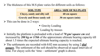  The thickness of this M.S plate varies for different soils as follows:
 This can be done in 2 ways:
 Gravity Loading
 Loading by trusses
 Initially the platform is preloaded with a load of 70 gm/ square cm and
increased by 200 kg or 1/5th of the approximate ultimate bearing capacity till
about 1.5 times the expected ultimate bearing capacity is reached.
 The settlements are recorded with 0.02 mm accuracy by using 2 dial
gauges. The settlement of the soil should be observed at equal intervals of
time. For clayey soils the ‘time – settlement’ graph is drawn.
SOIL TYPE AREA / SIZE OF M.S PLATE
Clayey, sandy and silty soil 60 cm square
Gravely and Dense sandy soil 30 cm square (min)
 