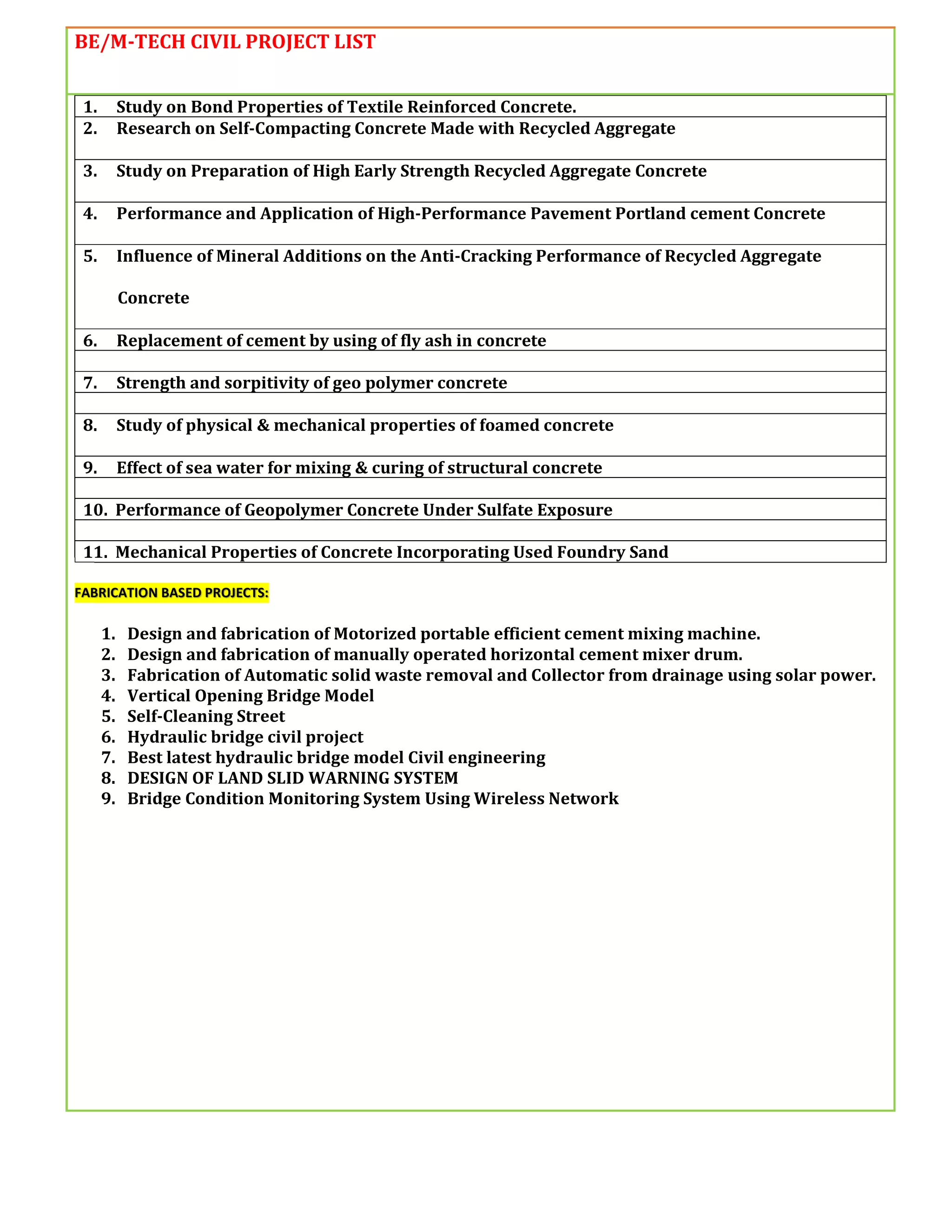 BE/M-TECH CIVIL PROJECT LIST
1. Study on Bond Properties of Textile Reinforced Concrete.
2. Research on Self-Compacting Concrete Made with Recycled Aggregate
3. Study on Preparation of High Early Strength Recycled Aggregate Concrete
4. Performance and Application of High-Performance Pavement Portland cement Concrete
5. Influence of Mineral Additions on the Anti-Cracking Performance of Recycled Aggregate
Concrete
6. Replacement of cement by using of fly ash in concrete
7. Strength and sorpitivity of geo polymer concrete
8. Study of physical & mechanical properties of foamed concrete
9. Effect of sea water for mixing & curing of structural concrete
10. Performance of Geopolymer Concrete Under Sulfate Exposure
11. Mechanical Properties of Concrete Incorporating Used Foundry Sand
FABRICATION BASED PROJECTS:
1. Design and fabrication of Motorized portable efficient cement mixing machine.
2. Design and fabrication of manually operated horizontal cement mixer drum.
3. Fabrication of Automatic solid waste removal and Collector from drainage using solar power.
4. Vertical Opening Bridge Model
5. Self-Cleaning Street
6. Hydraulic bridge civil project
7. Best latest hydraulic bridge model Civil engineering
8. DESIGN OF LAND SLID WARNING SYSTEM
9. Bridge Condition Monitoring System Using Wireless Network
 