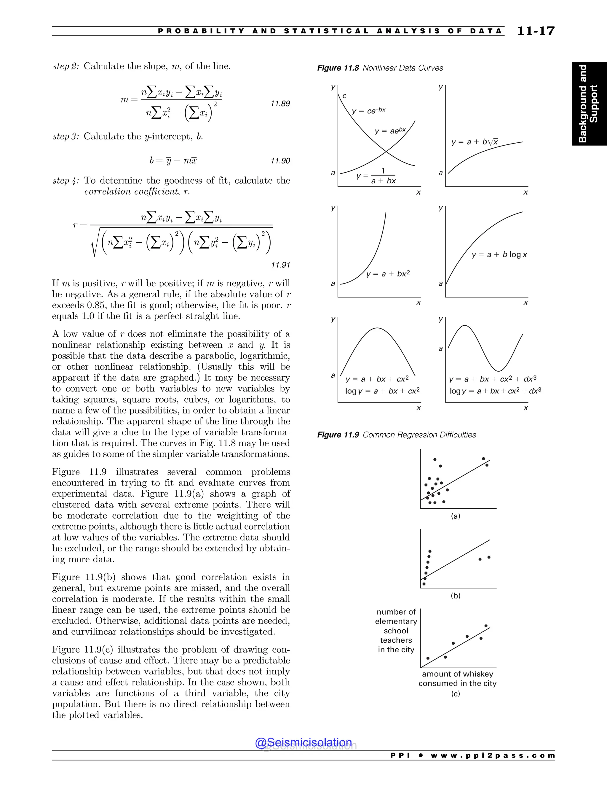 step 2: Calculate the slope, m, of the line.
m ¼
nåxiyi % åxiåyi
nåx2
i %
#
åxi
$2 11:89
step 3: Calculate the y-intercept, b.
b ¼ y % mx 11:90
step 4: To determine the goodness of fit, calculate the
correlation coefficient, r.
r ¼
nåxiyi % åxiåyi
ﬃﬃﬃﬃﬃﬃﬃﬃﬃﬃﬃﬃﬃﬃﬃﬃﬃﬃﬃﬃﬃﬃﬃﬃﬃﬃﬃﬃﬃﬃﬃﬃﬃﬃﬃﬃﬃﬃﬃﬃﬃﬃﬃﬃﬃﬃﬃﬃﬃﬃﬃﬃﬃﬃﬃﬃﬃﬃﬃﬃﬃﬃﬃﬃﬃﬃﬃﬃﬃﬃﬃﬃﬃﬃﬃﬃﬃﬃﬃﬃﬃﬃﬃﬃ
%
nåx2
i %
#
åxi
$2
%
nåy2
i %
#
åyi
$2

s
11:91
If m is positive, r will be positive; if m is negative, r will
be negative. As a general rule, if the absolute value of r
exceeds 0.85, the fit is good; otherwise, the fit is poor. r
equals 1.0 if the fit is a perfect straight line.
A low value of r does not eliminate the possibility of a
nonlinear relationship existing between x and y. It is
possible that the data describe a parabolic, logarithmic,
or other nonlinear relationship. (Usually this will be
apparent if the data are graphed.) It may be necessary
to convert one or both variables to new variables by
taking squares, square roots, cubes, or logarithms, to
name a few of the possibilities, in order to obtain a linear
relationship. The apparent shape of the line through the
data will give a clue to the type of variable transforma-
tion that is required. The curves in Fig. 11.8 may be used
as guides to some of the simpler variable transformations.
Figure 11.9 illustrates several common problems
encountered in trying to fit and evaluate curves from
experimental data. Figure 11.9(a) shows a graph of
clustered data with several extreme points. There will
be moderate correlation due to the weighting of the
extreme points, although there is little actual correlation
at low values of the variables. The extreme data should
be excluded, or the range should be extended by obtain-
ing more data.
Figure 11.9(b) shows that good correlation exists in
general, but extreme points are missed, and the overall
correlation is moderate. If the results within the small
linear range can be used, the extreme points should be
excluded. Otherwise, additional data points are needed,
and curvilinear relationships should be investigated.
Figure 11.9(c) illustrates the problem of drawing con-
clusions of cause and effect. There may be a predictable
relationship between variables, but that does not imply
a cause and effect relationship. In the case shown, both
variables are functions of a third variable, the city
population. But there is no direct relationship between
the plotted variables.
Figure 11.8 Nonlinear Data Curves
Z
B
Y
ZDFoCY
ZBFCY
Z

BCY
Z
B
Y
ZBCY
ZBCY
ZBCYDY ZBCYDYEY
MPHZBCYDYEY
MPHZBCYDY
ZBCMPHY
Z
B
Y
Z
B
B
B
Y
Z
Y
Z
Y

D
Figure 11.9 Common Regression Difficulties
(a)
(b)
(c)
amount of whiskey
consumed in the city
number of
elementary
school
teachers
in the city
P P I * w w w . p p i 2 p a s s . c o m
P R O B A B I L I T Y A N D S T A T I S T I C A L A N A L Y S I S O F D A T A 11-17
Background
and
Support
@Seismicisolation
@Seismicisolation
 