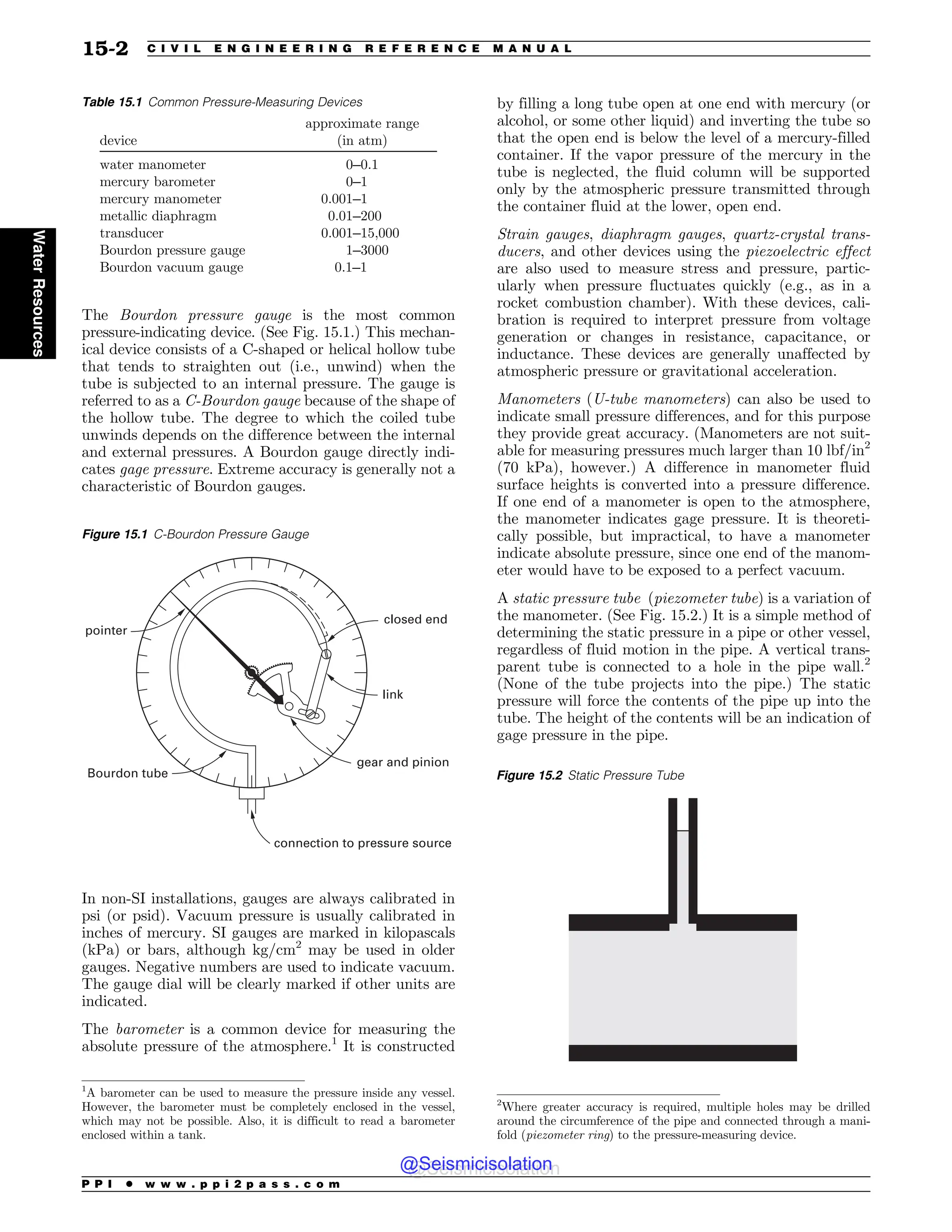 The Bourdon pressure gauge is the most common
pressure-indicating device. (See Fig. 15.1.) This mechan-
ical device consists of a C-shaped or helical hollow tube
that tends to straighten out (i.e., unwind) when the
tube is subjected to an internal pressure. The gauge is
referred to as a C-Bourdon gauge because of the shape of
the hollow tube. The degree to which the coiled tube
unwinds depends on the difference between the internal
and external pressures. A Bourdon gauge directly indi-
cates gage pressure. Extreme accuracy is generally not a
characteristic of Bourdon gauges.
In non-SI installations, gauges are always calibrated in
psi (or psid). Vacuum pressure is usually calibrated in
inches of mercury. SI gauges are marked in kilopascals
(kPa) or bars, although kg/cm2
may be used in older
gauges. Negative numbers are used to indicate vacuum.
The gauge dial will be clearly marked if other units are
indicated.
The barometer is a common device for measuring the
absolute pressure of the atmosphere.1
It is constructed
by filling a long tube open at one end with mercury (or
alcohol, or some other liquid) and inverting the tube so
that the open end is below the level of a mercury-filled
container. If the vapor pressure of the mercury in the
tube is neglected, the fluid column will be supported
only by the atmospheric pressure transmitted through
the container fluid at the lower, open end.
Strain gauges, diaphragm gauges, quartz-crystal trans-
ducers, and other devices using the piezoelectric effect
are also used to measure stress and pressure, partic-
ularly when pressure fluctuates quickly (e.g., as in a
rocket combustion chamber). With these devices, cali-
bration is required to interpret pressure from voltage
generation or changes in resistance, capacitance, or
inductance. These devices are generally unaffected by
atmospheric pressure or gravitational acceleration.
Manometers (U-tube manometers) can also be used to
indicate small pressure differences, and for this purpose
they provide great accuracy. (Manometers are not suit-
able for measuring pressures much larger than 10 lbf/in2
(70 kPa), however.) A difference in manometer fluid
surface heights is converted into a pressure difference.
If one end of a manometer is open to the atmosphere,
the manometer indicates gage pressure. It is theoreti-
cally possible, but impractical, to have a manometer
indicate absolute pressure, since one end of the manom-
eter would have to be exposed to a perfect vacuum.
A static pressure tube (piezometer tube) is a variation of
the manometer. (See Fig. 15.2.) It is a simple method of
determining the static pressure in a pipe or other vessel,
regardless of fluid motion in the pipe. A vertical trans-
parent tube is connected to a hole in the pipe wall.2
(None of the tube projects into the pipe.) The static
pressure will force the contents of the pipe up into the
tube. The height of the contents will be an indication of
gage pressure in the pipe.
Table 15.1 Common Pressure-Measuring Devices
device
approximate range
(in atm)
water manometer 0–0.1
mercury barometer 0–1
mercury manometer 0.001–1
metallic diaphragm 0.01–200
transducer 0.001–15,000
Bourdon pressure gauge 1–3000
Bourdon vacuum gauge 0.1–1
Figure 15.1 C-Bourdon Pressure Gauge
connection to pressure source
gear and pinion
link
closed end
pointer
Bourdon tube
1
A barometer can be used to measure the pressure inside any vessel.
However, the barometer must be completely enclosed in the vessel,
which may not be possible. Also, it is difficult to read a barometer
enclosed within a tank.
2
Where greater accuracy is required, multiple holes may be drilled
around the circumference of the pipe and connected through a mani-
fold (piezometer ring) to the pressure-measuring device.
Figure 15.2 Static Pressure Tube
P P I * w w w . p p i 2 p a s s . c o m
15-2 C I V I L E N G I N E E R I N G R E F E R E N C E M A N U A L
Water
Resources
@Seismicisolation
@Seismicisolation
 