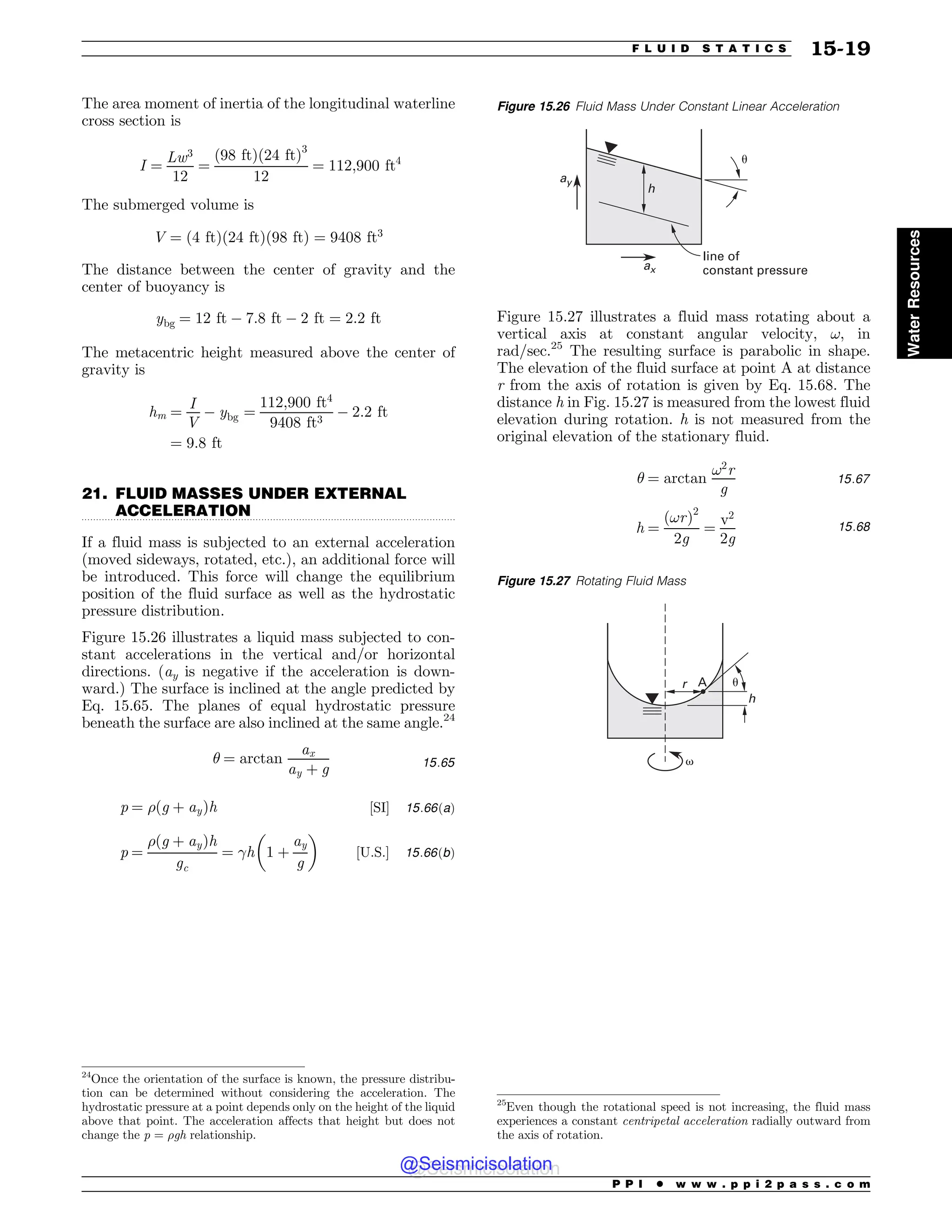 .................................................................................................................................
The area moment of inertia of the longitudinal waterline
cross section is
I ¼
Lw3
12
¼
ð98 ftÞð24 ftÞ3
12
¼ 112;900 ft4
The submerged volume is
V ¼ ð4 ftÞð24 ftÞð98 ftÞ ¼ 9408 ft3
The distance between the center of gravity and the
center of buoyancy is
ybg ¼ 12 ft $ 7:8 ft $ 2 ft ¼ 2:2 ft
The metacentric height measured above the center of
gravity is
hm ¼
I
V
$ ybg ¼
112;900 ft4
9408 ft3
$ 2:2 ft
¼ 9:8 ft
21. FLUID MASSES UNDER EXTERNAL
ACCELERATION
If a fluid mass is subjected to an external acceleration
(moved sideways, rotated, etc.), an additional force will
be introduced. This force will change the equilibrium
position of the fluid surface as well as the hydrostatic
pressure distribution.
Figure 15.26 illustrates a liquid mass subjected to con-
stant accelerations in the vertical and/or horizontal
directions. (ay is negative if the acceleration is down-
ward.) The surface is inclined at the angle predicted by
Eq. 15.65. The planes of equal hydrostatic pressure
beneath the surface are also inclined at the same angle.24
# ¼ arctan
ax
ay þ g 15:65
p ¼ %ðg þ ayÞh ½SI( 15:66ðaÞ
p ¼
%ðg þ ayÞh
gc
¼ !h 1 þ
ay
g
! 
½U:S:( 15:66ðbÞ
Figure 15.27 illustrates a fluid mass rotating about a
vertical axis at constant angular velocity, !, in
rad/sec.25
The resulting surface is parabolic in shape.
The elevation of the fluid surface at point A at distance
r from the axis of rotation is given by Eq. 15.68. The
distance h in Fig. 15.27 is measured from the lowest fluid
elevation during rotation. h is not measured from the
original elevation of the stationary fluid.
# ¼ arctan
!2
r
g
15:67
h ¼
ð!rÞ2
2g
¼
v2
2g
15:68
Figure 15.26 Fluid Mass Under Constant Linear Acceleration
h
ay
ax
#
line of
constant pressure
Figure 15.27 Rotating Fluid Mass
W

S
I
V
24
Once the orientation of the surface is known, the pressure distribu-
tion can be determined without considering the acceleration. The
hydrostatic pressure at a point depends only on the height of the liquid
above that point. The acceleration affects that height but does not
change the p = %gh relationship.
25
Even though the rotational speed is not increasing, the fluid mass
experiences a constant centripetal acceleration radially outward from
the axis of rotation.
P P I * w w w . p p i 2 p a s s . c o m
F L U I D S T A T I C S 15-19
Water
Resources
@Seismicisolation
@Seismicisolation
 