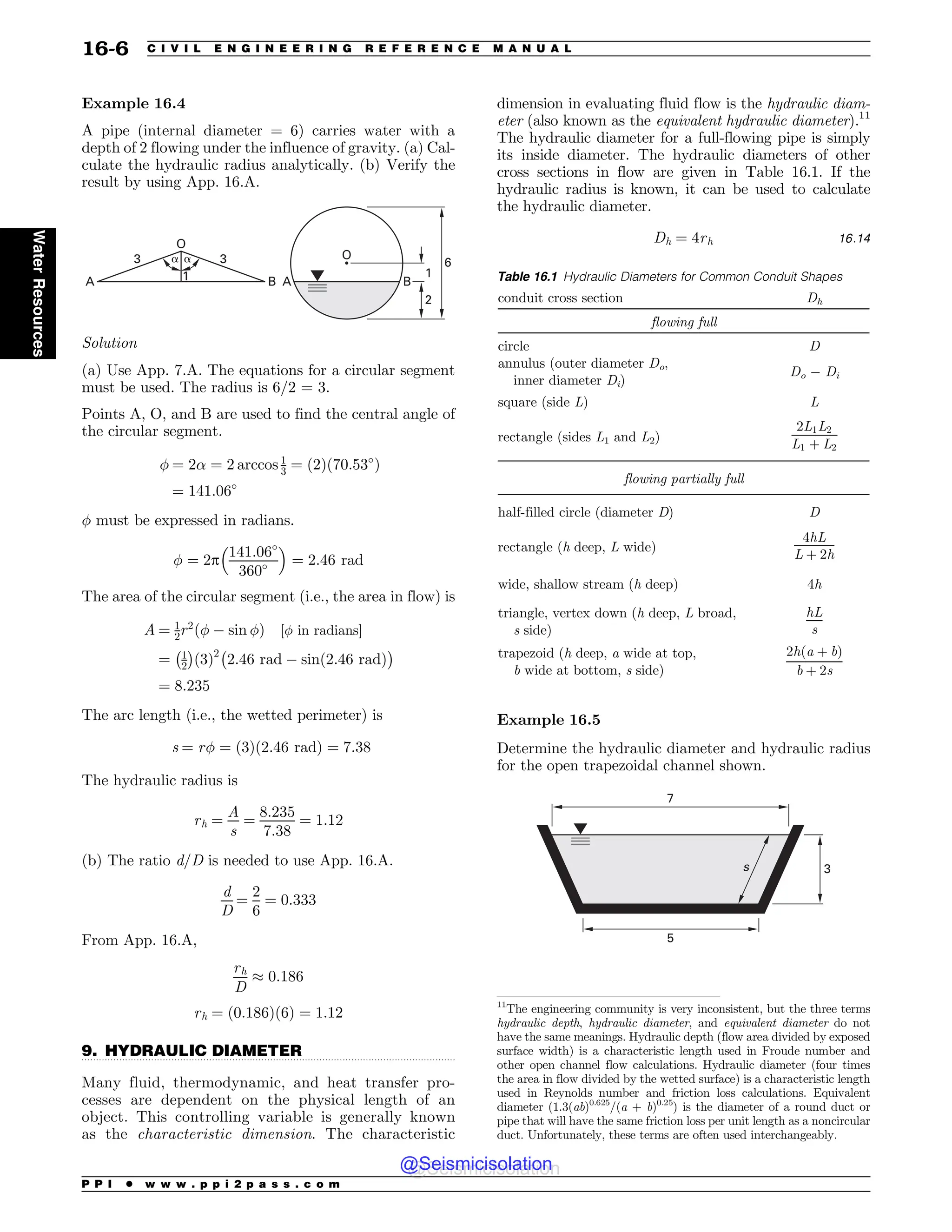 .................................................................................................................................
Example 16.4
A pipe (internal diameter = 6) carries water with a
depth of 2 flowing under the influence of gravity. (a) Cal-
culate the hydraulic radius analytically. (b) Verify the
result by using App. 16.A.
2
1
6
O
O
A
1
!
! 3
3
A B
B
Solution
(a) Use App. 7.A. The equations for a circular segment
must be used. The radius is 6/2 = 3.
Points A, O, and B are used to find the central angle of
the circular segment.
' ¼ 2! ¼ 2 arccos 1
3 ¼ ð2Þð70:53*
Þ
¼ 141:06*
' must be expressed in radians.
' ¼ 2p
141:06*
360*
! 
¼ 2:46 rad
The area of the circular segment (i.e., the area in flow) is
A ¼ 1
2r2
ð' ) sin 'Þ ½' in radians%
¼ 1
2
 '
ð3Þ2
2:46 rad ) sinð2:46 radÞ
'
¼ 8:235
The arc length (i.e., the wetted perimeter) is
s ¼ r' ¼ ð3Þð2:46 radÞ ¼ 7:38
The hydraulic radius is
rh ¼
A
s
¼
8:235
7:38
¼ 1:12
(b) The ratio d/D is needed to use App. 16.A.
d
D
¼
2
6
¼ 0:333
From App. 16.A,
rh
D
+ 0:186
rh ¼ ð0:186Þð6Þ ¼ 1:12
9. HYDRAULIC DIAMETER
Many fluid, thermodynamic, and heat transfer pro-
cesses are dependent on the physical length of an
object. This controlling variable is generally known
as the characteristic dimension. The characteristic
dimension in evaluating fluid flow is the hydraulic diam-
eter (also known as the equivalent hydraulic diameter).11
The hydraulic diameter for a full-flowing pipe is simply
its inside diameter. The hydraulic diameters of other
cross sections in flow are given in Table 16.1. If the
hydraulic radius is known, it can be used to calculate
the hydraulic diameter.
Dh ¼ 4rh 16:14
Example 16.5
Determine the hydraulic diameter and hydraulic radius
for the open trapezoidal channel shown.
7
5
3
s
11
The engineering community is very inconsistent, but the three terms
hydraulic depth, hydraulic diameter, and equivalent diameter do not
have the same meanings. Hydraulic depth (flow area divided by exposed
surface width) is a characteristic length used in Froude number and
other open channel flow calculations. Hydraulic diameter (four times
the area in flow divided by the wetted surface) is a characteristic length
used in Reynolds number and friction loss calculations. Equivalent
diameter (1.3(ab)0.625
/(a + b)0.25
) is the diameter of a round duct or
pipe that will have the same friction loss per unit length as a noncircular
duct. Unfortunately, these terms are often used interchangeably.
Table 16.1 Hydraulic Diameters for Common Conduit Shapes
conduit cross section Dh
flowing full
circle D
annulus (outer diameter Do,
inner diameter Di)
Do ) Di
square (side L) L
rectangle (sides L1 and L2)
2L1L2
L1 þ L2
flowing partially full
half-filled circle (diameter D) D
rectangle (h deep, L wide)
4hL
L þ 2h
wide, shallow stream (h deep) 4h
triangle, vertex down (h deep, L broad,
s side)
hL
s
trapezoid (h deep, a wide at top,
b wide at bottom, s side)
2hða þ bÞ
b þ 2s
P P I * w w w . p p i 2 p a s s . c o m
16-6 C I V I L E N G I N E E R I N G R E F E R E N C E M A N U A L
Water
Resources
@Seismicisolation
@Seismicisolation
 