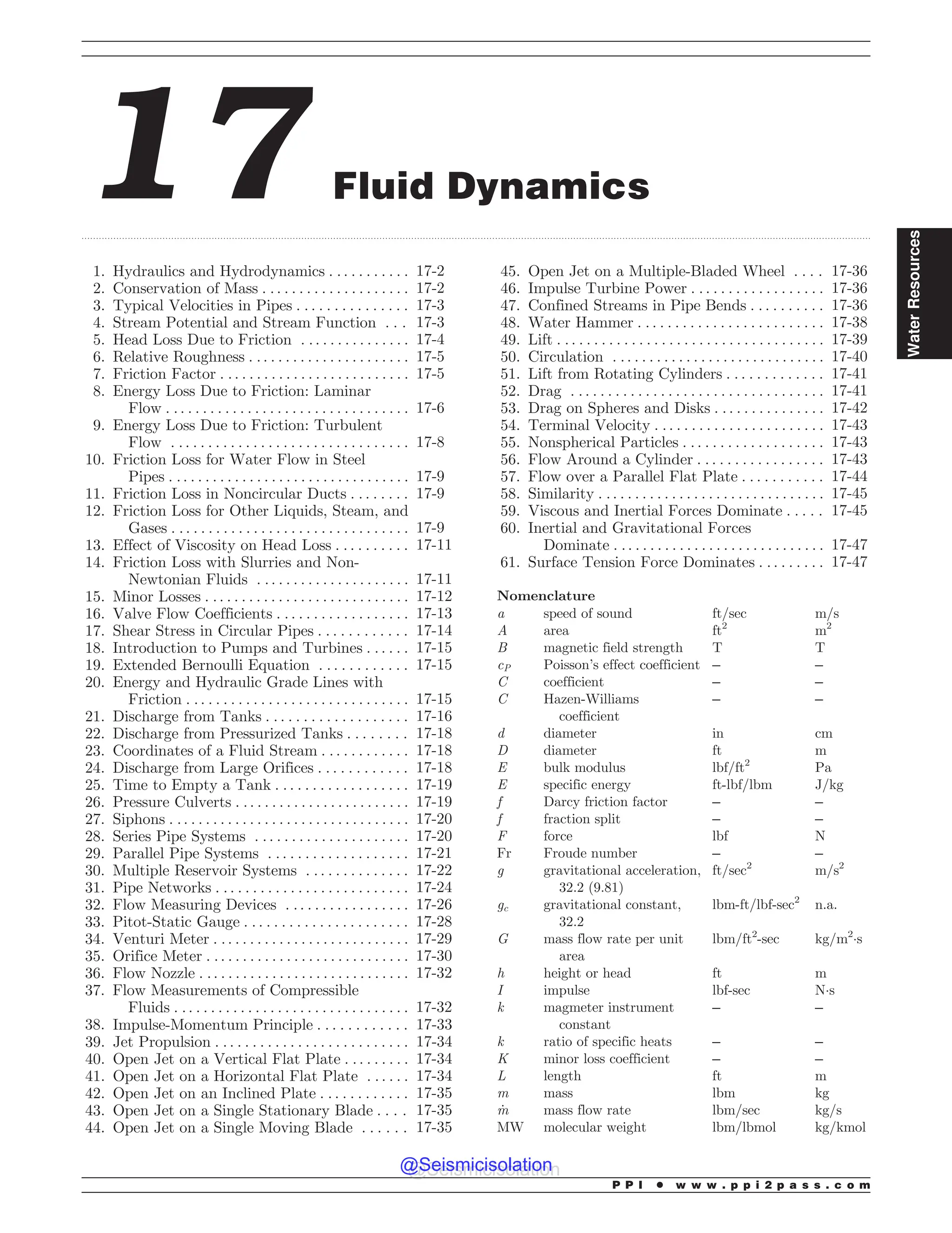 .................................................................................................................................................................................................................................................................................
17 Fluid Dynamics
1. Hydraulics and Hydrodynamics . . . . . . . . . . . 17-2
2. Conservation of Mass . . . . . . . . . . . . . . . . . . . . 17-2
3. Typical Velocities in Pipes . . . . . . . . . . . . . . . 17-3
4. Stream Potential and Stream Function . . . 17-3
5. Head Loss Due to Friction . . . . . . . . . . . . . . . 17-4
6. Relative Roughness . . . . . . . . . . . . . . . . . . . . . . 17-5
7. Friction Factor . . . . . . . . . . . . . . . . . . . . . . . . . . 17-5
8. Energy Loss Due to Friction: Laminar
Flow . . . . . . . . . . . . . . . . . . . . . . . . . . . . . . . . . 17-6
9. Energy Loss Due to Friction: Turbulent
Flow . . . . . . . . . . . . . . . . . . . . . . . . . . . . . . . . 17-8
10. Friction Loss for Water Flow in Steel
Pipes . . . . . . . . . . . . . . . . . . . . . . . . . . . . . . . . . 17-9
11. Friction Loss in Noncircular Ducts . . . . . . . . 17-9
12. Friction Loss for Other Liquids, Steam, and
Gases . . . . . . . . . . . . . . . . . . . . . . . . . . . . . . . . 17-9
13. Effect of Viscosity on Head Loss . . . . . . . . . . 17-11
14. Friction Loss with Slurries and Non-
Newtonian Fluids . . . . . . . . . . . . . . . . . . . . . 17-11
15. Minor Losses . . . . . . . . . . . . . . . . . . . . . . . . . . . . 17-12
16. Valve Flow Coefficients . . . . . . . . . . . . . . . . . . 17-13
17. Shear Stress in Circular Pipes . . . . . . . . . . . . 17-14
18. Introduction to Pumps and Turbines . . . . . . 17-15
19. Extended Bernoulli Equation . . . . . . . . . . . . 17-15
20. Energy and Hydraulic Grade Lines with
Friction . . . . . . . . . . . . . . . . . . . . . . . . . . . . . . 17-15
21. Discharge from Tanks . . . . . . . . . . . . . . . . . . . 17-16
22. Discharge from Pressurized Tanks . . . . . . . . 17-18
23. Coordinates of a Fluid Stream . . . . . . . . . . . . 17-18
24. Discharge from Large Orifices . . . . . . . . . . . . 17-18
25. Time to Empty a Tank . . . . . . . . . . . . . . . . . . 17-19
26. Pressure Culverts . . . . . . . . . . . . . . . . . . . . . . . . 17-19
27. Siphons . .. . . . . . . . . . . . . . . . . . . . . . . . . . . . . . . 17-20
28. Series Pipe Systems . . . . . . . . . . . . . . . . . . . . . 17-20
29. Parallel Pipe Systems . . . . . . . . . . . . . . . . . . . 17-21
30. Multiple Reservoir Systems . . . . . . . . . . . . . . 17-22
31. Pipe Networks . . . . . . . . . . . . . . . . . . . . . . . . . . 17-24
32. Flow Measuring Devices . . . . . . . . . . . . . . . . . 17-26
33. Pitot-Static Gauge . . . . . . . . . . . . . . . . . . . . . . 17-28
34. Venturi Meter . . . . . . . . . . . . . . . . . . . . . . . . . . . 17-29
35. Orifice Meter . . . . . . . . . . . . . . . . . . . . . . . . . . . . 17-30
36. Flow Nozzle . .. . . . . . . . . . . . . . . . . . . . . . . . . . . 17-32
37. Flow Measurements of Compressible
Fluids . . . . . . . . . . . . . . . . . . . . . . . . . . . . . . . . 17-32
38. Impulse-Momentum Principle . . . . . . . . . . . . 17-33
39. Jet Propulsion . . . . . . . . . . . . . . . . . . . . . . . . . . 17-34
40. Open Jet on a Vertical Flat Plate . . . . . . . . . 17-34
41. Open Jet on a Horizontal Flat Plate . . . . . . 17-34
42. Open Jet on an Inclined Plate . . . . . . . . . . . . 17-35
43. Open Jet on a Single Stationary Blade . . . . 17-35
44. Open Jet on a Single Moving Blade . . . . . . 17-35
45. Open Jet on a Multiple-Bladed Wheel . . . . 17-36
46. Impulse Turbine Power . . . . . . . . . . . . . . . . . . 17-36
47. Confined Streams in Pipe Bends . . . . . . . . . . 17-36
48. Water Hammer . . . . . . . . . . . . . . . . . . . . . . . . . 17-38
49. Lift . . . . . . . . . . . . . . . . . . . . . . . . . . . . . . . . . . . . 17-39
50. Circulation . . . . . . . . . . . . . . . . . . . . . . . . . . . . . 17-40
51. Lift from Rotating Cylinders . . . . . . . . . . . . . 17-41
52. Drag . . . . . . . . . . . . . . . . . . . . . . . . . . . . . . . . . . 17-41
53. Drag on Spheres and Disks . . . . . . . . . . . . . . . 17-42
54. Terminal Velocity . . . . . . . . . . . . . . . . . . . . . . . 17-43
55. Nonspherical Particles . . . . . . . . . . . . . . . . . . . 17-43
56. Flow Around a Cylinder . . . . . . . . . . . . . . . . . 17-43
57. Flow over a Parallel Flat Plate . . . . . . . . . . . 17-44
58. Similarity . . . . . . . . . . . . . . . . . . . . . . . . . . . . . . . 17-45
59. Viscous and Inertial Forces Dominate . . . . . 17-45
60. Inertial and Gravitational Forces
Dominate . .. . . . . . . . . . . . . . . . . . . . . . . . . . . 17-47
61. Surface Tension Force Dominates . . . . . . . . . 17-47
Nomenclature
a speed of sound ft/sec m/s
A area ft2
m2
B magnetic field strength T T
cP Poisson’s effect coefficient – –
C coefficient – –
C Hazen-Williams
coefficient
– –
d diameter in cm
D diameter ft m
E bulk modulus lbf/ft2
Pa
E specific energy ft-lbf/lbm J/kg
f Darcy friction factor – –
f fraction split – –
F force lbf N
Fr Froude number – –
g gravitational acceleration,
32.2 (9.81)
ft/sec2
m/s2
gc gravitational constant,
32.2
lbm-ft/lbf-sec2
n.a.
G mass flow rate per unit
area
lbm/ft2
-sec kg/m2
!s
h height or head ft m
I impulse lbf-sec N!s
k magmeter instrument
constant
– –
k ratio of specific heats – –
K minor loss coefficient – –
L length ft m
m mass lbm kg
_
m mass flow rate lbm/sec kg/s
MW molecular weight lbm/lbmol kg/kmol
P P I * w w w . p p i 2 p a s s . c o m
Water
Resources
@Seismicisolation
@Seismicisolation
 