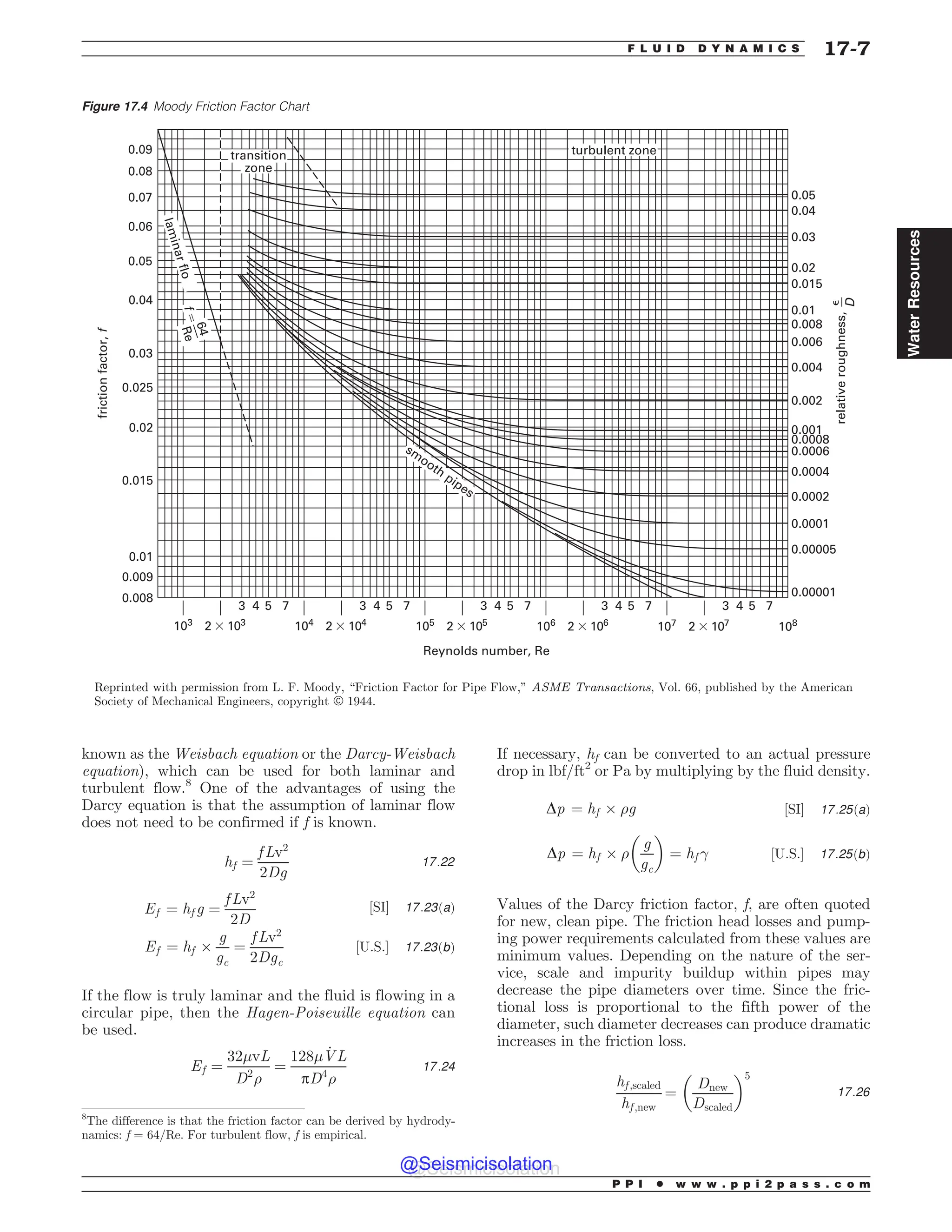known as the Weisbach equation or the Darcy-Weisbach
equation), which can be used for both laminar and
turbulent flow.8
One of the advantages of using the
Darcy equation is that the assumption of laminar flow
does not need to be confirmed if f is known.
hf ¼
f Lv2
2Dg
17:22
Ef ¼ hf g ¼
f Lv2
2D
½SI* 17:23ðaÞ
Ef ¼ hf +
g
gc
¼
f Lv2
2Dgc
½U:S:* 17:23ðbÞ
If the flow is truly laminar and the fluid is flowing in a
circular pipe, then the Hagen-Poiseuille equation can
be used.
Ef ¼
32'vL
D2
)
¼
128' _
VL
pD4
)
17:24
If necessary, hf can be converted to an actual pressure
drop in lbf/ft2
or Pa by multiplying by the fluid density.
Dp ¼ hf + )g ½SI* 17:25ðaÞ
Dp ¼ hf + )
g
gc
# $
¼ hf  ½U:S:* 17:25ðbÞ
Values of the Darcy friction factor, f, are often quoted
for new, clean pipe. The friction head losses and pump-
ing power requirements calculated from these values are
minimum values. Depending on the nature of the ser-
vice, scale and impurity buildup within pipes may
decrease the pipe diameters over time. Since the fric-
tional loss is proportional to the fifth power of the
diameter, such diameter decreases can produce dramatic
increases in the friction loss.
hf ;scaled
hf ;new
¼
Dnew
Dscaled
# $5
17:26
Figure 17.4 Moody Friction Factor Chart













                   





























SFMBUJWFSPVHIOFTT
GSJDUJPOGBDUPS
G
3FZOPMETOVNCFS 3F
TN
PPUIQJQFT
USBOTJUJPO
[POF
M
B
N
J
O
B
S

G
M
P
G




3
F
UVSCVMFOU[POF
F
%
Reprinted with permission from L. F. Moody, “Friction Factor for Pipe Flow,” ASME Transactions, Vol. 66, published by the American
Society of Mechanical Engineers, copyright ª 1944.
8
The difference is that the friction factor can be derived by hydrody-
namics: f = 64/Re. For turbulent flow, f is empirical.
P P I * w w w . p p i 2 p a s s . c o m
F L U I D D Y N A M I C S 17-7
Water
Resources
@Seismicisolation
@Seismicisolation
 