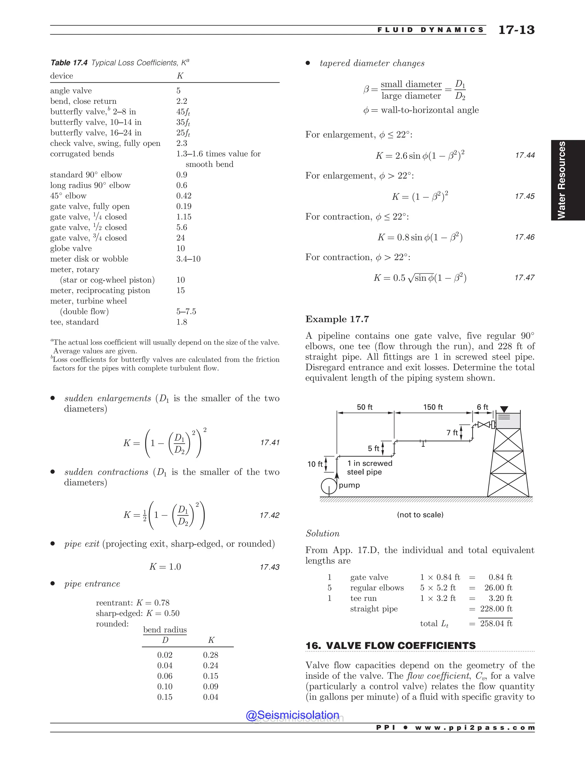 .................................................................................................................................
. sudden enlargements (D1 is the smaller of the two
diameters)
K ¼ 1 (
D1
D2
# $2
!2
17:41
. sudden contractions (D1 is the smaller of the two
diameters)
K ¼ 1
2 1 (
D1
D2
# $2
!
17:42
. pipe exit (projecting exit, sharp-edged, or rounded)
K ¼ 1:0 17:43
. pipe entrance
reentrant: K = 0.78
sharp-edged: K = 0.50
rounded:
bend radius
D K
0.02 0.28
0.04 0.24
0.06 0.15
0.10 0.09
0.15 0.04
. tapered diameter changes
! ¼
small diameter
large diameter
¼
D1
D2
- ¼ wall-to-horizontal angle
For enlargement, - ≤ 22#
:
K ¼ 2:6 sin -ð1 ( !2
Þ2
17:44
For enlargement, - 4 22#
:
K ¼ ð1 ( !2
Þ2
17:45
For contraction, - ≤ 22#
:
K ¼ 0:8 sin -ð1 ( !2
Þ 17:46
For contraction, - 4 22#
:
K ¼ 0:5
ﬃﬃﬃﬃﬃﬃﬃﬃﬃﬃ
sin -
p
ð1 ( !2
Þ 17:47
Example 17.7
A pipeline contains one gate valve, five regular 90#
elbows, one tee (flow through the run), and 228 ft of
straight pipe. All fittings are 1 in screwed steel pipe.
Disregard entrance and exit losses. Determine the total
equivalent length of the piping system shown.
10 ft
5 ft
7 ft
6 ft
150 ft
50 ft
1 in screwed
steel pipe
pump
(not to scale)
Solution
From App. 17.D, the individual and total equivalent
lengths are
1 gate valve 1 + 0.84 ft = 0.84 ft
5 regular elbows 5 + 5.2 ft = 26.00 ft
1 tee run 1 + 3.2 ft = 3.20 ft
straight pipe = 228.00 ft
total Lt = 258.04 ft
16. VALVE FLOW COEFFICIENTS
Valve flow capacities depend on the geometry of the
inside of the valve. The flow coefficient, Cv, for a valve
(particularly a control valve) relates the flow quantity
(in gallons per minute) of a fluid with specific gravity to
Table 17.4 Typical Loss Coefficients, Ka
device K
angle valve 5
bend, close return 2.2
butterfly valve,b
2–8 in 45ft
butterfly valve, 10–14 in 35ft
butterfly valve, 16–24 in 25ft
check valve, swing, fully open 2.3
corrugated bends 1.3–1.6 times value for
smooth bend
standard 90#
elbow 0.9
long radius 90#
elbow 0.6
45#
elbow 0.42
gate valve, fully open 0.19
gate valve, 1=4 closed 1.15
gate valve, 1=2 closed 5.6
gate valve, 3=4 closed 24
globe valve 10
meter disk or wobble 3.4–10
meter, rotary
(star or cog-wheel piston) 10
meter, reciprocating piston 15
meter, turbine wheel
(double flow) 5–7.5
tee, standard 1.8
a
The actual loss coefficient will usually depend on the size of the valve.
Average values are given.
b
Loss coefficients for butterfly valves are calculated from the friction
factors for the pipes with complete turbulent flow.
P P I * w w w . p p i 2 p a s s . c o m
F L U I D D Y N A M I C S 17-13
Water
Resources
@Seismicisolation
@Seismicisolation
 