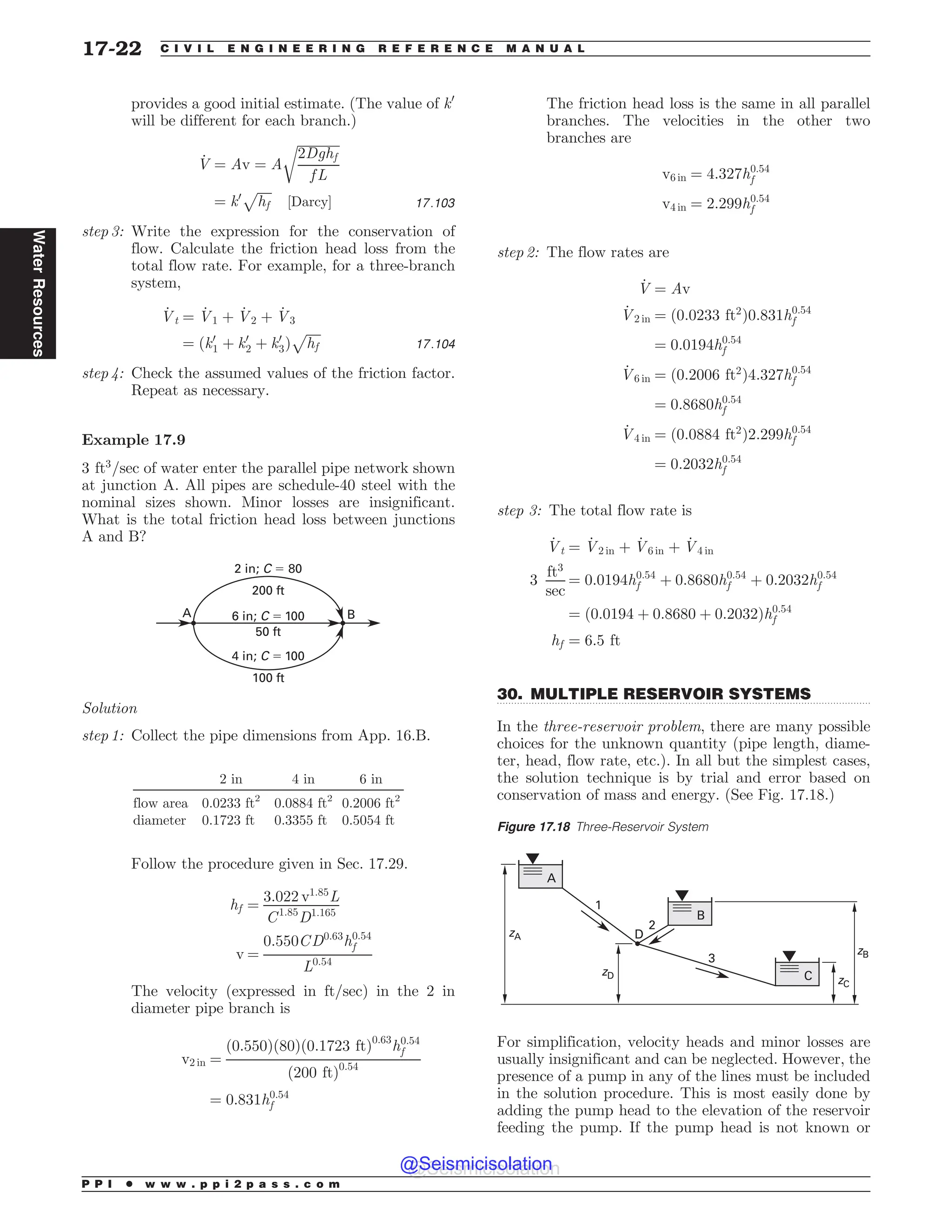 .................................................................................................................................
provides a good initial estimate. (The value of k0
will be different for each branch.)
_
V ¼ Av ¼ A
ﬃﬃﬃﬃﬃﬃﬃﬃﬃﬃﬃﬃﬃ
2Dghf
f L
r
¼ k0
ﬃﬃﬃﬃﬃ
hf
p
½Darcy* 17:103
step 3: Write the expression for the conservation of
flow. Calculate the friction head loss from the
total flow rate. For example, for a three-branch
system,
_
Vt ¼ _
V1 þ _
V2 þ _
V3
¼ ðk0
1 þ k0
2 þ k0
3Þ
ﬃﬃﬃﬃﬃ
hf
p
17:104
step 4: Check the assumed values of the friction factor.
Repeat as necessary.
Example 17.9
3 ft3
=sec of water enter the parallel pipe network shown
at junction A. All pipes are schedule-40 steel with the
nominal sizes shown. Minor losses are insignificant.
What is the total friction head loss between junctions
A and B?
6 in; C $ 100
50 ft
2 in; C $ 80
200 ft
4 in; C $ 100
100 ft
A B
Solution
step 1: Collect the pipe dimensions from App. 16.B.
2 in 4 in 6 in
flow area 0.0233 ft2
0.0884 ft2
0.2006 ft2
diameter 0.1723 ft 0.3355 ft 0.5054 ft
Follow the procedure given in Sec. 17.29.
hf ¼
3:022 v1:85
L
C1:85
D1:165
v ¼
0:550CD0:63
h0:54
f
L0:54
The velocity (expressed in ft=sec) in the 2 in
diameter pipe branch is
v2 in ¼
ð0:550Þð80Þð0:1723 ftÞ0:63
h0:54
f
ð200 ftÞ0:54
¼ 0:831h0:54
f
The friction head loss is the same in all parallel
branches. The velocities in the other two
branches are
v6 in ¼ 4:327h0:54
f
v4 in ¼ 2:299h0:54
f
step 2: The flow rates are
_
V ¼ Av
_
V2 in ¼ ð0:0233 ft2
Þ0:831h0:54
f
¼ 0:0194h0:54
f
_
V6 in ¼ ð0:2006 ft2
Þ4:327h0:54
f
¼ 0:8680h0:54
f
_
V4 in ¼ ð0:0884 ft2
Þ2:299h0:54
f
¼ 0:2032h0:54
f
step 3: The total flow rate is
_
Vt ¼ _
V2 in þ _
V6 in þ _
V4 in
3
ft3
sec
¼ 0:0194h0:54
f þ 0:8680h0:54
f þ 0:2032h0:54
f
¼ ð0:0194 þ 0:8680 þ 0:2032Þh0:54
f
hf ¼ 6:5 ft
30. MULTIPLE RESERVOIR SYSTEMS
In the three-reservoir problem, there are many possible
choices for the unknown quantity (pipe length, diame-
ter, head, flow rate, etc.). In all but the simplest cases,
the solution technique is by trial and error based on
conservation of mass and energy. (See Fig. 17.18.)
For simplification, velocity heads and minor losses are
usually insignificant and can be neglected. However, the
presence of a pump in any of the lines must be included
in the solution procedure. This is most easily done by
adding the pump head to the elevation of the reservoir
feeding the pump. If the pump head is not known or
Figure 17.18 Three-Reservoir System
[
[#
[$
$
#

[%
%



P P I * w w w . p p i 2 p a s s . c o m
17-22 C I V I L E N G I N E E R I N G R E F E R E N C E M A N U A L
Water
Resources
@Seismicisolation
@Seismicisolation
 