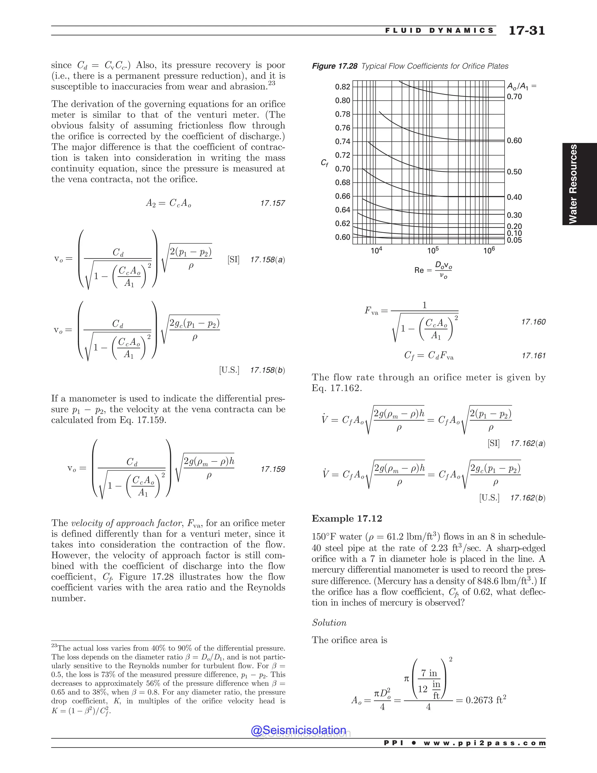 since Cd = CvCc.) Also, its pressure recovery is poor
(i.e., there is a permanent pressure reduction), and it is
susceptible to inaccuracies from wear and abrasion.23
The derivation of the governing equations for an orifice
meter is similar to that of the venturi meter. (The
obvious falsity of assuming frictionless flow through
the orifice is corrected by the coefficient of discharge.)
The major difference is that the coefficient of contrac-
tion is taken into consideration in writing the mass
continuity equation, since the pressure is measured at
the vena contracta, not the orifice.
A2 ¼ CcAo 17:157
vo ¼
Cd
ﬃﬃﬃﬃﬃﬃﬃﬃﬃﬃﬃﬃﬃﬃﬃﬃﬃﬃﬃﬃﬃﬃﬃﬃﬃﬃﬃﬃﬃ
1 (
CcAo
A1
# $2
s
0
B
B
B
B
@
1
C
C
C
C
A
ﬃﬃﬃﬃﬃﬃﬃﬃﬃﬃﬃﬃﬃﬃﬃﬃﬃﬃﬃﬃﬃ
2ðp1 ( p2Þ
)
s
½SI* 17:158ðaÞ
vo ¼
Cd
ﬃﬃﬃﬃﬃﬃﬃﬃﬃﬃﬃﬃﬃﬃﬃﬃﬃﬃﬃﬃﬃﬃﬃﬃﬃﬃﬃﬃﬃ
1 (
CcAo
A1
# $2
s
0
B
B
B
B
@
1
C
C
C
C
A
ﬃﬃﬃﬃﬃﬃﬃﬃﬃﬃﬃﬃﬃﬃﬃﬃﬃﬃﬃﬃﬃﬃﬃﬃﬃ
2gcðp1 ( p2Þ
)
s
½U:S:* 17:158ðbÞ
If a manometer is used to indicate the differential pres-
sure p1 ( p2, the velocity at the vena contracta can be
calculated from Eq. 17.159.
vo ¼
Cd
ﬃﬃﬃﬃﬃﬃﬃﬃﬃﬃﬃﬃﬃﬃﬃﬃﬃﬃﬃﬃﬃﬃﬃﬃﬃﬃﬃﬃﬃ
1 (
CcAo
A1
# $2
s
0
B
B
B
B
@
1
C
C
C
C
A
ﬃﬃﬃﬃﬃﬃﬃﬃﬃﬃﬃﬃﬃﬃﬃﬃﬃﬃﬃﬃﬃﬃﬃﬃﬃ
2gð)m ( )Þh
)
s
17:159
The velocity of approach factor, Fva, for an orifice meter
is defined differently than for a venturi meter, since it
takes into consideration the contraction of the flow.
However, the velocity of approach factor is still com-
bined with the coefficient of discharge into the flow
coefficient, Cf. Figure 17.28 illustrates how the flow
coefficient varies with the area ratio and the Reynolds
number.
Fva ¼
1
ﬃﬃﬃﬃﬃﬃﬃﬃﬃﬃﬃﬃﬃﬃﬃﬃﬃﬃﬃﬃﬃﬃﬃﬃﬃﬃﬃﬃﬃ
1 (
CcAo
A1
# $2
s
17:160
Cf ¼ CdFva 17:161
The flow rate through an orifice meter is given by
Eq. 17.162.
_
V ¼ Cf Ao
ﬃﬃﬃﬃﬃﬃﬃﬃﬃﬃﬃﬃﬃﬃﬃﬃﬃﬃﬃﬃﬃﬃﬃﬃﬃ
2gð)m ( )Þh
)
s
¼ Cf Ao
ﬃﬃﬃﬃﬃﬃﬃﬃﬃﬃﬃﬃﬃﬃﬃﬃﬃﬃﬃﬃﬃ
2ðp1 ( p2Þ
)
s
½SI* 17:162ðaÞ
_
V ¼ Cf Ao
ﬃﬃﬃﬃﬃﬃﬃﬃﬃﬃﬃﬃﬃﬃﬃﬃﬃﬃﬃﬃﬃﬃﬃﬃﬃ
2gð)m ( )Þh
)
s
¼ Cf Ao
ﬃﬃﬃﬃﬃﬃﬃﬃﬃﬃﬃﬃﬃﬃﬃﬃﬃﬃﬃﬃﬃﬃﬃﬃﬃ
2gcðp1 ( p2Þ
)
s
½U:S:* 17:162ðbÞ
Example 17.12
150#
F water () = 61.2 lbm/ft3
) flows in an 8 in schedule-
40 steel pipe at the rate of 2.23 ft3
/sec. A sharp-edged
orifice with a 7 in diameter hole is placed in the line. A
mercury differential manometer is used to record the pres-
sure difference. (Mercury has a density of 848.6 lbm/ft3
.) If
the orifice has a flow coefficient, Cf, of 0.62, what deflec-
tion in inches of mercury is observed?
Solution
The orifice area is
Ao ¼
pD2
o
4
¼
p
7 in
12
in
ft
0
B
@
1
C
A
2
4
¼ 0:2673 ft2
23
The actual loss varies from 40% to 90% of the differential pressure.
The loss depends on the diameter ratio ! = Do/D1, and is not partic-
ularly sensitive to the Reynolds number for turbulent flow. For ! =
0.5, the loss is 73% of the measured pressure difference, p1 ( p2. This
decreases to approximately 56% of the pressure difference when ! =
0.65 and to 38%, when ! = 0.8. For any diameter ratio, the pressure
drop coefficient, K, in multiples of the orifice velocity head is
K ¼ ð1 ( !2
Þ=C2
f .
Figure 17.28 Typical Flow Coefficients for Orifice Plates
104
105
106
Re $
0.82
0.80
0.78
0.76
0.74
0.72
0.70
0.68
0.66
0.64
0.62
0.60
Cf
0.05
0.10
0.20
0.30
0.40
0.50
0.60
Ao /A1 $
0.70
Dovo
)o
P P I * w w w . p p i 2 p a s s . c o m
F L U I D D Y N A M I C S 17-31
Water
Resources
@Seismicisolation
@Seismicisolation
 