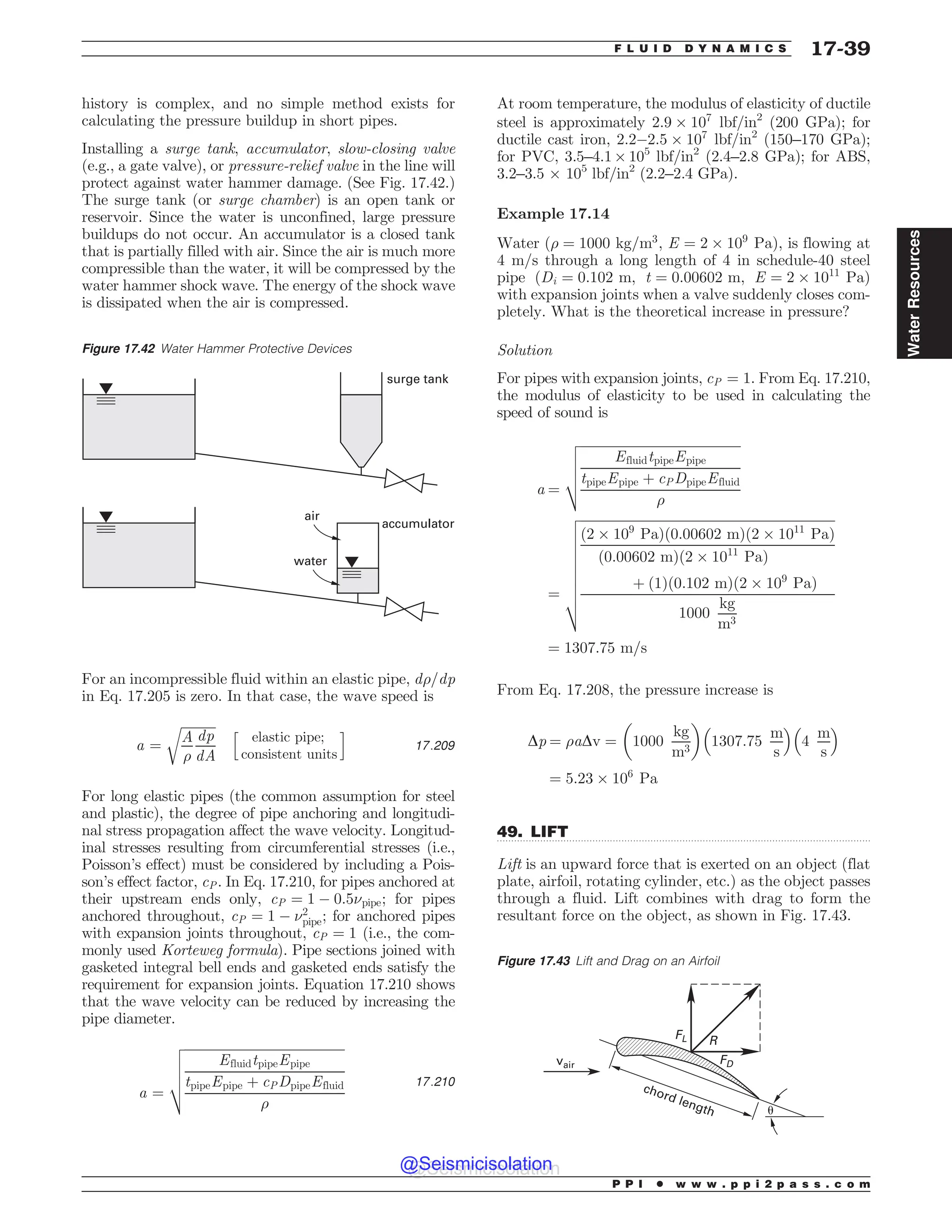 .................................................................................................................................
history is complex, and no simple method exists for
calculating the pressure buildup in short pipes.
Installing a surge tank, accumulator, slow-closing valve
(e.g., a gate valve), or pressure-relief valve in the line will
protect against water hammer damage. (See Fig. 17.42.)
The surge tank (or surge chamber) is an open tank or
reservoir. Since the water is unconfined, large pressure
buildups do not occur. An accumulator is a closed tank
that is partially filled with air. Since the air is much more
compressible than the water, it will be compressed by the
water hammer shock wave. The energy of the shock wave
is dissipated when the air is compressed.
For an incompressible fluid within an elastic pipe, d)=dp
in Eq. 17.205 is zero. In that case, the wave speed is
a ¼
ﬃﬃﬃﬃﬃﬃﬃﬃﬃﬃﬃ
A
)
dp
dA
r h
elastic pipe;
consistent units
i
17:209
For long elastic pipes (the common assumption for steel
and plastic), the degree of pipe anchoring and longitudi-
nal stress propagation affect the wave velocity. Longitud-
inal stresses resulting from circumferential stresses (i.e.,
Poisson’s effect) must be considered by including a Pois-
son’s effect factor, cP. In Eq. 17.210, for pipes anchored at
their upstream ends only, cP ¼ 1 ( 0:5(pipe; for pipes
anchored throughout, cP ¼ 1 ( (2
pipe; for anchored pipes
with expansion joints throughout, cP ¼ 1 (i.e., the com-
monly used Korteweg formula). Pipe sections joined with
gasketed integral bell ends and gasketed ends satisfy the
requirement for expansion joints. Equation 17.210 shows
that the wave velocity can be reduced by increasing the
pipe diameter.
a ¼
ﬃﬃﬃﬃﬃﬃﬃﬃﬃﬃﬃﬃﬃﬃﬃﬃﬃﬃﬃﬃﬃﬃﬃﬃﬃﬃﬃﬃﬃﬃﬃﬃﬃﬃﬃﬃﬃﬃﬃﬃﬃﬃﬃﬃﬃﬃﬃﬃﬃﬃ
EfluidtpipeEpipe
tpipeEpipe þ cPDpipeEfluid
)
v
u
u
u
t 17:210
At room temperature, the modulus of elasticity of ductile
steel is approximately 2:9 + 107
lbf/in2
(200 GPa); for
ductile cast iron, 2:2(2:5 + 107
lbf/in2
(150–170 GPa);
for PVC, 3.5–4.1+ 105
lbf/in2
(2.4–2.8 GPa); for ABS,
3.2–3.5 + 105
lbf/in2
(2.2–2.4 GPa).
Example 17.14
Water ð) ¼ 1000 kg=m3
; E ¼ 2 + 109
PaÞ, is flowing at
4 m/s through a long length of 4 in schedule-40 steel
pipe (Di ¼ 0:102 m, t ¼ 0:00602 m, E ¼ 2 + 1011
Pa)
with expansion joints when a valve suddenly closes com-
pletely. What is the theoretical increase in pressure?
Solution
For pipes with expansion joints, cP ¼ 1. From Eq. 17.210,
the modulus of elasticity to be used in calculating the
speed of sound is
a ¼
ﬃﬃﬃﬃﬃﬃﬃﬃﬃﬃﬃﬃﬃﬃﬃﬃﬃﬃﬃﬃﬃﬃﬃﬃﬃﬃﬃﬃﬃﬃﬃﬃﬃﬃﬃﬃﬃﬃﬃﬃﬃﬃﬃﬃﬃﬃﬃﬃﬃﬃ
EfluidtpipeEpipe
tpipeEpipe þ cPDpipeEfluid
)
v
u
u
u
t
¼
ﬃﬃﬃﬃﬃﬃﬃﬃﬃﬃﬃﬃﬃﬃﬃﬃﬃﬃﬃﬃﬃﬃﬃﬃﬃﬃﬃﬃﬃﬃﬃﬃﬃﬃﬃﬃﬃﬃﬃﬃﬃﬃﬃﬃﬃﬃﬃﬃﬃﬃﬃﬃﬃﬃﬃﬃﬃﬃﬃﬃﬃﬃﬃﬃﬃﬃﬃﬃﬃﬃﬃﬃﬃﬃﬃﬃﬃﬃﬃ
ð2 + 109
PaÞð0:00602 mÞð2 + 1011
PaÞ
ð0:00602 mÞð2 + 1011
PaÞ
þ ð1Þð0:102 mÞð2 + 109
PaÞ
1000
kg
m3
v
u
u
u
u
u
u
u
u
t
¼ 1307:75 m=s
From Eq. 17.208, the pressure increase is
Dp ¼ )aDv ¼ 1000
kg
m3
# $
1307:75
m
s
% 
4
m
s
% 
¼ 5:23 + 106
Pa
49. LIFT
Lift is an upward force that is exerted on an object (flat
plate, airfoil, rotating cylinder, etc.) as the object passes
through a fluid. Lift combines with drag to form the
resultant force on the object, as shown in Fig. 17.43.
Figure 17.42 Water Hammer Protective Devices
air
water
accumulator
surge tank
Figure 17.43 Lift and Drag on an Airfoil
V
DIPSEMFOHUI
WBJS '%
'- 3
P P I * w w w . p p i 2 p a s s . c o m
F L U I D D Y N A M I C S 17-39
Water
Resources
@Seismicisolation
@Seismicisolation
 