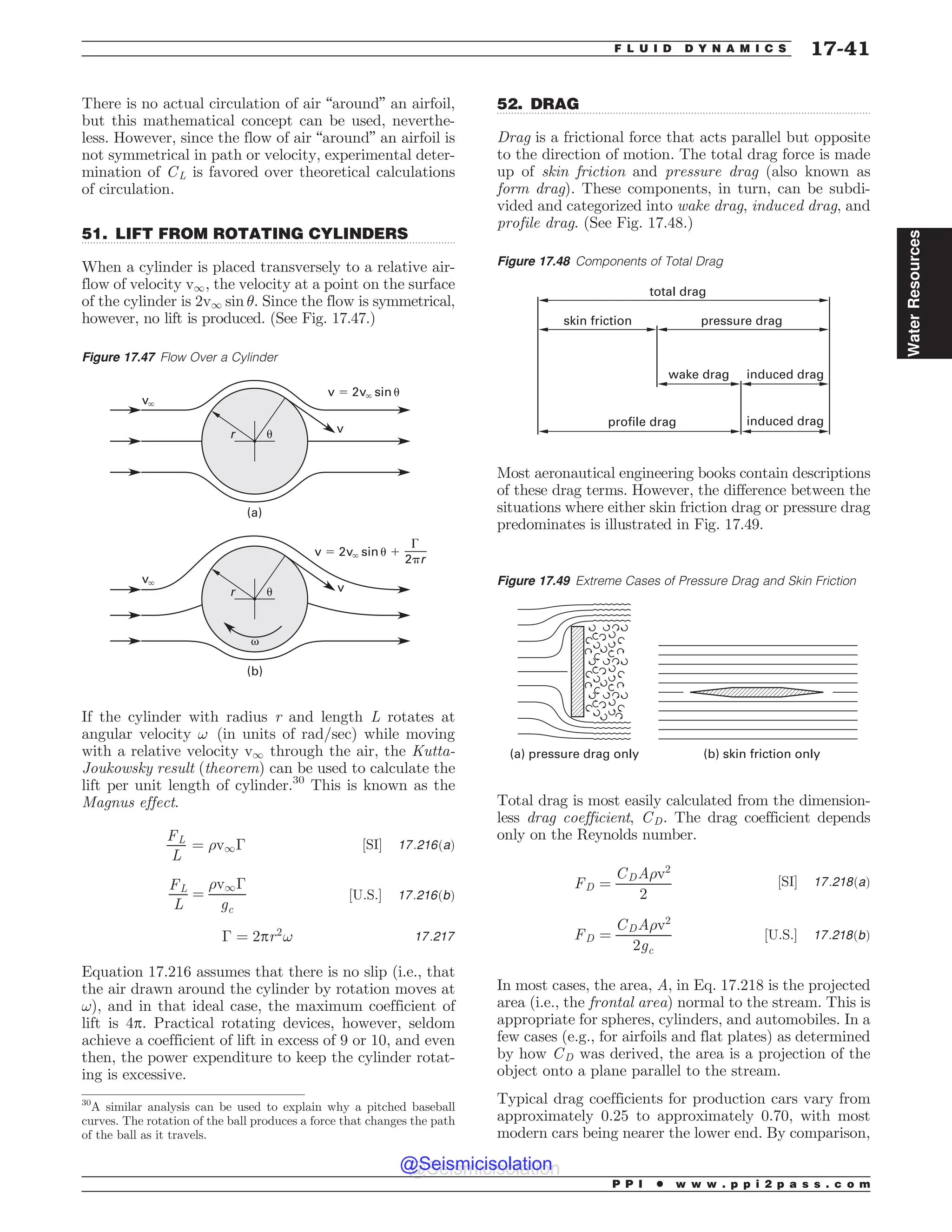 .................................................................................................................................
.................................................................................................................................
There is no actual circulation of air “around” an airfoil,
but this mathematical concept can be used, neverthe-
less. However, since the flow of air “around” an airfoil is
not symmetrical in path or velocity, experimental deter-
mination of CL is favored over theoretical calculations
of circulation.
51. LIFT FROM ROTATING CYLINDERS
When a cylinder is placed transversely to a relative air-
flow of velocity v1, the velocity at a point on the surface
of the cylinder is 2v1 sin . Since the flow is symmetrical,
however, no lift is produced. (See Fig. 17.47.)
If the cylinder with radius r and length L rotates at
angular velocity ! (in units of rad/sec) while moving
with a relative velocity v1 through the air, the Kutta-
Joukowsky result (theorem) can be used to calculate the
lift per unit length of cylinder.30
This is known as the
Magnus effect.
FL
L
¼ )v1! ½SI* 17:216ðaÞ
FL
L
¼
)v1!
gc
½U:S:* 17:216ðbÞ
! ¼ 2pr2
! 17:217
Equation 17.216 assumes that there is no slip (i.e., that
the air drawn around the cylinder by rotation moves at
!), and in that ideal case, the maximum coefficient of
lift is 4p. Practical rotating devices, however, seldom
achieve a coefficient of lift in excess of 9 or 10, and even
then, the power expenditure to keep the cylinder rotat-
ing is excessive.
52. DRAG
Drag is a frictional force that acts parallel but opposite
to the direction of motion. The total drag force is made
up of skin friction and pressure drag (also known as
form drag). These components, in turn, can be subdi-
vided and categorized into wake drag, induced drag, and
profile drag. (See Fig. 17.48.)
Most aeronautical engineering books contain descriptions
of these drag terms. However, the difference between the
situations where either skin friction drag or pressure drag
predominates is illustrated in Fig. 17.49.
Total drag is most easily calculated from the dimension-
less drag coefficient, CD. The drag coefficient depends
only on the Reynolds number.
FD ¼
CDA)v2
2
½SI* 17:218ðaÞ
FD ¼
CDA)v2
2gc
½U:S:* 17:218ðbÞ
In most cases, the area, A, in Eq. 17.218 is the projected
area (i.e., the frontal area) normal to the stream. This is
appropriate for spheres, cylinders, and automobiles. In a
few cases (e.g., for airfoils and flat plates) as determined
by how CD was derived, the area is a projection of the
object onto a plane parallel to the stream.
Typical drag coefficients for production cars vary from
approximately 0.25 to approximately 0.70, with most
modern cars being nearer the lower end. By comparison,
Figure 17.47 Flow Over a Cylinder
W
B
S V
WA
WWATJOV
W
C
S V
W
WA
WWATJOV
(
QS
30
A similar analysis can be used to explain why a pitched baseball
curves. The rotation of the ball produces a force that changes the path
of the ball as it travels.
Figure 17.48 Components of Total Drag
total drag
skin friction pressure drag
wake drag induced drag
induced drag
profile drag
Figure 17.49 Extreme Cases of Pressure Drag and Skin Friction
B QSFTTVSFESBHPOMZ C TLJOGSJDUJPOPOMZ
P P I * w w w . p p i 2 p a s s . c o m
F L U I D D Y N A M I C S 17-41
Water
Resources
@Seismicisolation
@Seismicisolation
 