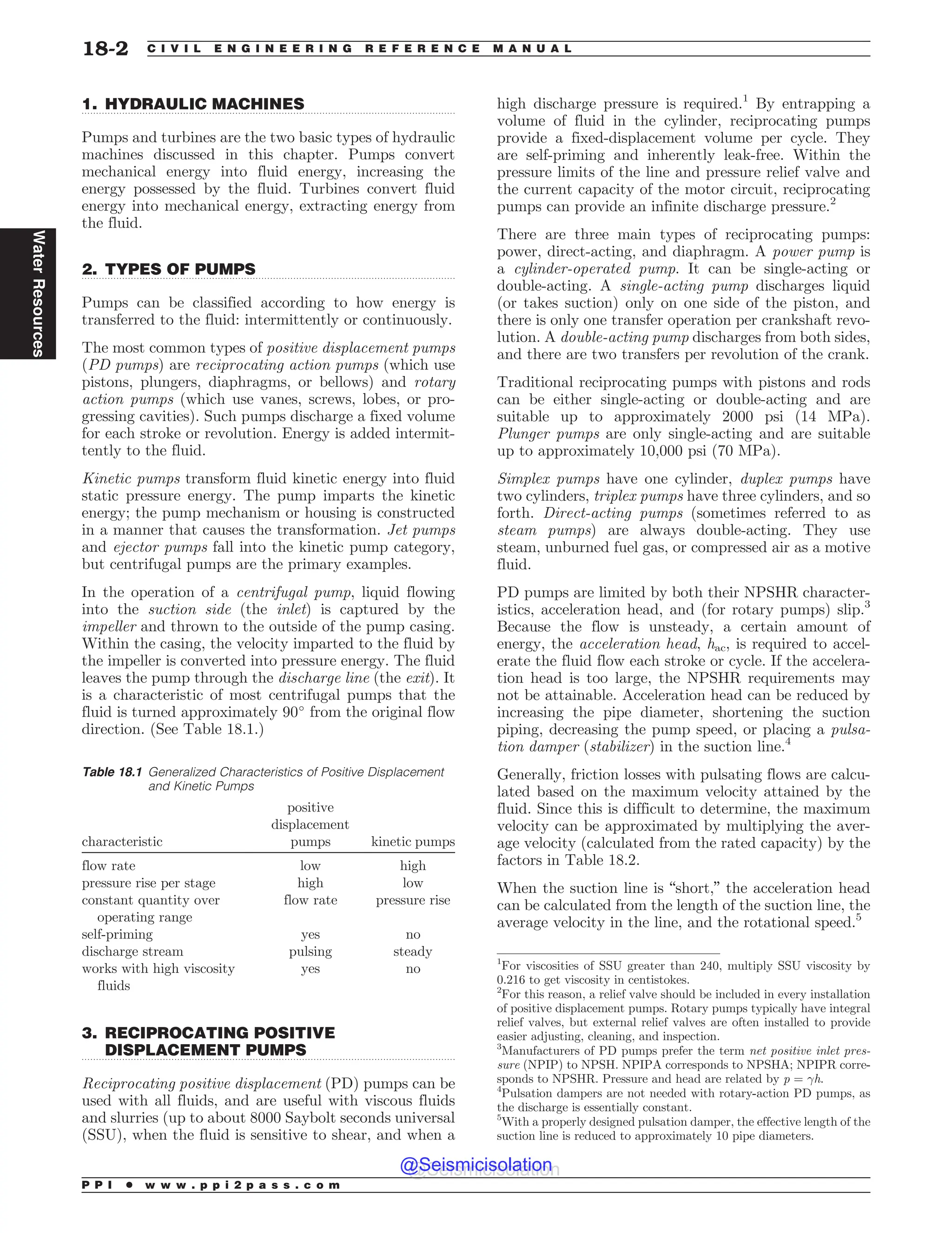 .................................................................................................................................
.................................................................................................................................
.................................................................................................................................
1. HYDRAULIC MACHINES
Pumps and turbines are the two basic types of hydraulic
machines discussed in this chapter. Pumps convert
mechanical energy into fluid energy, increasing the
energy possessed by the fluid. Turbines convert fluid
energy into mechanical energy, extracting energy from
the fluid.
2. TYPES OF PUMPS
Pumps can be classified according to how energy is
transferred to the fluid: intermittently or continuously.
The most common types of positive displacement pumps
(PD pumps) are reciprocating action pumps (which use
pistons, plungers, diaphragms, or bellows) and rotary
action pumps (which use vanes, screws, lobes, or pro-
gressing cavities). Such pumps discharge a fixed volume
for each stroke or revolution. Energy is added intermit-
tently to the fluid.
Kinetic pumps transform fluid kinetic energy into fluid
static pressure energy. The pump imparts the kinetic
energy; the pump mechanism or housing is constructed
in a manner that causes the transformation. Jet pumps
and ejector pumps fall into the kinetic pump category,
but centrifugal pumps are the primary examples.
In the operation of a centrifugal pump, liquid flowing
into the suction side (the inlet) is captured by the
impeller and thrown to the outside of the pump casing.
Within the casing, the velocity imparted to the fluid by
the impeller is converted into pressure energy. The fluid
leaves the pump through the discharge line (the exit). It
is a characteristic of most centrifugal pumps that the
fluid is turned approximately 90
from the original flow
direction. (See Table 18.1.)
3. RECIPROCATING POSITIVE
DISPLACEMENT PUMPS
Reciprocating positive displacement (PD) pumps can be
used with all fluids, and are useful with viscous fluids
and slurries (up to about 8000 Saybolt seconds universal
(SSU), when the fluid is sensitive to shear, and when a
high discharge pressure is required.1
By entrapping a
volume of fluid in the cylinder, reciprocating pumps
provide a fixed-displacement volume per cycle. They
are self-priming and inherently leak-free. Within the
pressure limits of the line and pressure relief valve and
the current capacity of the motor circuit, reciprocating
pumps can provide an infinite discharge pressure.2
There are three main types of reciprocating pumps:
power, direct-acting, and diaphragm. A power pump is
a cylinder-operated pump. It can be single-acting or
double-acting. A single-acting pump discharges liquid
(or takes suction) only on one side of the piston, and
there is only one transfer operation per crankshaft revo-
lution. A double-acting pump discharges from both sides,
and there are two transfers per revolution of the crank.
Traditional reciprocating pumps with pistons and rods
can be either single-acting or double-acting and are
suitable up to approximately 2000 psi (14 MPa).
Plunger pumps are only single-acting and are suitable
up to approximately 10,000 psi (70 MPa).
Simplex pumps have one cylinder, duplex pumps have
two cylinders, triplex pumps have three cylinders, and so
forth. Direct-acting pumps (sometimes referred to as
steam pumps) are always double-acting. They use
steam, unburned fuel gas, or compressed air as a motive
fluid.
PD pumps are limited by both their NPSHR character-
istics, acceleration head, and (for rotary pumps) slip.3
Because the flow is unsteady, a certain amount of
energy, the acceleration head, hac, is required to accel-
erate the fluid flow each stroke or cycle. If the accelera-
tion head is too large, the NPSHR requirements may
not be attainable. Acceleration head can be reduced by
increasing the pipe diameter, shortening the suction
piping, decreasing the pump speed, or placing a pulsa-
tion damper (stabilizer) in the suction line.4
Generally, friction losses with pulsating flows are calcu-
lated based on the maximum velocity attained by the
fluid. Since this is difficult to determine, the maximum
velocity can be approximated by multiplying the aver-
age velocity (calculated from the rated capacity) by the
factors in Table 18.2.
When the suction line is “short,” the acceleration head
can be calculated from the length of the suction line, the
average velocity in the line, and the rotational speed.5
Table 18.1 Generalized Characteristics of Positive Displacement
and Kinetic Pumps
characteristic
positive
displacement
pumps kinetic pumps
flow rate low high
pressure rise per stage high low
constant quantity over
operating range
flow rate pressure rise
self-priming yes no
discharge stream pulsing steady
works with high viscosity
fluids
yes no
1
For viscosities of SSU greater than 240, multiply SSU viscosity by
0.216 to get viscosity in centistokes.
2
For this reason, a relief valve should be included in every installation
of positive displacement pumps. Rotary pumps typically have integral
relief valves, but external relief valves are often installed to provide
easier adjusting, cleaning, and inspection.
3
Manufacturers of PD pumps prefer the term net positive inlet pres-
sure (NPIP) to NPSH. NPIPA corresponds to NPSHA; NPIPR corre-
sponds to NPSHR. Pressure and head are related by p = !h.
4
Pulsation dampers are not needed with rotary-action PD pumps, as
the discharge is essentially constant.
5
With a properly designed pulsation damper, the effective length of the
suction line is reduced to approximately 10 pipe diameters.
P P I * w w w . p p i 2 p a s s . c o m
18-2 C I V I L E N G I N E E R I N G R E F E R E N C E M A N U A L
Water
Resources
@Seismicisolation
@Seismicisolation
 