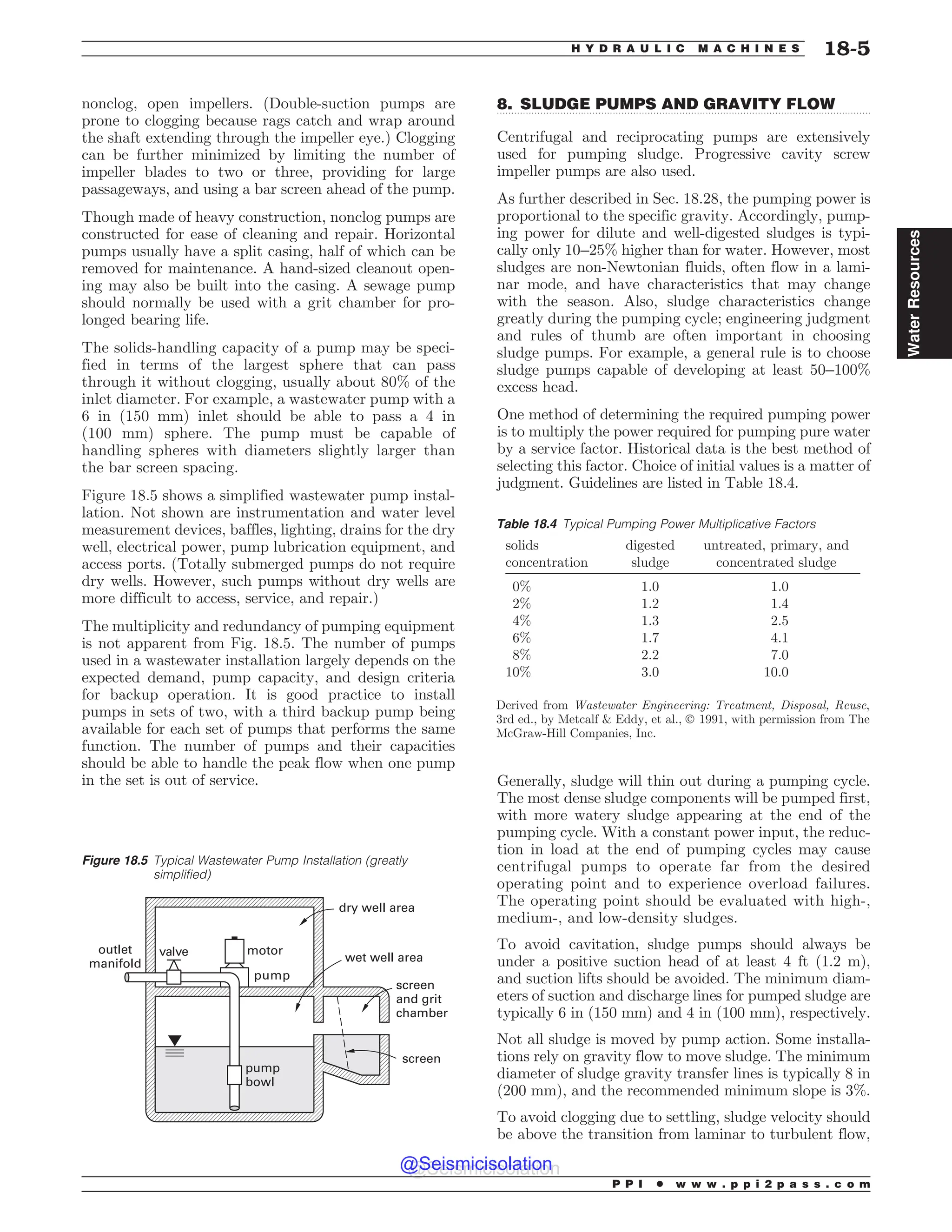 .................................................................................................................................
nonclog, open impellers. (Double-suction pumps are
prone to clogging because rags catch and wrap around
the shaft extending through the impeller eye.) Clogging
can be further minimized by limiting the number of
impeller blades to two or three, providing for large
passageways, and using a bar screen ahead of the pump.
Though made of heavy construction, nonclog pumps are
constructed for ease of cleaning and repair. Horizontal
pumps usually have a split casing, half of which can be
removed for maintenance. A hand-sized cleanout open-
ing may also be built into the casing. A sewage pump
should normally be used with a grit chamber for pro-
longed bearing life.
The solids-handling capacity of a pump may be speci-
fied in terms of the largest sphere that can pass
through it without clogging, usually about 80% of the
inlet diameter. For example, a wastewater pump with a
6 in (150 mm) inlet should be able to pass a 4 in
(100 mm) sphere. The pump must be capable of
handling spheres with diameters slightly larger than
the bar screen spacing.
Figure 18.5 shows a simplified wastewater pump instal-
lation. Not shown are instrumentation and water level
measurement devices, baffles, lighting, drains for the dry
well, electrical power, pump lubrication equipment, and
access ports. (Totally submerged pumps do not require
dry wells. However, such pumps without dry wells are
more difficult to access, service, and repair.)
The multiplicity and redundancy of pumping equipment
is not apparent from Fig. 18.5. The number of pumps
used in a wastewater installation largely depends on the
expected demand, pump capacity, and design criteria
for backup operation. It is good practice to install
pumps in sets of two, with a third backup pump being
available for each set of pumps that performs the same
function. The number of pumps and their capacities
should be able to handle the peak flow when one pump
in the set is out of service.
8. SLUDGE PUMPS AND GRAVITY FLOW
Centrifugal and reciprocating pumps are extensively
used for pumping sludge. Progressive cavity screw
impeller pumps are also used.
As further described in Sec. 18.28, the pumping power is
proportional to the specific gravity. Accordingly, pump-
ing power for dilute and well-digested sludges is typi-
cally only 10–25% higher than for water. However, most
sludges are non-Newtonian fluids, often flow in a lami-
nar mode, and have characteristics that may change
with the season. Also, sludge characteristics change
greatly during the pumping cycle; engineering judgment
and rules of thumb are often important in choosing
sludge pumps. For example, a general rule is to choose
sludge pumps capable of developing at least 50–100%
excess head.
One method of determining the required pumping power
is to multiply the power required for pumping pure water
by a service factor. Historical data is the best method of
selecting this factor. Choice of initial values is a matter of
judgment. Guidelines are listed in Table 18.4.
Generally, sludge will thin out during a pumping cycle.
The most dense sludge components will be pumped first,
with more watery sludge appearing at the end of the
pumping cycle. With a constant power input, the reduc-
tion in load at the end of pumping cycles may cause
centrifugal pumps to operate far from the desired
operating point and to experience overload failures.
The operating point should be evaluated with high-,
medium-, and low-density sludges.
To avoid cavitation, sludge pumps should always be
under a positive suction head of at least 4 ft (1.2 m),
and suction lifts should be avoided. The minimum diam-
eters of suction and discharge lines for pumped sludge are
typically 6 in (150 mm) and 4 in (100 mm), respectively.
Not all sludge is moved by pump action. Some installa-
tions rely on gravity flow to move sludge. The minimum
diameter of sludge gravity transfer lines is typically 8 in
(200 mm), and the recommended minimum slope is 3%.
To avoid clogging due to settling, sludge velocity should
be above the transition from laminar to turbulent flow,
Figure 18.5 Typical Wastewater Pump Installation (greatly
simplified)
PVUMFU
NBOJGPME
WBMWF
QVNQ
CPXM
TDSFFO
NPUPS
XFUXFMMBSFB
ESZXFMMBSFB
TDSFFO
BOEHSJU
DIBNCFS
QVNQ
Table 18.4 Typical Pumping Power Multiplicative Factors
solids
concentration
digested
sludge
untreated, primary, and
concentrated sludge
0% 1.0 1.0
2% 1.2 1.4
4% 1.3 2.5
6% 1.7 4.1
8% 2.2 7.0
10% 3.0 10.0
Derived from Wastewater Engineering: Treatment, Disposal, Reuse,
3rd ed., by Metcalf  Eddy, et al., Ó 1991, with permission from The
McGraw-Hill Companies, Inc.
P P I * w w w . p p i 2 p a s s . c o m
H Y D R A U L I C M A C H I N E S 18-5
Water
Resources
@Seismicisolation
@Seismicisolation
 