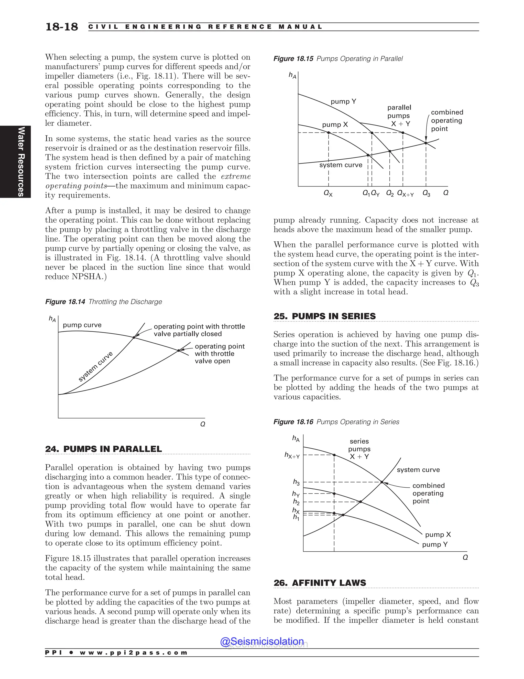 .................................................................................................................................
.................................................................................................................................
.................................................................................................................................
When selecting a pump, the system curve is plotted on
manufacturers’ pump curves for different speeds and/or
impeller diameters (i.e., Fig. 18.11). There will be sev-
eral possible operating points corresponding to the
various pump curves shown. Generally, the design
operating point should be close to the highest pump
efficiency. This, in turn, will determine speed and impel-
ler diameter.
In some systems, the static head varies as the source
reservoir is drained or as the destination reservoir fills.
The system head is then defined by a pair of matching
system friction curves intersecting the pump curve.
The two intersection points are called the extreme
operating points—the maximum and minimum capac-
ity requirements.
After a pump is installed, it may be desired to change
the operating point. This can be done without replacing
the pump by placing a throttling valve in the discharge
line. The operating point can then be moved along the
pump curve by partially opening or closing the valve, as
is illustrated in Fig. 18.14. (A throttling valve should
never be placed in the suction line since that would
reduce NPSHA.)
24. PUMPS IN PARALLEL
Parallel operation is obtained by having two pumps
discharging into a common header. This type of connec-
tion is advantageous when the system demand varies
greatly or when high reliability is required. A single
pump providing total flow would have to operate far
from its optimum efficiency at one point or another.
With two pumps in parallel, one can be shut down
during low demand. This allows the remaining pump
to operate close to its optimum efficiency point.
Figure 18.15 illustrates that parallel operation increases
the capacity of the system while maintaining the same
total head.
The performance curve for a set of pumps in parallel can
be plotted by adding the capacities of the two pumps at
various heads. A second pump will operate only when its
discharge head is greater than the discharge head of the
pump already running. Capacity does not increase at
heads above the maximum head of the smaller pump.
When the parallel performance curve is plotted with
the system head curve, the operating point is the inter-
section of the system curve with the X + Y curve. With
pump X operating alone, the capacity is given by Q1.
When pump Y is added, the capacity increases to Q3
with a slight increase in total head.
25. PUMPS IN SERIES
Series operation is achieved by having one pump dis-
charge into the suction of the next. This arrangement is
used primarily to increase the discharge head, although
a small increase in capacity also results. (See Fig. 18.16.)
The performance curve for a set of pumps in series can
be plotted by adding the heads of the two pumps at
various capacities.
26. AFFINITY LAWS
Most parameters (impeller diameter, speed, and flow
rate) determining a specific pump’s performance can
be modified. If the impeller diameter is held constant
Figure 18.14 Throttling the Discharge
pump curve
operating point
with throttle
valve open
Q
hA
system
curve
operating point with throttle
valve partially closed
Figure 18.15 Pumps Operating in Parallel
QVNQ:
QVNQ9
QBSBMMFM
QVNQT
9:
DPNCJOFE
PQFSBUJOH
QPJOU
29 2: 29: 2
2 2 2
I
TZTUFNDVSWF
Figure 18.16 Pumps Operating in Series
2
TZTUFNDVSWF
TFSJFT
QVNQT
9:
DPNCJOFE
PQFSBUJOH
QPJOU
QVNQ9
I9:
I:
I9
I
I
I
I
QVNQ:
P P I * w w w . p p i 2 p a s s . c o m
18-18 C I V I L E N G I N E E R I N G R E F E R E N C E M A N U A L
Water
Resources
@Seismicisolation
@Seismicisolation
 