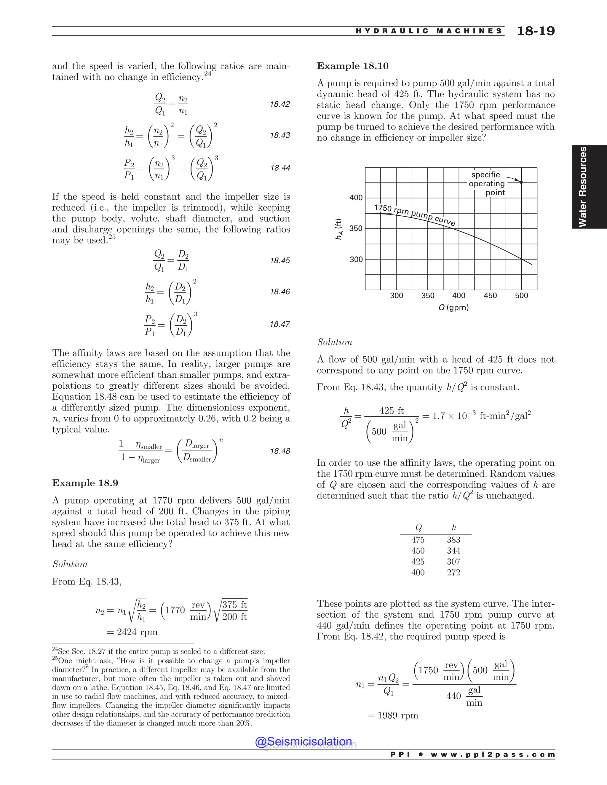 and the speed is varied, the following ratios are main-
tained with no change in efficiency.24
Q2
Q1
¼
n2
n1
18:42
h2
h1
¼
n2
n1
! 2
¼
Q2
Q1
! 2
18:43
P2
P1
¼
n2
n1
! 3
¼
Q2
Q1
! 3
18:44
If the speed is held constant and the impeller size is
reduced (i.e., the impeller is trimmed), while keeping
the pump body, volute, shaft diameter, and suction
and discharge openings the same, the following ratios
may be used.25
Q2
Q1
¼
D2
D1
18:45
h2
h1
¼
D2
D1
! 2
18:46
P2
P1
¼
D2
D1
! 3
18:47
The affinity laws are based on the assumption that the
efficiency stays the same. In reality, larger pumps are
somewhat more efficient than smaller pumps, and extra-
polations to greatly different sizes should be avoided.
Equation 18.48 can be used to estimate the efficiency of
a differently sized pump. The dimensionless exponent,
n, varies from 0 to approximately 0.26, with 0.2 being a
typical value.
1 % smaller
1 % larger
¼
Dlarger
Dsmaller
! n
18:48
Example 18.9
A pump operating at 1770 rpm delivers 500 gal/min
against a total head of 200 ft. Changes in the piping
system have increased the total head to 375 ft. At what
speed should this pump be operated to achieve this new
head at the same efficiency?
Solution
From Eq. 18.43,
n2 ¼ n1
ﬃﬃﬃﬃﬃ
h2
h1
r
¼ 1770
rev
min
# $ ﬃﬃﬃﬃﬃﬃﬃﬃﬃﬃﬃﬃﬃ
375 ft
200 ft
r
¼ 2424 rpm
Example 18.10
A pump is required to pump 500 gal/min against a total
dynamic head of 425 ft. The hydraulic system has no
static head change. Only the 1750 rpm performance
curve is known for the pump. At what speed must the
pump be turned to achieve the desired performance with
no change in efficiency or impeller size?

TQFDJGJF
PQFSBUJOH
QPJOU







2 HQN
I


GU
SQNQVNQDVSWF
Solution
A flow of 500 gal/min with a head of 425 ft does not
correspond to any point on the 1750 rpm curve.
From Eq. 18.43, the quantity h/Q2
is constant.
h
Q2
¼
425 ft
500
gal
min
! 2
¼ 1:7 $ 10%3
ft-min2
=gal2
In order to use the affinity laws, the operating point on
the 1750 rpm curve must be determined. Random values
of Q are chosen and the corresponding values of h are
determined such that the ratio h/Q2
is unchanged.
Q h
475 383
450 344
425 307
400 272
These points are plotted as the system curve. The inter-
section of the system and 1750 rpm pump curve at
440 gal/min defines the operating point at 1750 rpm.
From Eq. 18.42, the required pump speed is
n2 ¼
n1Q2
Q1
¼
1750
rev
min
# $
500
gal
min
! 
440
gal
min
¼ 1989 rpm
24
See Sec. 18.27 if the entire pump is scaled to a different size.
25
One might ask, “How is it possible to change a pump’s impeller
diameter?” In practice, a different impeller may be available from the
manufacturer, but more often the impeller is taken out and shaved
down on a lathe. Equation 18.45, Eq. 18.46, and Eq. 18.47 are limited
in use to radial flow machines, and with reduced accuracy, to mixed-
flow impellers. Changing the impeller diameter significantly impacts
other design relationships, and the accuracy of performance prediction
decreases if the diameter is changed much more than 20%.
P P I * w w w . p p i 2 p a s s . c o m
H Y D R A U L I C M A C H I N E S 18-19
Water
Resources
@Seismicisolation
@Seismicisolation
 
