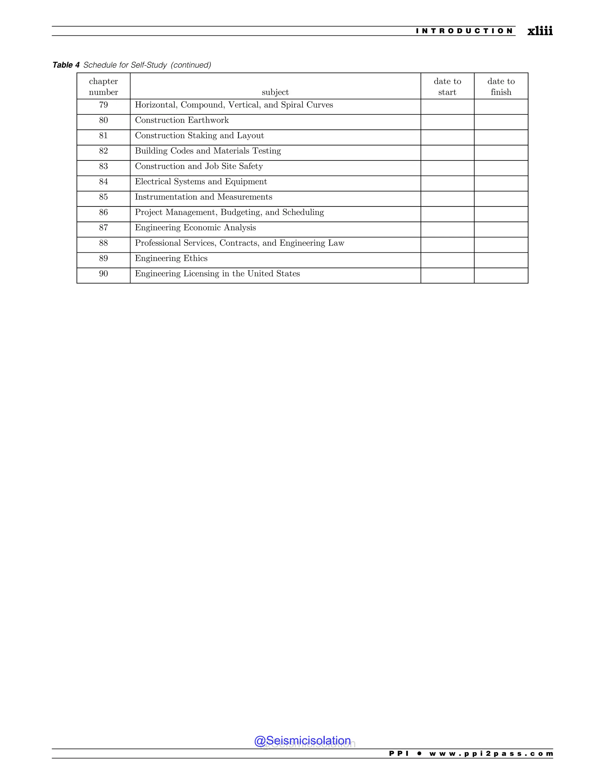 Table 4 Schedule for Self-Study (continued)
chapter
number subject
date to
start
date to
finish
79 Horizontal, Compound, Vertical, and Spiral Curves
80 Construction Earthwork
81 Construction Staking and Layout
82 Building Codes and Materials Testing
83 Construction and Job Site Safety
84 Electrical Systems and Equipment
85 Instrumentation and Measurements
86 Project Management, Budgeting, and Scheduling
87 Engineering Economic Analysis
88 Professional Services, Contracts, and Engineering Law
89 Engineering Ethics
90 Engineering Licensing in the United States
P P I * w w w . p p i 2 p a s s . c o m
I N T R O D U C T I O N xliii
@Seismicisolation
@Seismicisolation
 