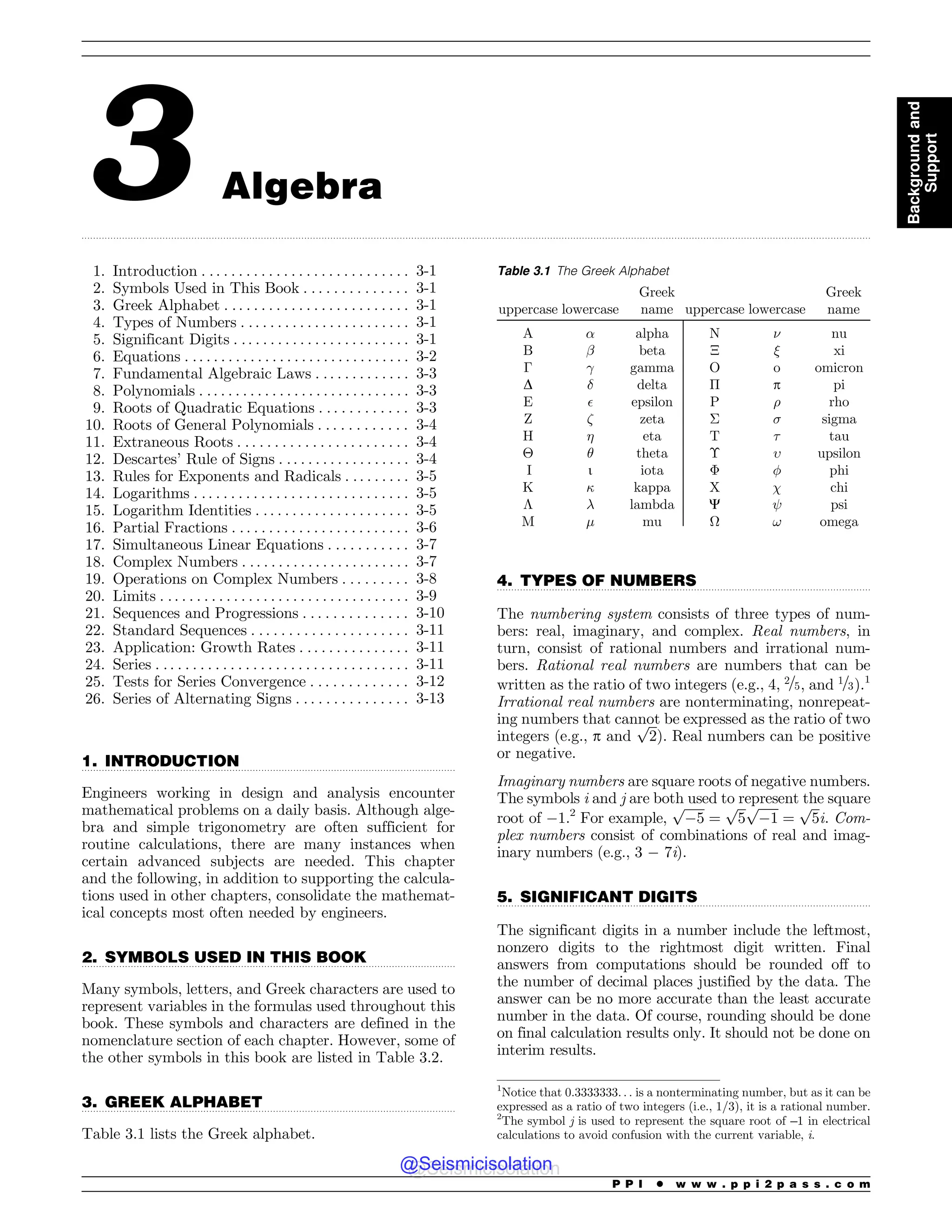 .................................................................................................................................................................................................................................................................................
.................................................................................................................................
.................................................................................................................................
.................................................................................................................................
.................................................................................................................................
.................................................................................................................................
3 Algebra
1. Introduction . . . . . . . . . . . . . . . . . . . . . . . . . . . . 3-1
2. Symbols Used in This Book . . . . . . . . . . . . . . 3-1
3. Greek Alphabet . . . . . . . . . . . . . . . . . . . . . . . . . 3-1
4. Types of Numbers . . . . . . . . . . . . . . . . . . . . . . . 3-1
5. Significant Digits . . . . . . . . . . . . . . . . . . . . . . . . 3-1
6. Equations . .. . . . . . . . . . . . . . . . . . . . . . . . . . . . . 3-2
7. Fundamental Algebraic Laws . . . . . . . . . . . . . 3-3
8. Polynomials . . . . . . . . . . . . . . . . . . . . . . . . . . . . . 3-3
9. Roots of Quadratic Equations . . . . . . . . . . . . 3-3
10. Roots of General Polynomials . . . . . . . . . . . . 3-4
11. Extraneous Roots . . . . . . . . . . . . . . . . . . . . . . . 3-4
12. Descartes’ Rule of Signs . . . . . . . . . . . . . . . . . . 3-4
13. Rules for Exponents and Radicals . . . . . . . . . 3-5
14. Logarithms . . . . . . . . . . . . . . . . . . . . . . . . . . . . . 3-5
15. Logarithm Identities . . . . . . . . . . . . . . . . . . . . . 3-5
16. Partial Fractions . . . . . . . . . . . . . . . . . . . . . . . . 3-6
17. Simultaneous Linear Equations . . . . . . . . . . . 3-7
18. Complex Numbers . . . . . . . . . . . . . . . . . . . . . . . 3-7
19. Operations on Complex Numbers . . . . . . . . . 3-8
20. Limits . . . . . . . . . . . . . . . . . . . . . . . . . . . . . . . . . . 3-9
21. Sequences and Progressions . . . . . . . . . . . . . . 3-10
22. Standard Sequences . . . . . . . . . . . . . . . . . . . . . 3-11
23. Application: Growth Rates . . . . . . . . . . . . . . . 3-11
24. Series . . . . . . . . . . . . . . . . . . . . . . . . . . . . . . . . . . 3-11
25. Tests for Series Convergence . . . . . . . . . . . . . 3-12
26. Series of Alternating Signs . . . . . . . . . . . . . . . 3-13
1. INTRODUCTION
Engineers working in design and analysis encounter
mathematical problems on a daily basis. Although alge-
bra and simple trigonometry are often sufficient for
routine calculations, there are many instances when
certain advanced subjects are needed. This chapter
and the following, in addition to supporting the calcula-
tions used in other chapters, consolidate the mathemat-
ical concepts most often needed by engineers.
2. SYMBOLS USED IN THIS BOOK
Many symbols, letters, and Greek characters are used to
represent variables in the formulas used throughout this
book. These symbols and characters are defined in the
nomenclature section of each chapter. However, some of
the other symbols in this book are listed in Table 3.2.
3. GREEK ALPHABET
Table 3.1 lists the Greek alphabet.
4. TYPES OF NUMBERS
The numbering system consists of three types of num-
bers: real, imaginary, and complex. Real numbers, in
turn, consist of rational numbers and irrational num-
bers. Rational real numbers are numbers that can be
written as the ratio of two integers (e.g., 4, 2=5, and 1=3).1
Irrational real numbers are nonterminating, nonrepeat-
ing numbers that cannot be expressed as the ratio of two
integers (e.g., p and
ﬃﬃﬃ
2
p
). Real numbers can be positive
or negative.
Imaginary numbers are square roots of negative numbers.
The symbols i and j are both used to represent the square
root of !1.2
For example,
ﬃﬃﬃﬃﬃﬃﬃ
!5
p
¼
ﬃﬃﬃ
5
p ﬃﬃﬃﬃﬃﬃﬃ
!1
p
¼
ﬃﬃﬃ
5
p
i. Com-
plex numbers consist of combinations of real and imag-
inary numbers (e.g., 3 ! 7i).
5. SIGNIFICANT DIGITS
The significant digits in a number include the leftmost,
nonzero digits to the rightmost digit written. Final
answers from computations should be rounded off to
the number of decimal places justified by the data. The
answer can be no more accurate than the least accurate
number in the data. Of course, rounding should be done
on final calculation results only. It should not be done on
interim results.
Table 3.1 The Greek Alphabet
uppercase lowercase
Greek
name uppercase lowercase
Greek
name
A ! alpha N  nu
B # beta ! $ xi
 % gamma O o omicron
D  delta # p pi
E ' epsilon P ( rho
Z ) zeta $ * sigma
H + eta T , tau
% - theta  . upsilon
I i iota ' / phi
K 0 kappa X 1 chi
( 2 lambda C psi
M 3 mu ) ! omega
1
Notice that 0.3333333. . . is a nonterminating number, but as it can be
expressed as a ratio of two integers (i.e., 1/3), it is a rational number.
2
The symbol j is used to represent the square root of –1 in electrical
calculations to avoid confusion with the current variable, i.
P P I * w w w . p p i 2 p a s s . c o m
Background
and
Support
@Seismicisolation
@Seismicisolation
 