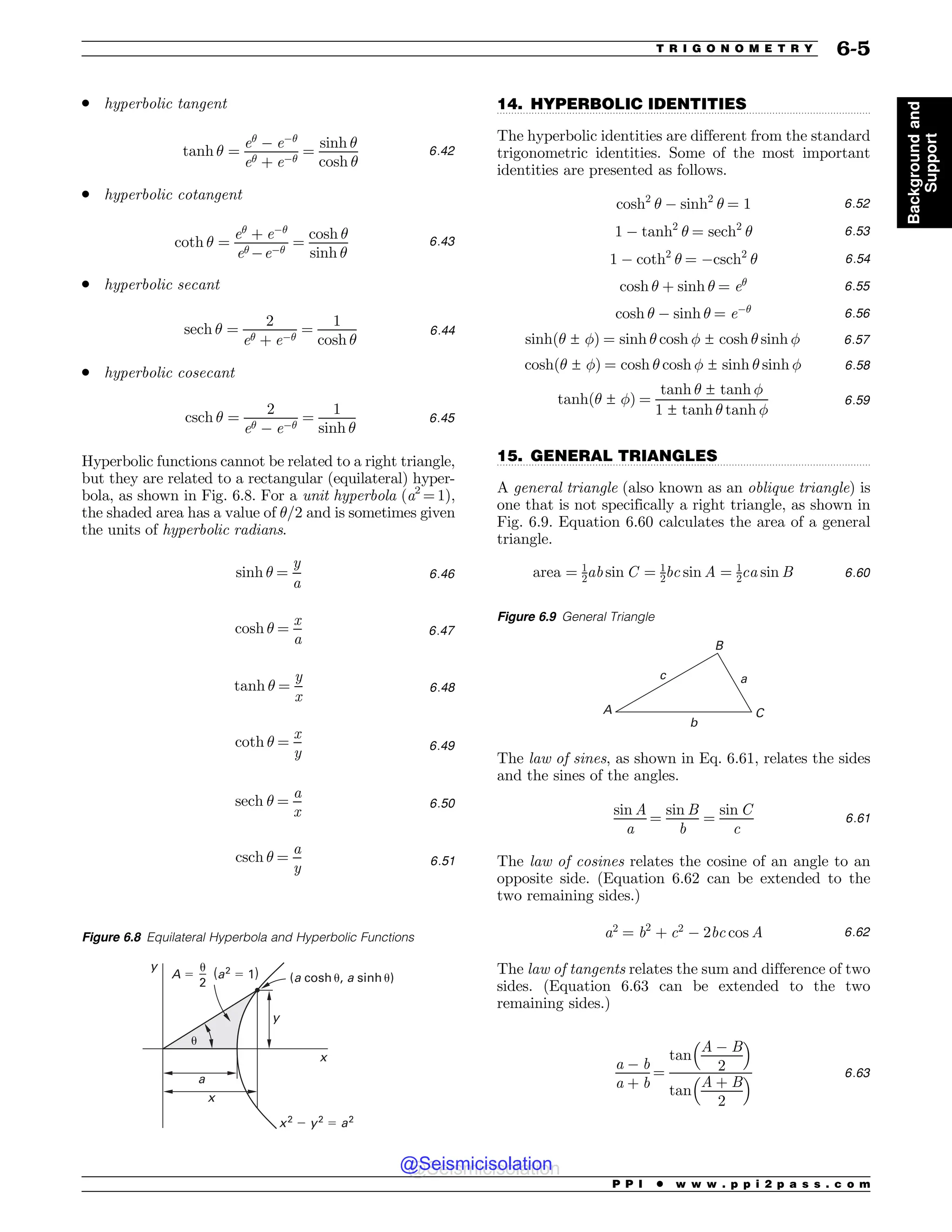 .................................................................................................................................
.................................................................................................................................
. hyperbolic tangent
tanh ! ¼
e!
) e)!
e! þ e)!
¼
sinh !
cosh !
6:42
. hyperbolic cotangent
coth ! ¼
e!
þ e)!
e! )e)!
¼
cosh !
sinh !
6:43
. hyperbolic secant
sech ! ¼
2
e! þ e)!
¼
1
cosh !
6:44
. hyperbolic cosecant
csch ! ¼
2
e! ) e)!
¼
1
sinh !
6:45
Hyperbolic functions cannot be related to a right triangle,
but they are related to a rectangular (equilateral) hyper-
bola, as shown in Fig. 6.8. For a unit hyperbola (a2
= 1),
the shaded area has a value of !/2 and is sometimes given
the units of hyperbolic radians.
sinh ! ¼
y
a
6:46
cosh ! ¼
x
a
6:47
tanh ! ¼
y
x
6:48
coth ! ¼
x
y 6:49
sech ! ¼
a
x
6:50
csch ! ¼
a
y 6:51
14. HYPERBOLIC IDENTITIES
The hyperbolic identities are different from the standard
trigonometric identities. Some of the most important
identities are presented as follows.
cosh2
! ) sinh2
! ¼ 1 6:52
1 ) tanh2
! ¼ sech2
! 6:53
1 ) coth2
! ¼ )csch2
! 6:54
cosh ! þ sinh ! ¼ e! 6:55
cosh ! ) sinh ! ¼ e)! 6:56
sinhð! ± #Þ ¼ sinh ! cosh # ± cosh ! sinh # 6:57
coshð! ± #Þ ¼ cosh ! cosh # ± sinh ! sinh # 6:58
tanhð! ± #Þ ¼
tanh ! ± tanh #
1 ± tanh ! tanh #
6:59
15. GENERAL TRIANGLES
A general triangle (also known as an oblique triangle) is
one that is not specifically a right triangle, as shown in
Fig. 6.9. Equation 6.60 calculates the area of a general
triangle.
area ¼ 1
2ab sin C ¼ 1
2bc sin A ¼ 1
2ca sin B 6:60
The law of sines, as shown in Eq. 6.61, relates the sides
and the sines of the angles.
sin A
a
¼
sin B
b
¼
sin C
c
6:61
The law of cosines relates the cosine of an angle to an
opposite side. (Equation 6.62 can be extended to the
two remaining sides.)
a2
¼ b2
þ c2
) 2bc cos A 6:62
The law of tangents relates the sum and difference of two
sides. (Equation 6.63 can be extended to the two
remaining sides.)
a ) b
a þ b
¼
tan
A ) B
2
# $
tan
A þ B
2
# $ 6:63
Figure 6.8 Equilateral Hyperbola and Hyperbolic Functions
Y
Z
B
BDPTIV BTJOIV
  B
Z
Y
Z
B
Y
V
V

Figure 6.9 General Triangle
B
C
$
D
#

P P I * w w w . p p i 2 p a s s . c o m
T R I G O N O M E T R Y 6-5
Background
and
Support
@Seismicisolation
@Seismicisolation
 