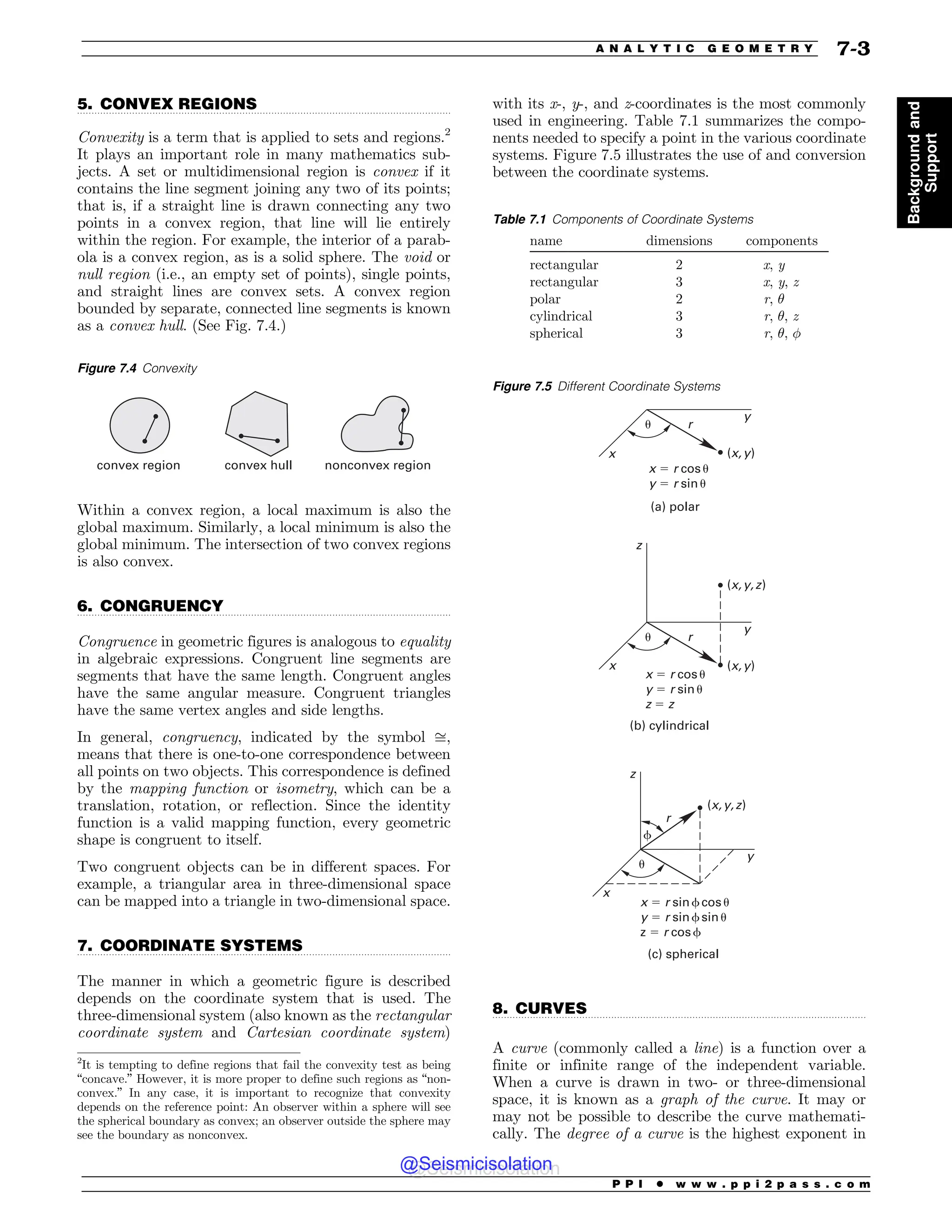 .................................................................................................................................
.................................................................................................................................
.................................................................................................................................
.................................................................................................................................
5. CONVEX REGIONS
Convexity is a term that is applied to sets and regions.2
It plays an important role in many mathematics sub-
jects. A set or multidimensional region is convex if it
contains the line segment joining any two of its points;
that is, if a straight line is drawn connecting any two
points in a convex region, that line will lie entirely
within the region. For example, the interior of a parab-
ola is a convex region, as is a solid sphere. The void or
null region (i.e., an empty set of points), single points,
and straight lines are convex sets. A convex region
bounded by separate, connected line segments is known
as a convex hull. (See Fig. 7.4.)
Within a convex region, a local maximum is also the
global maximum. Similarly, a local minimum is also the
global minimum. The intersection of two convex regions
is also convex.
6. CONGRUENCY
Congruence in geometric figures is analogous to equality
in algebraic expressions. Congruent line segments are
segments that have the same length. Congruent angles
have the same angular measure. Congruent triangles
have the same vertex angles and side lengths.
In general, congruency, indicated by the symbol ﬃ,
means that there is one-to-one correspondence between
all points on two objects. This correspondence is defined
by the mapping function or isometry, which can be a
translation, rotation, or reflection. Since the identity
function is a valid mapping function, every geometric
shape is congruent to itself.
Two congruent objects can be in different spaces. For
example, a triangular area in three-dimensional space
can be mapped into a triangle in two-dimensional space.
7. COORDINATE SYSTEMS
The manner in which a geometric figure is described
depends on the coordinate system that is used. The
three-dimensional system (also known as the rectangular
coordinate system and Cartesian coordinate system)
with its x-, y-, and z-coordinates is the most commonly
used in engineering. Table 7.1 summarizes the compo-
nents needed to specify a point in the various coordinate
systems. Figure 7.5 illustrates the use of and conversion
between the coordinate systems.
8. CURVES
A curve (commonly called a line) is a function over a
finite or infinite range of the independent variable.
When a curve is drawn in two- or three-dimensional
space, it is known as a graph of the curve. It may or
may not be possible to describe the curve mathemati-
cally. The degree of a curve is the highest exponent in
2
It is tempting to define regions that fail the convexity test as being
“concave.” However, it is more proper to define such regions as “non-
convex.” In any case, it is important to recognize that convexity
depends on the reference point: An observer within a sphere will see
the spherical boundary as convex; an observer outside the sphere may
see the boundary as nonconvex.
Figure 7.4 Convexity
convex region convex hull nonconvex region
Table 7.1 Components of Coordinate Systems
name dimensions components
rectangular 2 x, y
rectangular 3 x, y, z
polar 2 r, 
cylindrical 3 r, , z
spherical 3 r, , !
Figure 7.5 Different Coordinate Systems
YSDPTV
ZSTJOV
B QPMBS
[
Y
Y
YSDPTV
ZSTJOV
[[
C DZMJOESJDBM
Z
S
Y Z
Y Z
Y Z [
V
Z
S
V
[
Y
Z
V
YSTJOGDPTV
ZSTJOGTJOV
[SDPTG
D TQIFSJDBM
S
Y Z [
G
P P I * w w w . p p i 2 p a s s . c o m
A N A L Y T I C G E O M E T R Y 7-3
Background
and
Support
@Seismicisolation
@Seismicisolation
 