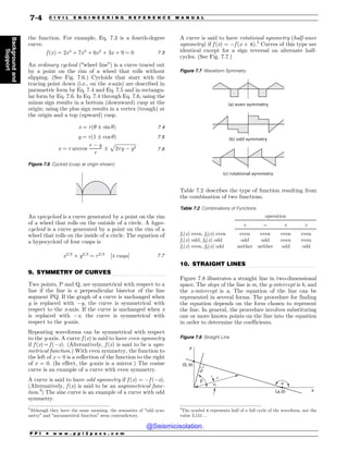 .................................................................................................................................
.................................................................................................................................
the function. For example, Eq. 7.3 is a fourth-degree
curve.
f ðxÞ ¼ 2x4
þ 7x3
þ 6x2
þ 3x þ 9 ¼ 0 7:3
An ordinary cycloid (“wheel line”) is a curve traced out
by a point on the rim of a wheel that rolls without
slipping. (See Fig. 7.6.) Cycloids that start with the
tracing point down (i.e., on the x-axis) are described in
parametric form by Eq. 7.4 and Eq. 7.5 and in rectangu-
lar form by Eq. 7.6. In Eq. 7.4 through Eq. 7.6, using the
minus sign results in a bottom (downward) cusp at the
origin; using the plus sign results in a vertex (trough) at
the origin and a top (upward) cusp.
x ¼ rð! ± sin !Þ 7:4
y ¼ rð1 ± cos !Þ 7:5
x ¼ r arccos
r % y
r
±
ﬃﬃﬃﬃﬃﬃﬃﬃﬃﬃﬃﬃﬃﬃﬃﬃﬃﬃ
2ry % y2
p
7:6
An epicycloid is a curve generated by a point on the rim
of a wheel that rolls on the outside of a circle. A hypo-
cycloid is a curve generated by a point on the rim of a
wheel that rolls on the inside of a circle. The equation of
a hypocycloid of four cusps is
x2=3
þ y2=3
¼ r2=3
½4 cusps' 7:7
9. SYMMETRY OF CURVES
Two points, P and Q, are symmetrical with respect to a
line if the line is a perpendicular bisector of the line
segment PQ. If the graph of a curve is unchanged when
y is replaced with %y, the curve is symmetrical with
respect to the x-axis. If the curve is unchanged when x
is replaced with %x, the curve is symmetrical with
respect to the y-axis.
Repeating waveforms can be symmetrical with respect
to the y-axis. A curve f (x) is said to have even symmetry
if f (x) = f (%x). (Alternatively, f (x) is said to be a sym-
metrical function.) With even symmetry, the function to
the left of x = 0 is a reflection of the function to the right
of x = 0. (In effect, the y-axis is a mirror.) The cosine
curve is an example of a curve with even symmetry.
A curve is said to have odd symmetry if f (x) = %f (%x).
(Alternatively, f (x) is said to be an asymmetrical func-
tion.3
) The sine curve is an example of a curve with odd
symmetry.
A curve is said to have rotational symmetry (half-wave
symmetry) if f (x) = %f (x + p).4
Curves of this type are
identical except for a sign reversal on alternate half-
cycles. (See Fig. 7.7.)
Table 7.2 describes the type of function resulting from
the combination of two functions.
10. STRAIGHT LINES
Figure 7.8 illustrates a straight line in two-dimensional
space. The slope of the line is m, the y-intercept is b, and
the x-intercept is a. The equation of the line can be
represented in several forms. The procedure for finding
the equation depends on the form chosen to represent
the line. In general, the procedure involves substituting
one or more known points on the line into the equation
in order to determine the coefficients.
Figure 7.6 Cycloid (cusp at origin shown)
3
Although they have the same meaning, the semantics of “odd sym-
metry” and “asymmetrical function” seem contradictory.
4
The symbol p represents half of a full cycle of the waveform, not the
value 3.141. . .
Figure 7.7 Waveform Symmetry
(a) even symmetry
(b) odd symmetry
(c) rotational symmetry
Table 7.2 Combinations of Functions
operation
+ – ( )
f1(x) even, f2(x) even even even even even
f1(x) odd, f2(x) odd odd odd even even
f1(x) even, f2(x) odd neither neither odd odd
Figure 7.8 Straight Line
Z
E
S
Y
B 
 C
V
C
B
P P I * w w w . p p i 2 p a s s . c o m
7-4 C I V I L E N G I N E E R I N G R E F E R E N C E M A N U A L
Background
and
Support
@Seismicisolation
@Seismicisolation
 
