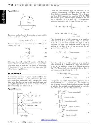 .................................................................................................................................
The center-radius form of the equation of a circle with
radius r and center at (h, k) is
ðx  hÞ2
þ ðy  kÞ2
¼ r2 7:67
The two forms can be converted by use of Eq. 7.68
through Eq. 7.70.
h ¼
D
2A
7:68
k ¼
E
2A
7:69
r2
¼
D2
þ E2
 4AF
4A2
7:70
If the right-hand side of Eq. 7.70 is positive, the figure is
a circle. If it is zero, the circle shrinks to a point. If the
right-hand side is negative, the figure is imaginary.
A degenerate circle is one in which the right-hand side
is less than or equal to zero.
18. PARABOLA
A parabola is the locus of points equidistant from the
focus (point F in Fig. 7.13) and a line called the direc-
trix. A parabola is symmetric with respect to its para-
bolic axis. The line normal to the parabolic axis and
passing through the focus is known as the latus rectum.
The eccentricity of a parabola is 1.
There are two common types of parabolas in the
Cartesian plane—those that open right and left, and
those that open up and down. Equation 7.65 is the gen-
eral form of the equation of a parabola. With Eq. 7.71,
the parabola points horizontally to the right if CD 4 0
and to the left if CD 5 0. With Eq. 7.72, the parabola
points vertically up if AE 4 0 and down if AE 5 0.
Cy2
þ Dx þ Ey þ F ¼ 0 C; D 6¼ 0
opens horizontally
$
$
$
$
$
$
7:71
Ax2
þ Dx þ Ey þ F ¼ 0 A; E 6¼ 0
opens vertically
$
$
$
$
$
$
7:72
The standard form of the equation of a parabola
with vertex at ðh; kÞ, focus at ðh þ p; kÞ, and directrix
at x = h  p, and that opens to the right or left is
given by Eq. 7.73. The parabola opens to the right
(points to the left) if p 4 0 and opens to the left
(points to the right) if p 5 0.
ðy  kÞ2
¼ 4pðx  hÞ opens horizontally
$
$
$ 7:73
y2
¼ 4px vertex at origin
h ¼ k ¼ 0
$
$
$
$
$
$
7:74
The standard form of the equation of a parabola
with vertex at ðh; kÞ, focus at ðh; k þ pÞ, and directrix
at y = k  p, and that opens up or down is given by
Eq. 7.75. The parabola opens up (points down) if p 4 0
and opens down (points up) if p 5 0.
ðx  hÞ2
¼ 4pðy  kÞjopens vertically 7:75
x2
¼ 4pyjvertex at origin 7:76
The general and vertex forms of the equations can be
reconciled with Eq. 7.77 through Eq. 7.79. Whether the
first or second forms of these equations are used depends
on whether the parabola opens horizontally or vertically
(i.e., whether A = 0 or C = 0), respectively.
h ¼
E2
 4CF
4CD
½opens horizontally*
D
2A
½opens vertically*
8





:
7:77
k ¼
E
2C
½opens horizontally*
D2
 4AF
4AE
½opens vertically*
8





:
7:78
p ¼
D
4C
½opens horizontally*
E
4A
½opens vertically*
8





:
7:79
Figure 7.12 Circle
I L
S
Z
Y
Figure 7.13 Parabola
EJSFDUSJY
YIQ
MBUVTSFDUVN
YIQ
GPDVT IQ L
WFSUFY I L
QBSBCPMJDBYJT
Z
Y
'
YI
Q Q
ZL 
Q YI
7
1
P P I * w w w . p p i 2 p a s s . c o m
7-10 C I V I L E N G I N E E R I N G R E F E R E N C E M A N U A L
Background
and
Support
@Seismicisolation
@Seismicisolation
 