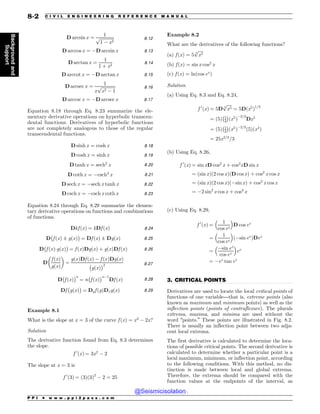 .................................................................................................................................
D arcsin x ¼
1
ﬃﬃﬃﬃﬃﬃﬃﬃﬃﬃﬃﬃﬃ
1 $ x2
p 8:12
D arccos x ¼ $D arcsin x 8:13
D arctan x ¼
1
1 þ x2
8:14
D arccot x ¼ $D arctan x 8:15
D arcsec x ¼
1
x
ﬃﬃﬃﬃﬃﬃﬃﬃﬃﬃﬃﬃﬃ
x2 $ 1
p 8:16
D arccsc x ¼ $D arcsec x 8:17
Equation 8.18 through Eq. 8.23 summarize the ele-
mentary derivative operations on hyperbolic transcen-
dental functions. Derivatives of hyperbolic functions
are not completely analogous to those of the regular
transcendental functions.
D sinh x ¼ cosh x 8:18
D cosh x ¼ sinh x 8:19
D tanh x ¼ sech2
x 8:20
D coth x ¼ $csch2
x 8:21
D sech x ¼ $sech x tanh x 8:22
D csch x ¼ $csch x coth x 8:23
Equation 8.24 through Eq. 8.29 summarize the elemen-
tary derivative operations on functions and combinations
of functions.
Dkf ðxÞ ¼ kDf ðxÞ 8:24
D

f ðxÞ ± gðxÞ
#
¼ Df ðxÞ ± DgðxÞ 8:25
D

f ðxÞgðxÞ
#
¼ f ðxÞDgðxÞ þ gðxÞDf ðxÞ 8:26
D
f ðxÞ
gðxÞ
$ %
¼
gðxÞDf ðxÞ $ f ðxÞDgðxÞ

gðxÞ
#2 8:27
D

f ðxÞ
#n
¼ n

f ðxÞ
#n$1
Df ðxÞ 8:28
Df

gðxÞ
#
¼ Dgf ðgÞDxgðxÞ 8:29
Example 8.1
What is the slope at x = 3 of the curve f ðxÞ ¼ x3
$ 2x?
Solution
The derivative function found from Eq. 8.3 determines
the slope.
f 0
ðxÞ ¼ 3x2
$ 2
The slope at x = 3 is
f 0
ð3Þ ¼ ð3Þð3Þ2
$ 2 ¼ 25
Example 8.2
What are the derivatives of the following functions?
(a) f ðxÞ ¼ 5
ﬃﬃﬃﬃﬃ
x5
3
p
(b) f ðxÞ ¼ sin x cos2
x
(c) f ðxÞ ¼ lnðcos ex
Þ
Solution
(a) Using Eq. 8.3 and Eq. 8.24,
f 0
ðxÞ ¼ 5D
ﬃﬃﬃﬃﬃ
x5
3
p
¼ 5Dðx5
Þ1=3
¼ ð5Þ 1
3
 #
x5
ð Þ
$2=3
Dx5
¼ ð5Þ 1
3
 #
ðx5
Þ$2=3
ð5Þðx4
Þ
¼ 25x2=3
=3
(b) Using Eq. 8.26,
f 0
ðxÞ ¼ sin xD cos2
x þ cos2
xD sin x
¼ ðsin xÞð2 cos xÞðD cos xÞ þ cos2
x cos x
¼ ðsin xÞð2 cos xÞð$sin xÞ þ cos2
x cos x
¼ $2 sin2
x cos x þ cos3
x
(c) Using Eq. 8.29,
f 0
ðxÞ ¼
1
cos ex
 '
D cos ex
¼
1
cos ex
 '
ð$sin ex
ÞDex
¼
$sin ex
cos ex
 '
ex
¼ $ex
tan ex
3. CRITICAL POINTS
Derivatives are used to locate the local critical points of
functions of one variable—that is, extreme points (also
known as maximum and minimum points) as well as the
inflection points (points of contraflexure). The plurals
extrema, maxima, and minima are used without the
word “points.” These points are illustrated in Fig. 8.2.
There is usually an inflection point between two adja-
cent local extrema.
The first derivative is calculated to determine the loca-
tions of possible critical points. The second derivative is
calculated to determine whether a particular point is a
local maximum, minimum, or inflection point, according
to the following conditions. With this method, no dis-
tinction is made between local and global extrema.
Therefore, the extrema should be compared with the
function values at the endpoints of the interval, as
P P I * w w w . p p i 2 p a s s . c o m
8-2 C I V I L E N G I N E E R I N G R E F E R E N C E M A N U A L
Background
and
Support
@Seismicisolation
@Seismicisolation
 