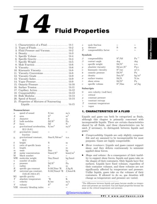 .................................................................................................................................................................................................................................................................................
.................................................................................................................................
14 Fluid Properties
1. Characteristics of a Fluid . . . . . . . . . . . . . . . . 14-1
2. Types of Fluids . . . . . . . . . . . . . . . . . . . . . . . . . 14-2
3. Fluid Pressure and Vacuum . . . . . . . . . . . . . . 14-2
4. Density . .. . . . . . . . . . . . . . . . . . . . . . . . . . . . . . . 14-3
5. Specific Volume . . . . . . . . . . . . . . . . . . . . . . . . . 14-4
6. Specific Gravity . . . . . . . . . . . . . . . . . . . . . . . . . 14-4
7. Specific Weight . . . . . . . . . . . . . . . . . . . . . . . . . 14-5
8. Mole Fraction . . . . . . . . . . . . . . . . . . . . . . . . . . . 14-6
9. Viscosity . . . . . . . . . . . . . . . . . . . . . . . . . . . . . . . 14-6
10. Kinematic Viscosity . . . . . . . . . . . . . . . . . . . . . 14-8
11. Viscosity Conversions . . . . . . . . . . . . . . . . . . . . 14-8
12. Viscosity Grade . . . . . . . . . . . . . . . . . . . . . . . . . 14-9
13. Viscosity Index . .. . . . . . . . . . . . . . . . . . . . . . . . 14-9
14. Vapor Pressure . . . . . . . . . . . . . . . . . . . . . . . . . . 14-9
15. Osmotic Pressure . . . . . . . . . . . . . . . . . . . . . . . . 14-10
16. Surface Tension . . . . . . . . . . . . . . . . . . . . . . . . . 14-11
17. Capillary Action . . . . . . . . . . . . . . . . . . . . . . . . 14-12
18. Compressibility . . . . . . . . . . . . . . . . . . . . . . . . . 14-13
19. Bulk Modulus . . . . . . . . . . . . . . . . . . . . . . . . . . . 14-14
20. Speed of Sound . . . . . . . . . . . . . . . . . . . . . . . . . . 14-14
21. Properties of Mixtures of Nonreacting
Liquids . . . . . . . . . . . . . . . . . . . . . . . . . . . . . . . 14-15
Nomenclature
a speed of sound ft/sec m/s
A area ft2
m2
d diameter ft m
E bulk modulus lbf/ft2
Pa
F force lbf N
g gravitational acceleration,
32.2 (9.81)
ft/sec2
m/s2
G gravimetric (mass)
fraction
– –
gc gravitational constant,
32.2
lbm-ft/lbf-sec2
n.a.
h height ft m
k ratio of specific heats – –
L length ft m
m mass lbm kg
M molar concentration lbmol/ft3
kmol/m3
M Mach number – –
MW molecular weight lbm/lbmol kg/kmol
n number of moles – –
p pressure lbf/ft2
Pa
r radius ft m
R specific gas constant ft-lbf/lbm-!
R J/kgK
R#
universal gas constant,
1545.35 (8314.47)
ft-lbf/lbmol-!
R J/kmolK
SG specific gravity – –
T absolute temperature !
R K
v velocity ft/sec m/s
V volume ft3
m3
VBI viscosity blending index – –
x mole fraction – –
y distance ft m
Z compressibility factor – –
Symbols
! compressibility ft2
/lbf Pa$1
! contact angle deg deg
 specific weight lbf/ft3
n.a.
# absolute viscosity lbf-sec/ft2
Pas
$ kinematic viscosity ft2
/sec m2
/s
p osmotic pressure lbf/ft2
Pa
% density lbm/ft3
kg/m3
 surface tension lbf/ft N/m
' shear stress lbf/ft2
Pa
( specific volume ft3
/lbm m3
/kg
Subscripts
0 zero velocity (wall face)
c critical
p constant pressure
s constant entropy
T constant temperature
v vapor
1. CHARACTERISTICS OF A FLUID
Liquids and gases can both be categorized as fluids,
although this chapter is primarily concerned with
incompressible liquids. There are certain characteristics
shared by all fluids, and these characteristics can be
used, if necessary, to distinguish between liquids and
gases.1
. Compressibility: Liquids are only slightly compress-
ible and are assumed to be incompressible for most
purposes. Gases are highly compressible.
. Shear resistance: Liquids and gases cannot support
shear, and they deform continuously to minimize
applied shear forces.
. Shape and volume: As a consequence of their inabil-
ity to support shear forces, liquids and gases take on
the shapes of their containers. Only liquids have free
surfaces. Liquids have fixed volumes, regardless of
their container volumes, and these volumes are not
significantly affected by temperature and pressure.
Unlike liquids, gases take on the volumes of their
containers. If allowed to do so, gas densities will
change as temperature and pressure are varied.
1
The differences between liquids and gases become smaller as temper-
ature and pressure are increased. Gas and liquid properties become the
same at the critical temperature and pressure.
P P I * w w w . p p i 2 p a s s . c o m
Water
Resources
@Seismicisolation
@Seismicisolation
 