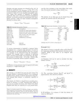 .................................................................................................................................
Absolute and gage pressures are related by Eq. 14.1. It
should be mentioned that patmospheric in Eq. 14.1 is the
actual atmospheric pressure existing when the gage mea-
surement is taken. It is not standard atmospheric pres-
sure, unless that pressure is implicitly or explicitly
applicable. Also, since a barometer measures atmospheric
pressure, barometric pressure is synonymous with atmo-
spheric pressure. Table 14.1 lists standard atmospheric
pressure in various units.
pabsolute ¼ pgage þ patmospheric 14:1
A vacuum measurement is implicitly a pressure below
atmospheric (i.e., a negative gage pressure). It must be
assumed that any measured quantity given as a vacuum
is a quantity to be subtracted from the atmospheric
pressure. For example, when a condenser is operating
with a vacuum of 4.0 in Hg (4 in of mercury), the abso-
lute pressure is 29.92 in Hg $ 4.0 in Hg = 25.92 in Hg.
Vacuums are generally stated as positive numbers.
pabsolute ¼ patmospheric $ pvacuum 14:2
A difference in two pressures may be reported with units
of psid (i.e., a differential in psi).
4. DENSITY
The density, %, of a fluid is its mass per unit volume.3
In
SI units, density is measured in kg=m3
. In a consistent
English system, density would be measured in slugs=ft3
,
even though fluid density is exclusively reported in
lbm=ft3
.
The density of a fluid in a liquid form is usually given,
known in advance, or easily obtained from tables in
any one of a number of sources. (See Table 14.2.) Most
English fluid data are reported on a per pound basis,
and the data included in this book follow that tradi-
tion. To convert pounds to slugs, divide by gc.
%slugs ¼
%lbm
gc
14:3
The density of an ideal gas can be found from the
specific gas constant and the ideal gas law.
% ¼
p
R T
14:4
Example 14.1
The density of water is typically taken as 62:4 lbm=ft3
for engineering problems where greater accuracy is not
required. What is the value in (a) slugs=ft3
and
(b) kg=m3
?
Solution
(a) Equation 14.3 can be used to calculate the slug-
density of water.
% ¼
%lbm
gc
¼
62:4
lbm
ft3
32:2
lbm-ft
lbf-sec2
¼ 1:94 lbf-sec2
=ft-ft3
¼ 1:94 slugs=ft3
(b) The conversion between lbm=ft3
and kg=m3
is
approximately 16.0, derived as follows.
% ¼ 62:4
lbm
ft3
!  35:31
ft3
m3
2:205
lbm
kg
0
B
B
@
1
C
C
A
¼ 62:4
lbm
ft3
! 
16:01
kg-ft3
m3-lbm
! 
¼ 999 kg=m3
In SI problems, it is common to take the density of
water as 1000 kg=m3
.
Table 14.1 Standard Atmospheric Pressure
1.000 atm (atmosphere)
14.696 psia (pounds per square inch absolute)
2116.2 psfa (pounds per square foot absolute)
407.1 in wg (inches of water, inches water gage)
33.93 ft wg (feet of water, feet water gage)
29.921 in Hg (inches of mercury)
760.0 mm Hg (millimeters of mercury)
760.0 torr
1.013 bars
1013 millibars
1.013 ' 105
Pa (pascals)
101.3 kPa (kilopascals)
3
Mass is an absolute property of a substance. Weight is not absolute,
since it depends on the local gravity. The equations using  that result
(such as Bernoulli’s equation) cannot be used with SI data, since the
equations are not consistent. Thus, engineers end up with two different
equations for the same thing.
Table 14.2 Approximate Densities of Common Fluids
fluid lbm/ft3
kg/m3
air (STP) 0.0807 1.29
air (70!
F, 1 atm) 0.075 1.20
alcohol 49.3 790
ammonia 38 602
gasoline 44.9 720
glycerin 78.8 1260
mercury 848 13 600
water 62.4 1000
(Multiply lbm/ft3
by 16.01 to obtain kg/m3
.)
P P I * w w w . p p i 2 p a s s . c o m
F L U I D P R O P E R T I E S 14-3
Water
Resources
@Seismicisolation
@Seismicisolation
 