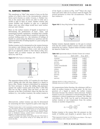 .................................................................................................................................
16. SURFACE TENSION
The membrane or “skin” that seems to form on the free
surface of a fluid is due to the intermolecular cohesive
forces and is known as surface tension, . Surface ten-
sion is the reason that insects are able to walk and a
needle is able to float on water. Surface tension also
causes bubbles and droplets to take on a spherical
shape, since any other shape would have more surface
area per unit volume.
Data on the surface tension of liquids is important in
determining the performance of heat-, mass-, and
momentum-transfer equipment, including heat transfer
devices.21
Surface tension data is needed to calculate the
nucleate boiling point (i.e., the initiation of boiling) of
liquids in a pool (using the Rohsenow equation) and the
maximum heat flux of boiling liquids in a pool (using the
Zuber equation).
Surface tension can be interpreted as the tension between
two points a unit distance apart on the surface or as the
amount of work required to form a new unit of surface
area in an apparatus similar to that shown in Fig. 14.7.
Typical units of surface tension are lbf/ft (ft-lbf/ft2
)
dyne/cm, and N/m.
The apparatus shown in Fig. 14.7 consists of a wire frame
with a sliding side that has been dipped in a liquid to
form a film. Surface tension is determined by measuring
the force necessary to keep the sliding side stationary
against the surface tension pull of the film.22
(The film
does not act like a spring, since the force, F, does not
increase as the film is stretched.) Since the film has two
surfaces (i.e., two surface tensions), the surface tension is
 ¼
F
2L
14:23
Alternatively, surface tension can also be determined
by measuring the force required to pull a wire ring out
of the liquid, as shown in Fig. 14.8.23
Since the ring’s
inner and outer sides are in contact with the liquid, the
wetted perimeter is twice the circumference. The sur-
face tension is
 ¼
F
4pr
14:24
Surface tension depends slightly on the gas in contact
with the free surface. Surface tension values are usually
quoted for air contact. Typical values of surface tension
are listed in Table 14.8.
At temperatures below freezing, the substance will be a
solid, so surface tension is a moot point. As the tem-
perature of a liquid is raised, the surface tension
decreases because the cohesive forces decrease. Surface
tension is zero at a substance’s critical temperature. If a
substance’s critical temperature is known, the Othmer
correlation, Eq. 14.25, can be used to determine the
surface tension at one temperature from the surface
tension at another temperature.
2 ¼ 1
Tc $ T2
Tc $ T1
! 11=9
14:25
Surface tension is the reason that the pressure on the
inside of bubbles and droplets is greater than on the
21
Surface tension plays a role in processes involving dispersion, emul-
sion, flocculation, foaming, and solubilization. It is not surprising that
surface tension data are particularly important in determining the
performance of equipment in the chemical process industry (CPI),
such as distillation columns, packed towers, wetted-wall columns,
strippers, and phase-separation equipment.
Figure 14.7 Wire Frame for Stretching a Film
GJM
'
-
Y

8'Y
22
The force includes the weight of the sliding side wire if the frame is
oriented vertically, with gravity acting on the sliding side wire to
stretch the film.
23
This apparatus is known as a Du Nouy torsion balance. The ring is
made of platinum with a diameter of 4.00 cm.
Figure 14.8 Du Nouy Ring Surface Tension Apparatus
F
2r
Table 14.8 Approximate Values of Surface Tension (air contact)
fluid lbf/ft, 68!
F N/m, 20!
C
n-octane 0.00149 0.0217
ethyl alcohol 0.00156 0.0227
acetone 0.00162 0.0236
kerosene 0.00178 0.0260
carbon tetrachloride 0.00185 0.0270
turpentine 0.00186 0.0271
toluene 0.00195 0.0285
benzene 0.00198 0.0289
olive oil 0.0023 0.034
glycerin 0.00432 0.0631
water 0.00499 0.0728
mercury 0.0356 0.519
(Multiply lbf/ft by 14.59 to obtain N/m.)
(Multiply dyne/cm by 0.001 to obtain N/m.)
P P I * w w w . p p i 2 p a s s . c o m
F L U I D P R O P E R T I E S 14-11
Water
Resources
@Seismicisolation
@Seismicisolation
 