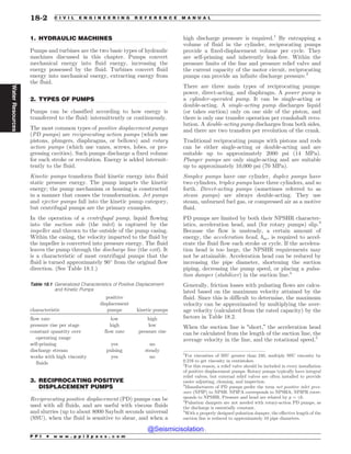 .................................................................................................................................
.................................................................................................................................
.................................................................................................................................
1. HYDRAULIC MACHINES
Pumps and turbines are the two basic types of hydraulic
machines discussed in this chapter. Pumps convert
mechanical energy into fluid energy, increasing the
energy possessed by the fluid. Turbines convert fluid
energy into mechanical energy, extracting energy from
the fluid.
2. TYPES OF PUMPS
Pumps can be classified according to how energy is
transferred to the fluid: intermittently or continuously.
The most common types of positive displacement pumps
(PD pumps) are reciprocating action pumps (which use
pistons, plungers, diaphragms, or bellows) and rotary
action pumps (which use vanes, screws, lobes, or pro-
gressing cavities). Such pumps discharge a fixed volume
for each stroke or revolution. Energy is added intermit-
tently to the fluid.
Kinetic pumps transform fluid kinetic energy into fluid
static pressure energy. The pump imparts the kinetic
energy; the pump mechanism or housing is constructed
in a manner that causes the transformation. Jet pumps
and ejector pumps fall into the kinetic pump category,
but centrifugal pumps are the primary examples.
In the operation of a centrifugal pump, liquid flowing
into the suction side (the inlet) is captured by the
impeller and thrown to the outside of the pump casing.
Within the casing, the velocity imparted to the fluid by
the impeller is converted into pressure energy. The fluid
leaves the pump through the discharge line (the exit). It
is a characteristic of most centrifugal pumps that the
fluid is turned approximately 90
from the original flow
direction. (See Table 18.1.)
3. RECIPROCATING POSITIVE
DISPLACEMENT PUMPS
Reciprocating positive displacement (PD) pumps can be
used with all fluids, and are useful with viscous fluids
and slurries (up to about 8000 Saybolt seconds universal
(SSU), when the fluid is sensitive to shear, and when a
high discharge pressure is required.1
By entrapping a
volume of fluid in the cylinder, reciprocating pumps
provide a fixed-displacement volume per cycle. They
are self-priming and inherently leak-free. Within the
pressure limits of the line and pressure relief valve and
the current capacity of the motor circuit, reciprocating
pumps can provide an infinite discharge pressure.2
There are three main types of reciprocating pumps:
power, direct-acting, and diaphragm. A power pump is
a cylinder-operated pump. It can be single-acting or
double-acting. A single-acting pump discharges liquid
(or takes suction) only on one side of the piston, and
there is only one transfer operation per crankshaft revo-
lution. A double-acting pump discharges from both sides,
and there are two transfers per revolution of the crank.
Traditional reciprocating pumps with pistons and rods
can be either single-acting or double-acting and are
suitable up to approximately 2000 psi (14 MPa).
Plunger pumps are only single-acting and are suitable
up to approximately 10,000 psi (70 MPa).
Simplex pumps have one cylinder, duplex pumps have
two cylinders, triplex pumps have three cylinders, and so
forth. Direct-acting pumps (sometimes referred to as
steam pumps) are always double-acting. They use
steam, unburned fuel gas, or compressed air as a motive
fluid.
PD pumps are limited by both their NPSHR character-
istics, acceleration head, and (for rotary pumps) slip.3
Because the flow is unsteady, a certain amount of
energy, the acceleration head, hac, is required to accel-
erate the fluid flow each stroke or cycle. If the accelera-
tion head is too large, the NPSHR requirements may
not be attainable. Acceleration head can be reduced by
increasing the pipe diameter, shortening the suction
piping, decreasing the pump speed, or placing a pulsa-
tion damper (stabilizer) in the suction line.4
Generally, friction losses with pulsating flows are calcu-
lated based on the maximum velocity attained by the
fluid. Since this is difficult to determine, the maximum
velocity can be approximated by multiplying the aver-
age velocity (calculated from the rated capacity) by the
factors in Table 18.2.
When the suction line is “short,” the acceleration head
can be calculated from the length of the suction line, the
average velocity in the line, and the rotational speed.5
Table 18.1 Generalized Characteristics of Positive Displacement
and Kinetic Pumps
characteristic
positive
displacement
pumps kinetic pumps
flow rate low high
pressure rise per stage high low
constant quantity over
operating range
flow rate pressure rise
self-priming yes no
discharge stream pulsing steady
works with high viscosity
fluids
yes no
1
For viscosities of SSU greater than 240, multiply SSU viscosity by
0.216 to get viscosity in centistokes.
2
For this reason, a relief valve should be included in every installation
of positive displacement pumps. Rotary pumps typically have integral
relief valves, but external relief valves are often installed to provide
easier adjusting, cleaning, and inspection.
3
Manufacturers of PD pumps prefer the term net positive inlet pres-
sure (NPIP) to NPSH. NPIPA corresponds to NPSHA; NPIPR corre-
sponds to NPSHR. Pressure and head are related by p = !h.
4
Pulsation dampers are not needed with rotary-action PD pumps, as
the discharge is essentially constant.
5
With a properly designed pulsation damper, the effective length of the
suction line is reduced to approximately 10 pipe diameters.
P P I * w w w . p p i 2 p a s s . c o m
18-2 C I V I L E N G I N E E R I N G R E F E R E N C E M A N U A L
Water
Resources
@Seismicisolation
@Seismicisolation
 