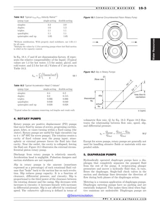 .................................................................................................................................
.................................................................................................................................
In Eq. 18.1, C and K are dimensionless factors. K repre-
sents the relative compressibility of the liquid. (Typical
values are 1.4 for hot water; 1.5 for amine, glycol, and
cold water; and 2.5 for hot oil.) Values of C are given in
Table 18.3.
hac ¼
C
K
Lsuctionvaven
g
! 
18:1
4. ROTARY PUMPS
Rotary pumps are positive displacement (PD) pumps
that move fluid by means of screws, progressing cavities,
gears, lobes, or vanes turning within a fixed casing (the
stator). Rotary pumps are useful for high viscosities (up
to 4 $ 106
SSU for screw pumps). The rotation creates a
cavity of fixed volume near the pump input; atmo-
spheric or external pressure forces the fluid into that
cavity. Near the outlet, the cavity is collapsed, forcing
the fluid out. Figure 18.1 illustrates the external circum-
ferential piston rotary pump.
Discharge from rotary pumps is relatively smooth.
Acceleration head is negligible. Pulsation dampers and
suction stabilizers are not required.
Slip in rotary pumps is the amount (sometimes
expressed as a percentage) of each rotational fluid vol-
ume that “leaks” back to the suction line on each revolu-
tion. Slip reduces pump capacity. It is a function of
clearance, differential pressure, and viscosity. Slip is
proportional to the third power of the clearance between
the rotating element and the casing. Slip decreases with
increases in viscosity; it increases linearly with increases
in differential pressure. Slip is not affected by rotational
speed. The volumetric efficiency is defined in terms of
volumetric flow rate, Q, by Eq. 18.2. Figure 18.2 illus-
trates the relationship between flow rate, speed, slip,
and differential pressure.
v ¼
Qactual
Qideal
¼
Qideal % Qslip
Qideal
18:2
Except for screw pumps, rotary pumps are generally not
used for handling abrasive fluids or materials with sus-
pended solids.
5. DIAPHRAGM PUMPS
Hydraulically operated diaphragm pumps have a dia-
phragm that completely separates the pumped fluid
from the rest of the pump. A reciprocating plunger
pressurizes and moves a hydraulic fluid that, in turn,
flexes the diaphragm. Single-ball check valves in the
suction and discharge lines determine the direction of
flow during both phases of the diaphragm action.
Metering is a common application of diaphragm pumps.
Diaphragm metering pumps have no packing and are
essentially leakproof. This makes them ideal when fugi-
tive emissions are undesirable. Diaphragm pumps are
Table 18.2 Typical vmax /vave Velocity Ratiosa,b
pump type single-acting double-acting
simplex 3.2 2.0
duplex 1.6 1.3
triplex 1.1 1.1
quadriplex 1.1 1.1
quintuplex and up 1.05 1.05
a
Without stabilization. With properly sized stabilizers, use 1.05–1.1
for all cases.
b
Multiply the values by 1.3 for metering pumps where lost fluid motion
is relied on for capacity control.
Table 18.3 Typical Acceleration Head C-Values*
pump type single-acting double-acting
simplex 0.4 0.2
duplex 0.2 0.115
triplex 0.066 0.066
quadriplex 0.040 0.040
quintuplex and up 0.028 0.028
*
Typical values for common connecting rod lengths and crank radii.
Figure 18.1 External Circumferential Piston Rotary Pump
Figure 18.2 Slip in Rotary Pumps
MPTTEVFUP
DBWJUBUJPO
O SQN
BDUVBM
GMP
TMJQ
UIFPSFUJDBM
GMP
2
GMPXSBUF
%
Q




%
Q




P P I * w w w . p p i 2 p a s s . c o m
H Y D R A U L I C M A C H I N E S 18-3
Water
Resources
@Seismicisolation
@Seismicisolation
 