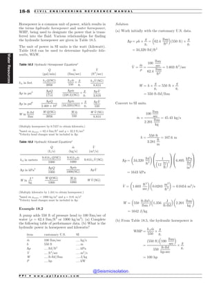 Horsepower is a common unit of power, which results in
the terms hydraulic horsepower and water horsepower,
WHP, being used to designate the power that is trans-
ferred into the fluid. Various relationships for finding
the hydraulic horsepower are given in Table 18.5.
The unit of power in SI units is the watt (kilowatt).
Table 18.6 can be used to determine hydraulic kilo-
watts, WkW.
Example 18.2
A pump adds 550 ft of pressure head to 100 lbm/sec of
water (% = 62.4 lbm/ft3
or 1000 kg/m3
). (a) Complete
the following table of performance data. (b) What is the
hydraulic power in horsepower and kilowatts?
item customary U.S. SI
_
m 100 lbm/sec %%%kg/s
h 550 ft %%%m
Dp %%%lbf=ft2
%%%kPa
_
V %%%ft3
=sec %%%m3
=s
W %%%ft-lbf=lbm %%%J/kg
P %%%hp %%%kW
Solution
(a) Work initially with the customary U.S. data.
Dp ¼ %h $
g
gc
¼ 62:4
lbm
ft3
# $
ð550 ftÞ $
g
gc
¼ 34;320 lbf=ft2
_
V ¼
_
m
%
¼
100
lbm
sec
62:4
lbm
ft3
¼ 1:603 ft3
=sec
W ¼ h $
g
gc
¼ 550 ft $
g
gc
¼ 550 ft-lbf=lbm
Convert to SI units.
_
m ¼
100
lbm
sec
2:201
lbm
kg
¼ 45:43 kg=s
h ¼
550 ft
3:281
ft
m
¼ 167:6 m
Dp ¼ 34;320
lbf
ft2
! 
1
12
in
ft
# $2
0
B
@
1
C
A 6:895
kPa
lbf
in2
0
B
@
1
C
A
¼ 1643 kPa
_
V ¼ 1:603
ft3
sec
! 
0:0283
m3
ft3
! 
¼ 0:0454 m3
=s
W ¼ 550
ft-lbf
lbm
# $
1:356
J
ft-lbf
# $
2:201
lbm
kg
! 
¼ 1642 J=kg
(b) From Table 18.5, the hydraulic horsepower is
WHP ¼
hA _
m
550
$
g
gc
¼
ð550 ftÞ 100
lbm
sec
# $
550
ft-lbf
hp-sec
$
g
gc
¼ 100 hp
Table 18.5 Hydraulic Horsepower Equationsa
Q
ðgal=minÞ
_
m
ðlbm=secÞ
_
V
ðft3
=secÞ
hA in feet
hAQðSGÞ
3956
hA _
m
550
$
g
gc
hA
_
VðSGÞ
8:814
Dp in psib DpQ
1714
Dp _
m
ð238:3ÞðSGÞ
$
g
gc
Dp _
V
3:819
Dp in psfb DpQ
2:468 $ 105
Dp _
m
ð34;320ÞðSGÞ
$
g
gc
Dp _
V
550
W in
ft-lbf
lbm
WQðSGÞ
3956
W _
m
550
W _
VðSGÞ
8:814
(Multiply horsepower by 0.7457 to obtain kilowatts.)
a
based on %water = 62.4 lbm/ft3
and g = 32.2 ft/sec2
b
Velocity head changes must be included in Dp.
Table 18.6 Hydraulic Kilowatt Equationsa
Q
ðL=sÞ
_
m
ðkg=sÞ
_
V
m3=s
ð Þ
hA in meters
9:81hAQðSGÞ
1000
9:81hA _
m
1000
9:81hA
_
VðSGÞ
Dp in kPab DpQ
1000
Dp _
m
1000ðSGÞ
Dp _
V
W in
J
kg
b WQðSGÞ
1000
W _
m
1000
W _
VðSGÞ
(Multiply kilowatts by 1.341 to obtain horsepower.)
a
based on %water = 1000 kg/m3
and g = 9.81 m/s2
b
Velocity head changes must be included in Dp.
P P I * w w w . p p i 2 p a s s . c o m
18-8 C I V I L E N G I N E E R I N G R E F E R E N C E M A N U A L
Water
Resources
@Seismicisolation
@Seismicisolation
 