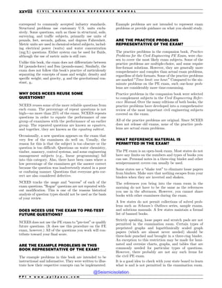 .................................................................................................................................
.................................................................................................................................
.................................................................................................................................
.................................................................................................................................
.................................................................................................................................
correspond to commonly accepted industry standards.
Structural problems use customary U.S. units exclu-
sively. Some questions, such as those in structural, soils,
surveying, and traffic subjects, primarily use units of
pounds, feet, seconds, gallons, and degrees Fahrenheit.
Metric units are used in chemical-related subjects, includ-
ing electrical power (watts) and water concentration
(mg/L) questions. Either system can be used for fluids,
although the use of metric units is still rare.
Unlike this book, the exam does not differentiate between
lbf (pounds-force) and lbm (pounds-mass). Similarly, the
exam does not follow this book’s practice of meticulously
separating the concepts of mass and weight; density and
specific weight; and gravity, g, and the gravitational con-
stant, gc.
WHY DOES NCEES REUSE SOME
QUESTIONS?
NCEES reuses some of the more reliable questions from
each exam. The percentage of repeat questions is not
high—no more than 25% of the exam. NCEES repeats
questions in order to equate the performance of one
group of examinees with the performance of an earlier
group. The repeated questions are known as equaters,
and together, they are known as the equating subtest.
Occasionally, a new question appears on the exam that
very few of the examinees do well on. Usually, the
reason for this is that the subject is too obscure or the
question is too difficult. Questions on water chemistry,
timber, masonry, control systems, and some engineering
management subjects (e.g., linear programming) fall
into this category. Also, there have been cases where a
low percentage of the examinees get the answer correct
because the question was inadvertently stated in a poor
or confusing manner. Questions that everyone gets cor-
rect are also considered defective.
NCEES tracks the usage and “success” of each of the
exam questions. “Rogue” questions are not repeated with-
out modification. This is one of the reasons historical
analysis of question types should not be used as the basis
of your review.
DOES NCEES USE THE EXAM TO PRE-TEST
FUTURE QUESTIONS?
NCEES does not use the PE exam to “pre-test” or qualify
future questions. (It does use this procedure on the FE
exam, however.) All of the questions you work will con-
tribute toward your final score.
ARE THE EXAMPLE PROBLEMS IN THIS
BOOK REPRESENTATIVE OF THE EXAM?
The example problems in this book are intended to be
instructional and informative. They were written to illus-
trate how their respective concepts can be implemented.
Example problems are not intended to represent exam
problems or provide guidance on what you should study.
ARE THE PRACTICE PROBLEMS
REPRESENTATIVE OF THE EXAM?
The practice problems in the companion book, Practice
Problems for the Civil Engineering PE Exam, were cho-
sen to cover the most likely exam subjects. Some of the
practice problems are multiple-choice, and some require
free-format solutions. However, they are generally more
comprehensive and complex than actual exam problems,
regardless of their formats. Some of the practice problems
are marked “Time limit: one hour.” Compared to the six-
minute problems on the PE exam, such one-hour prob-
lems are considerably more time-consuming.
Practice problems in the companion book were selected
to complement subjects in the Civil Engineering Refer-
ence Manual. Over the many editions of both books, the
practice problems have developed into a comprehensive
review of the most important civil engineering subjects
covered on the exam.
All of the practice problems are original. Since NCEES
does not release old exams, none of the practice prob-
lems are actual exam problems.
WHAT REFERENCE MATERIAL IS
PERMITTED IN THE EXAM?
The PE exam is an open-book exam. Most states do not
have any limits on the numbers and types of books you
can use. Personal notes in a three-ring binder and other
semipermanent covers can usually be used.
Some states use a “shake test” to eliminate loose papers
from binders. Make sure that nothing escapes from your
binders when they are inverted and shaken.
The references you bring into the exam room in the
morning do not have to be the same as the references
you use in the afternoon. However, you cannot share
books with other examinees during the exam.
A few states do not permit collections of solved prob-
lems such as Schaum’s Outlines series, sample exams,
and solutions manuals. A few states maintain a formal
list of banned books.
Strictly speaking, loose paper and scratch pads are not
permitted in the examination room. Certain types of
preprinted graphs and logarithmically scaled graph
papers (which are almost never needed) should be
three-hole punched and brought in a three-ring binder.
An exception to this restriction may be made for lami-
nated and oversize charts, graphs, and tables that are
commonly needed for particular types of questions.
However, there probably are not any such items for
the civil PE exam.
It is a good idea to check with your state board to learn
what is and is not permitted in the examination room.
P P I * w w w . p p i 2 p a s s . c o m
xxviii C I V I L E N G I N E E R I N G R E F E R E N C E M A N U A L
@Seismicisolation
@Seismicisolation
 