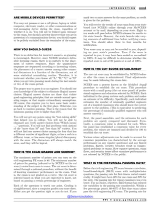 .................................................................................................................................
.................................................................................................................................
.................................................................................................................................
.................................................................................................................................
.................................................................................................................................
ARE MOBILE DEVICES PERMITTED?
You may not possess or use a cell phone, laptop or tablet
computer, electronic reader, or other communications or
text-messaging device during the exam, regardless of
whether it is on. You will not be frisked upon entrance
to the exam, but should a proctor discover that you are in
possession of a communications device, you should expect
to be politely excluded from the remainder of the exam.
HOW YOU SHOULD GUESS
There is no deduction for incorrect answers, so guessing
is encouraged. However, since NCEES produces defen-
sible licensing exams, there is no pattern to the place-
ment of correct responses. Since the quantitative
responses are sequenced according to increasing values,
the placement of a correct answer among other numer-
ical distractors is a function of the distractors, not of
some statistical normalizing routine. Therefore, it is
irrelevant whether you choose all “A,” “B,” “C,” or “D”
when you get into guessing mode during the last minute
or two of the exam period.
The proper way to guess is as an engineer. You should use
your knowledge of the subject to eliminate illogical answer
choices. Illogical answer choices are those that violate
good engineering principles, that are outside normal oper-
ating ranges, or that require extraordinary assumptions.
Of course, this requires you to have some basic under-
standing of the subject in the first place. Otherwise, you
go back to random guessing. That is the reason that the
minimum passing score is higher than 25%.
You will not get any points using the “test-taking skills”
that helped you in college. You will not be able to
eliminate any [verb] answer choices from “Which [noun]
. . .” questions. You will not find problems with options
of the “more than 50” and “less than 50” variety. You
will not find one answer choice among the four that has
a different number of significant digits, or has a verb in a
different tense, or has some singular/plural discrepancy
with the stem. The distractors will always match the
stem, and they will be logical.
HOW IS THE EXAM GRADED AND SCORED?
The maximum number of points you can earn on the
civil engineering PE exam is 80. The minimum number
of points for passing (referred to by NCEES as the cut
score) varies from exam to exam. The cut score is deter-
mined through a rational procedure, without the benefit
of knowing examinees’ performance on the exam. That
is, the exam is not graded on a curve. The cut score is
selected based on what you are expected to know, not
based on passing a certain percentage of engineers.
Each of the questions is worth one point. Grading is
straightforward, since a computer grades your score sheet.
Either you get the question right or you do not. If you
mark two or more answers for the same problem, no credit
is given for the problem.
You will receive the results of your exam from your state
board (not NCEES) online through your MyNCEES
account or by mail, depending on your state. Eight to
ten weeks will pass before NCEES releases the results to
the state boards. However, the state boards take vary-
ing amounts of additional time before notifying exam-
inees. You should allow three to four months for
notification.
Your score may or may not be revealed to you, depend-
ing on your state’s procedure. Even if the score is
reported to you, it may have been scaled or normalized
to 100%. It may be difficult to determine whether the
reported score is out of 80 points or is out of 100%.
HOW IS THE CUT SCORE ESTABLISHED?
The raw cut score may be established by NCEES before
or after the exam is administered. Final adjustments
may be made following the exam date.
NCEES uses a process known as the Modified Angoff
procedure to establish the cut score. This procedure
starts with a small group (the cut score panel) of profes-
sional engineers and educators selected by NCEES. Each
individual in the group reviews each problem and makes
an estimate of its difficulty. Specifically, each individual
estimates the number of minimally qualified engineers
out of a hundred examinees who should know the correct
answer to the problem. (This is equivalent to predicting
the percentage of minimally qualified engineers who will
answer correctly.)
Next, the panel assembles, and the estimates for each
problem are openly compared and discussed. Even-
tually, a consensus value is obtained for each. When
the panel has established a consensus value for every
problem, the values are summed and divided by 100 to
establish the cut score.
Various minor adjustments can be made to account for
examinee population (as characterized by the average
performance on any equater questions) and any flawed
problems. Rarely, security breaches result in compro-
mised problems or exams. How equater questions, exam
flaws, and security issues affect examinee performance is
not released by NCEES to the public.
WHAT IS THE HISTORICAL PASSING RATE?
Before the civil engineering PE exam became a no-choice,
breadth-and-depth (BD) exam with multiple-choice
questions, the passing rate for first-timers varied consid-
erably. It might have been 40% for one exam and 80% for
the next. The passing rate for repeat examinees was even
lower. The no-choice, objective, BD format has reduced
the variability in the passing rate considerably. Within a
few percentage points, 60–65% of first-time exam takers
pass the civil engineering PE exam. The passing rate for
P P I * w w w . p p i 2 p a s s . c o m
I N T R O D U C T I O N xxxi
@Seismicisolation
@Seismicisolation
 