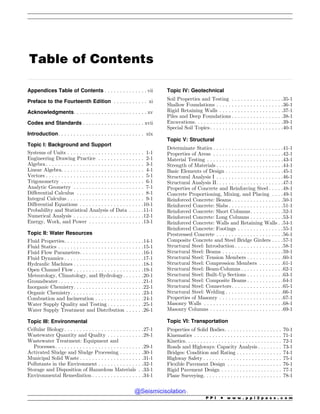 .................................................................................................................................................................................................................................................................................
Table of Contents
Appendices Table of Contents . . . . . . . . . . . . . . vii
Preface to the Fourteenth Edition . . . . . . . . . . . xi
Acknowledgments. . . . . . . . . . . . . . . . . . . . . . . . xv
Codes and Standards . . . . . . . . . . . . . . . . . . . . xvii
Introduction. . . . . . . . . . . . . . . . . . . . . . . . . . . . xix
Topic I: Background and Support
Systems of Units . . . . . . . . . . . . . . . . . . . . . . . . . 1-1
Engineering Drawing Practice . . . . . . . . . . . . . . . 2-1
Algebra . . . . . . . . . . . . . . . . . . . . . . . . . . . . . . . . 3-1
Linear Algebra. . . . . . . . . . . . . . . . . . . . . . . . . . . 4-1
Vectors . . . . . . . . . . . . . . . . . . . . . . . . . . . . . . . . 5-1
Trigonometry . . . . . . . . . . . . . . . . . . . . . . . . . . . 6-1
Analytic Geometry . . . . . . . . . . . . . . . . . . . . . . . 7-1
Differential Calculus . . . . . . . . . . . . . . . . . . . . . . 8-1
Integral Calculus . . . . . . . . . . . . . . . . . . . . . . . . . 9-1
Differential Equations . . . . . . . . . . . . . . . . . . . . .10-1
Probability and Statistical Analysis of Data . . . . .11-1
Numerical Analysis . . . . . . . . . . . . . . . . . . . . . . .12-1
Energy, Work, and Power . . . . . . . . . . . . . . . . . .13-1
Topic II: Water Resources
Fluid Properties. . . . . . . . . . . . . . . . . . . . . . . . . .14-1
Fluid Statics . . . . . . . . . . . . . . . . . . . . . . . . . . . .15-1
Fluid Flow Parameters. . . . . . . . . . . . . . . . . . . . .16-1
Fluid Dynamics . . . . . . . . . . . . . . . . . . . . . . . . . .17-1
Hydraulic Machines . . . . . . . . . . . . . . . . . . . . . . .18-1
Open Channel Flow . . . . . . . . . . . . . . . . . . . . . . .19-1
Meteorology, Climatology, and Hydrology. . . . . . .20-1
Groundwater . . . . . . . . . . . . . . . . . . . . . . . . . . . .21-1
Inorganic Chemistry. . . . . . . . . . . . . . . . . . . . . . .22-1
Organic Chemistry. . . . . . . . . . . . . . . . . . . . . . . .23-1
Combustion and Incineration . . . . . . . . . . . . . . . .24-1
Water Supply Quality and Testing . . . . . . . . . . . .25-1
Water Supply Treatment and Distribution . . . . . .26-1
Topic III: Environmental
Cellular Biology. . . . . . . . . . . . . . . . . . . . . . . . . .27-1
Wastewater Quantity and Quality . . . . . . . . . . . .28-1
Wastewater Treatment: Equipment and
Processes. . . . . . . . . . . . . . . . . . . . . . . . . . . . .29-1
Activated Sludge and Sludge Processing . . . . . . . .30-1
Municipal Solid Waste . . . . . . . . . . . . . . . . . . . . .31-1
Pollutants in the Environment . . . . . . . . . . . . . . .32-1
Storage and Disposition of Hazardous Materials . .33-1
Environmental Remediation . . . . . . . . . . . . . . . . .34-1
Topic IV: Geotechnical
Soil Properties and Testing . . . . . . . . . . . . . . . . .35-1
Shallow Foundations . . . . . . . . . . . . . . . . . . . . . .36-1
Rigid Retaining Walls . . . . . . . . . . . . . . . . . . . . .37-1
Piles and Deep Foundations . . . . . . . . . . . . . . . . .38-1
Excavations. . . . . . . . . . . . . . . . . . . . . . . . . . . . .39-1
Special Soil Topics. . . . . . . . . . . . . . . . . . . . . . . .40-1
Topic V: Structural
Determinate Statics . . . . . . . . . . . . . . . . . . . . . . .41-1
Properties of Areas . . . . . . . . . . . . . . . . . . . . . . .42-1
Material Testing . . . . . . . . . . . . . . . . . . . . . . . . .43-1
Strength of Materials . . . . . . . . . . . . . . . . . . . . . .44-1
Basic Elements of Design . . . . . . . . . . . . . . . . . . .45-1
Structural Analysis I . . . . . . . . . . . . . . . . . . . . . .46-1
Structural Analysis II. . . . . . . . . . . . . . . . . . . . . .47-1
Properties of Concrete and Reinforcing Steel . . . . .48-1
Concrete Proportioning, Mixing, and Placing . . . .49-1
Reinforced Concrete: Beams . . . . . . . . . . . . . . . . .50-1
Reinforced Concrete: Slabs . . . . . . . . . . . . . . . . . .51-1
Reinforced Concrete: Short Columns. . . . . . . . . . .52-1
Reinforced Concrete: Long Columns . . . . . . . . . . .53-1
Reinforced Concrete: Walls and Retaining Walls . .54-1
Reinforced Concrete: Footings . . . . . . . . . . . . . . .55-1
Prestressed Concrete . . . . . . . . . . . . . . . . . . . . . .56-1
Composite Concrete and Steel Bridge Girders . . . .57-1
Structural Steel: Introduction . . . . . . . . . . . . . . . .58-1
Structural Steel: Beams . . . . . . . . . . . . . . . . . . . .59-1
Structural Steel: Tension Members . . . . . . . . . . . .60-1
Structural Steel: Compression Members . . . . . . . .61-1
Structural Steel: Beam-Columns . . . . . . . . . . . . . .62-1
Structural Steel: Built-Up Sections . . . . . . . . . . . .63-1
Structural Steel: Composite Beams . . . . . . . . . . . .64-1
Structural Steel: Connectors. . . . . . . . . . . . . . . . .65-1
Structural Steel: Welding . . . . . . . . . . . . . . . . . . .66-1
Properties of Masonry . . . . . . . . . . . . . . . . . . . . .67-1
Masonry Walls . . . . . . . . . . . . . . . . . . . . . . . . . .68-1
Masonry Columns . . . . . . . . . . . . . . . . . . . . . . . .69-1
Topic VI: Transportation
Properties of Solid Bodies. . . . . . . . . . . . . . . . . . . 70-1
Kinematics . . . . . . . . . . . . . . . . . . . . . . . . . . . . . 71-1
Kinetics. . . . . . . . . . . . . . . . . . . . . . . . . . . . . . . . 72-1
Roads and Highways: Capacity Analysis . . . . . . . . 73-1
Bridges: Condition and Rating . . . . . . . . . . . . . . . 74-1
Highway Safety . . . . . . . . . . . . . . . . . . . . . . . . . . 75-1
Flexible Pavement Design . . . . . . . . . . . . . . . . . . 76-1
Rigid Pavement Design . . . . . . . . . . . . . . . . . . . . 77-1
Plane Surveying. . . . . . . . . . . . . . . . . . . . . . . . . . 78-1
P P I * w w w . p p i 2 p a s s . c o m
@Seismicisolation
@Seismicisolation
 