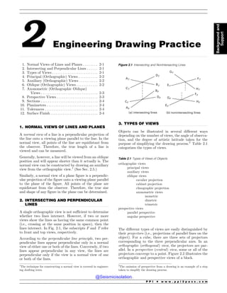 .................................................................................................................................................................................................................................................................................
.................................................................................................................................
.................................................................................................................................
.................................................................................................................................
2 Engineering Drawing Practice
1. Normal Views of Lines and Planes . . . . . . . . 2-1
2. Intersecting and Perpendicular Lines . . . . . . 2-1
3. Types of Views . . . . . . . . . . . . . . . . . . . . . . . . . . 2-1
4. Principal (Orthographic) Views . . . . . . . . . . . 2-2
5. Auxiliary (Orthographic) Views . . . . . . . . . . 2-2
6. Oblique (Orthographic) Views . . . . . . . . . . . . 2-2
7. Axonometric (Orthographic Oblique)
Views . . . . . . . . . . . . . . . . . . . . . . . . . . . . . . . . 2-3
8. Perspective Views . . . . . . . . . . . . . . . . . . . . . . . 2-3
9. Sections . . . . . . . . . . . . . . . . . . . . . . . . . . . . . . . . 2-4
10. Planimeters . . . . . . . . . . . . . . . . . . . . . . . . . . . . . 2-4
11. Tolerances . . . . . . . . . . . . . . . . . . . . . . . . . . . . . . 2-4
12. Surface Finish . . . . . . . . . . . . . . . . . . . . . . . . . . . 2-4
1. NORMAL VIEWS OF LINES AND PLANES
A normal view of a line is a perpendicular projection of
the line onto a viewing plane parallel to the line. In the
normal view, all points of the line are equidistant from
the observer. Therefore, the true length of a line is
viewed and can be measured.
Generally, however, a line will be viewed from an oblique
position and will appear shorter than it actually is. The
normal view can be constructed by drawing an auxiliary
view from the orthographic view.1
(See Sec. 2.5.)
Similarly, a normal view of a plane figure is a perpendic-
ular projection of the figure onto a viewing plane parallel
to the plane of the figure. All points of the plane are
equidistant from the observer. Therefore, the true size
and shape of any figure in the plane can be determined.
2. INTERSECTING AND PERPENDICULAR
LINES
A single orthographic view is not sufficient to determine
whether two lines intersect. However, if two or more
views show the lines as having the same common point
(i.e., crossing at the same position in space), then the
lines intersect. In Fig. 2.1, the subscripts F and T refer
to front and top views, respectively.
According to the perpendicular line principle, two per-
pendicular lines appear perpendicular only in a normal
view of either one or both of the lines. Conversely, if two
lines appear perpendicular in any view, the lines are
perpendicular only if the view is a normal view of one
or both of the lines.
3. TYPES OF VIEWS
Objects can be illustrated in several different ways
depending on the number of views, the angle of observa-
tion, and the degree of artistic latitude taken for the
purpose of simplifying the drawing process.2
Table 2.1
categorizes the types of views.
The different types of views are easily distinguished by
their projectors (i.e., projections of parallel lines on the
object). For a cube, there are three sets of projectors
corresponding to the three perpendicular axes. In an
orthographic (orthogonal) view, the projectors are par-
allel. In a perspective (central) view, some or all of the
projectors converge to a point. Figure 2.2 illustrates the
orthographic and perspective views of a block.
1
The technique for constructing a normal view is covered in engineer-
ing drafting texts.
Figure 2.1 Intersecting and NonIntersecting Lines
5
#5
$5
%5
'
#'
$'
%'
5
'5
(5
)5
'
''
('
)'
C OPOJOUFSTFDUJOHMJOFT
B JOUFSTFDUJOHMJOFT
2
The omission of perspective from a drawing is an example of a step
taken to simplify the drawing process.
Table 2.1 Types of Views of Objects
orthographic views
principal views
auxiliary views
oblique views
cavalier projection
cabinet projection
clinographic projection
axonometric views
isometric
dimetric
trimetric
perspective views
parallel perspective
angular perspective
P P I * w w w . p p i 2 p a s s . c o m
Background
and
Support
@Seismicisolation
@Seismicisolation
 