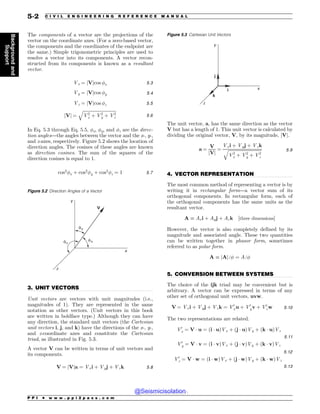 .................................................................................................................................
.................................................................................................................................
.................................................................................................................................
The components of a vector are the projections of the
vector on the coordinate axes. (For a zero-based vector,
the components and the coordinates of the endpoint are
the same.) Simple trigonometric principles are used to
resolve a vector into its components. A vector recon-
structed from its components is known as a resultant
vector.
Vx ¼ jVjcos x 5:3
Vy ¼ jVjcos y 5:4
Vz ¼ jVjcos z 5:5
jVj ¼
ﬃﬃﬃﬃﬃﬃﬃﬃﬃﬃﬃﬃﬃﬃﬃﬃﬃﬃﬃﬃﬃﬃﬃﬃﬃﬃﬃﬃﬃﬃﬃ
V2
x þ V2
y þ V2
z
q
5:6
In Eq. 5.3 through Eq. 5.5, x, y, and z are the direc-
tion angles—the angles between the vector and the x-, y-,
and z-axes, respectively. Figure 5.2 shows the location of
direction angles. The cosines of these angles are known
as direction cosines. The sum of the squares of the
direction cosines is equal to 1.
cos2
x þ cos2
y þ cos2
z ¼ 1 5:7
3. UNIT VECTORS
Unit vectors are vectors with unit magnitudes (i.e.,
magnitudes of 1). They are represented in the same
notation as other vectors. (Unit vectors in this book
are written in boldface type.) Although they can have
any direction, the standard unit vectors (the Cartesian
unit vectors i, j, and k) have the directions of the x-, y-,
and z-coordinate axes and constitute the Cartesian
triad, as illustrated in Fig. 5.3.
A vector V can be written in terms of unit vectors and
its components.
V ¼ jVja ¼ Vxi þ Vyj þ Vzk 5:8
The unit vector, a, has the same direction as the vector
V but has a length of 1. This unit vector is calculated by
dividing the original vector, V, by its magnitude, jVj.
a ¼
V
jVj
¼
Vxi þ Vyj þ Vzk
ﬃﬃﬃﬃﬃﬃﬃﬃﬃﬃﬃﬃﬃﬃﬃﬃﬃﬃﬃﬃﬃﬃﬃﬃﬃﬃﬃﬃﬃﬃﬃ
V2
x þ V2
y þ V2
z
q 5:9
4. VECTOR REPRESENTATION
The most common method of representing a vector is by
writing it in rectangular form—a vector sum of its
orthogonal components. In rectangular form, each of
the orthogonal components has the same units as the
resultant vector.
A ! Axi þ Ayj þ Azk ½three dimensions(
However, the vector is also completely defined by its
magnitude and associated angle. These two quantities
can be written together in phasor form, sometimes
referred to as polar form.
A ! jAjﬀ ¼ Aﬀ
5. CONVERSION BETWEEN SYSTEMS
The choice of the ijk triad may be convenient but is
arbitrary. A vector can be expressed in terms of any
other set of orthogonal unit vectors, uvw.
V ¼ Vxi þ Vyj þ Vzk ¼ V0
xu þ V0
yv þ V0
zw 5:10
The two representations are related.
V0
x ¼ V * u ¼ ði * uÞVx þ ðj * uÞVy þ ðk * uÞVz
5:11
V0
y ¼ V * v ¼ ði * vÞVx þ ðj * vÞVy þ ðk * vÞVz
5:12
V0
z ¼ V * w ¼ ði * wÞVx þ ðj * wÞVy þ ðk * wÞVz
5:13
Figure 5.2 Direction Angles of a Vector
Z
Y
V
[
G[
GY
GZ
Figure 5.3 Cartesian Unit Vectors
y
i
z
x
j
k
P P I * w w w . p p i 2 p a s s . c o m
5-2 C I V I L E N G I N E E R I N G R E F E R E N C E M A N U A L
Background
and
Support
@Seismicisolation
@Seismicisolation
 