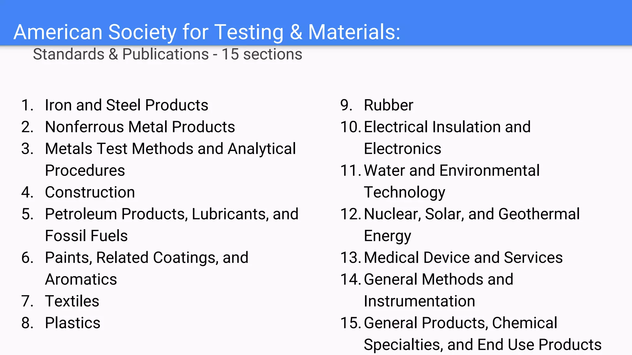 American Society for Testing & Materials:
Standards & Publications - 15 sections
1. Iron and Steel Products
2. Nonferrous Metal Products
3. Metals Test Methods and Analytical
Procedures
4. Construction
5. Petroleum Products, Lubricants, and
Fossil Fuels
6. Paints, Related Coatings, and
Aromatics
7. Textiles
8. Plastics
9. Rubber
10.Electrical Insulation and
Electronics
11.Water and Environmental
Technology
12.Nuclear, Solar, and Geothermal
Energy
13.Medical Device and Services
14.General Methods and
Instrumentation
15.General Products, Chemical
Specialties, and End Use Products
 