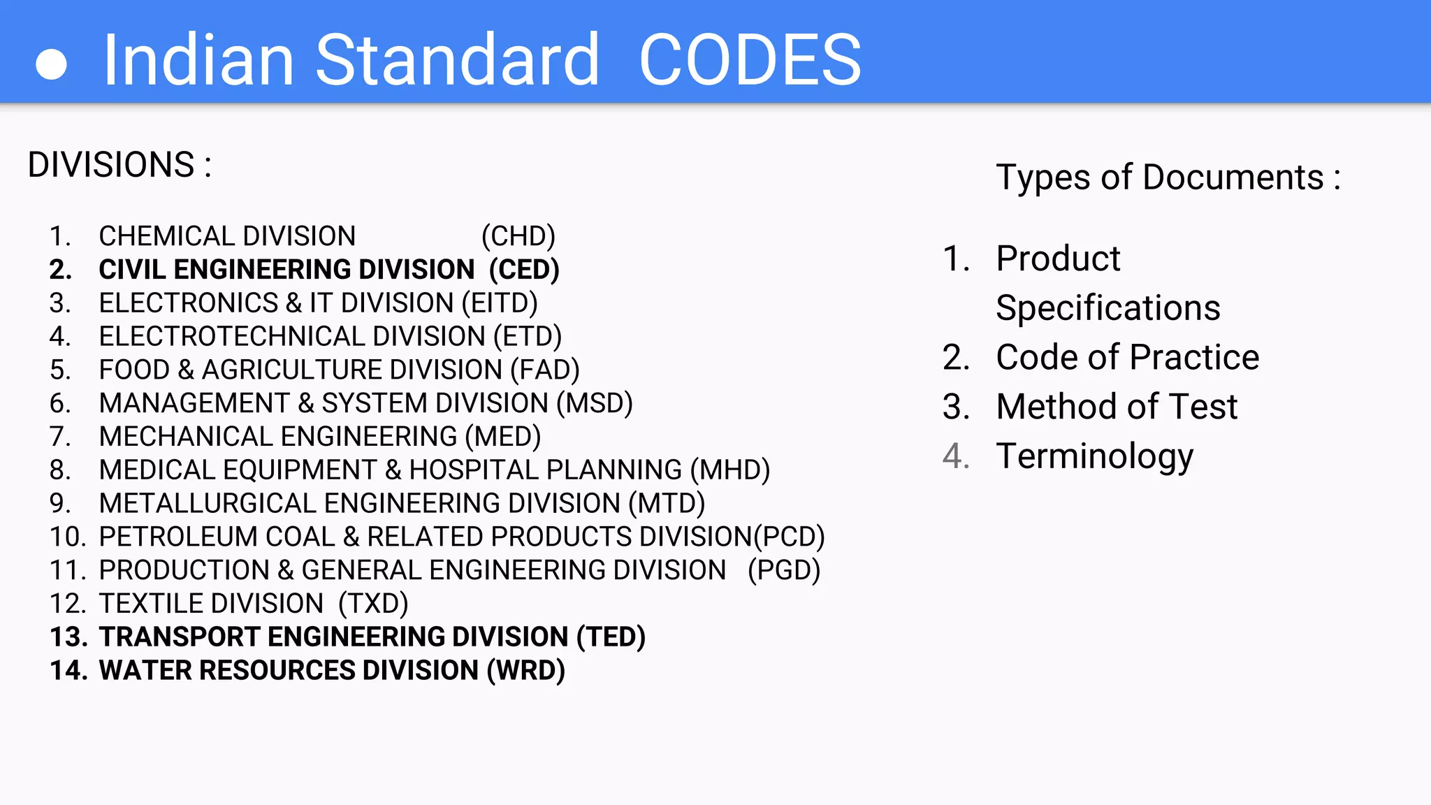 ● Indian Standard CODES
Types of Documents :
1. Product
Specifications
2. Code of Practice
3. Method of Test
4. Terminology
DIVISIONS :
1. CHEMICAL DIVISION (CHD)
2. CIVIL ENGINEERING DIVISION (CED)
3. ELECTRONICS & IT DIVISION (EITD)
4. ELECTROTECHNICAL DIVISION (ETD)
5. FOOD & AGRICULTURE DIVISION (FAD)
6. MANAGEMENT & SYSTEM DIVISION (MSD)
7. MECHANICAL ENGINEERING (MED)
8. MEDICAL EQUIPMENT & HOSPITAL PLANNING (MHD)
9. METALLURGICAL ENGINEERING DIVISION (MTD)
10. PETROLEUM COAL & RELATED PRODUCTS DIVISION(PCD)
11. PRODUCTION & GENERAL ENGINEERING DIVISION (PGD)
12. TEXTILE DIVISION (TXD)
13. TRANSPORT ENGINEERING DIVISION (TED)
14. WATER RESOURCES DIVISION (WRD)
 