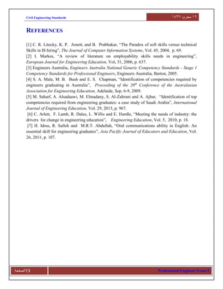 91‫محرم‬،9341Civil Engineering Standards
Professional Engineer Exam 𝚰‫31الصفحة‬
REFERENCES
[1] C. R. Litecky, K. P. Arnett, and B. Prabhakar, “The Paradox of soft skills versus technical
Skills in IS hiring”, The Journal of Computer Information Systems, Vol. 45, 2004, p. 69.
[2] I. Markes, “A review of literature on employability skills needs in engineering”,
European Journal for Engineering Education, Vol. 31, 2006, p. 637.
[3] Engineers Australia, Engineers Australia National Generic Competency Standards - Stage 1
Competency Standards for Professional Engineers, Engineers Australia, Barton, 2005.
[4] S. A. Male, M. B. Bush and E. S. Chapman, “Identification of competencies required by
engineers graduating in Australia”, Proceeding of the 20th
Conference of the Australasian
Association for Engineering Education, Adelaide, Sep. 6-9, 2009.
[5] M. Saharf, A. Alsadaawi, M. Elmadany, S. Al-Zahrani and A. Ajbar, “Identification of top
competencies required from engineering graduates: a case study of Saudi Arabia”, International
Journal of Engineering Education, Vol. 29, 2013, p. 967.
[6] C. Arlett, F. Lamb, R. Dales, L. Willis and E. Hurdle, “Meeting the needs of industry: the
drivers for change in engineering education”, Engineering Education, Vol. 5, 2010, p. 18.
[7] H. Idrus, R. Salleh and M.R.T. Abdullah, “Oral communications ability in English: An
essential skill for engineering graduates”, Asia Pacific Journal of Educators and Education, Vol.
26, 2011, p. 107.
 