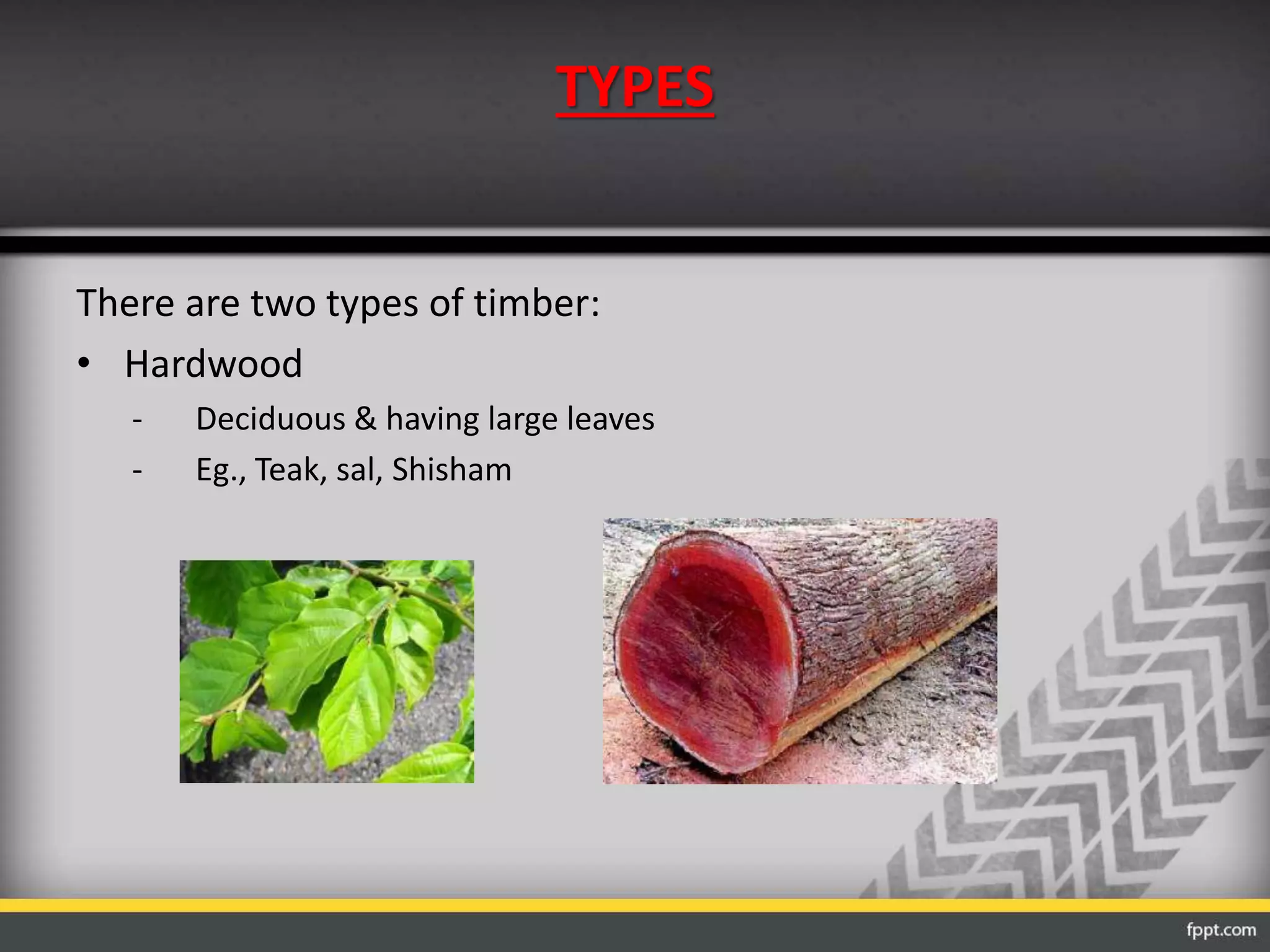 TYPES
There are two types of timber:
• Hardwood
- Deciduous & having large leaves
- Eg., Teak, sal, Shisham
 
