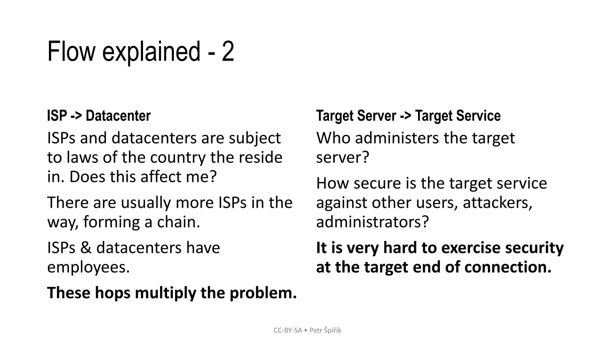 Flow explained - 2
ISP -> Datacenter
ISPs and datacenters are subject
to laws of the country the reside
in. Does this affect me?
There are usually more ISPs in the
way, forming a chain.
ISPs & datacenters have
employees.
These hops multiply the problem.
Target Server -> Target Service
Who administers the target
server?
How secure is the target service
against other users, attackers,
administrators?
It is very hard to exercise security
at the target end of connection.
CC-BY-SA • Petr Špiřík
 