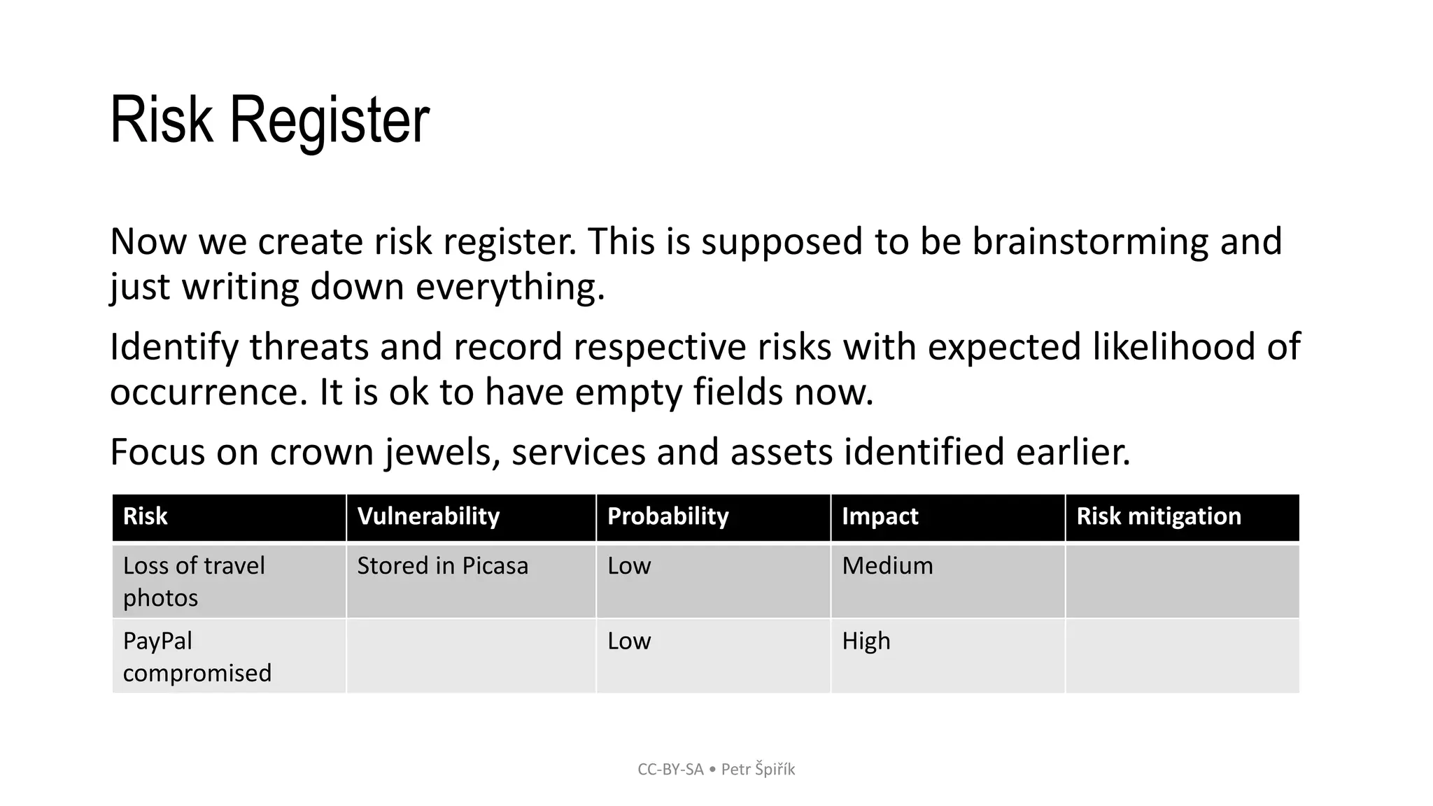 Risk Register
Now we create risk register. This is supposed to be brainstorming and
just writing down everything.
Identify threats and record respective risks with expected likelihood of
occurrence. It is ok to have empty fields now.
Focus on crown jewels, services and assets identified earlier.
Use low, medium, high as quantifiers for probability and impact.
CC-BY-SA • Petr Špiřík
Risk Vulnerability Probability Impact Risk mitigation
Loss of travel
photos
Stored in Picasa Low Medium
PayPal
compromised
Low High
 