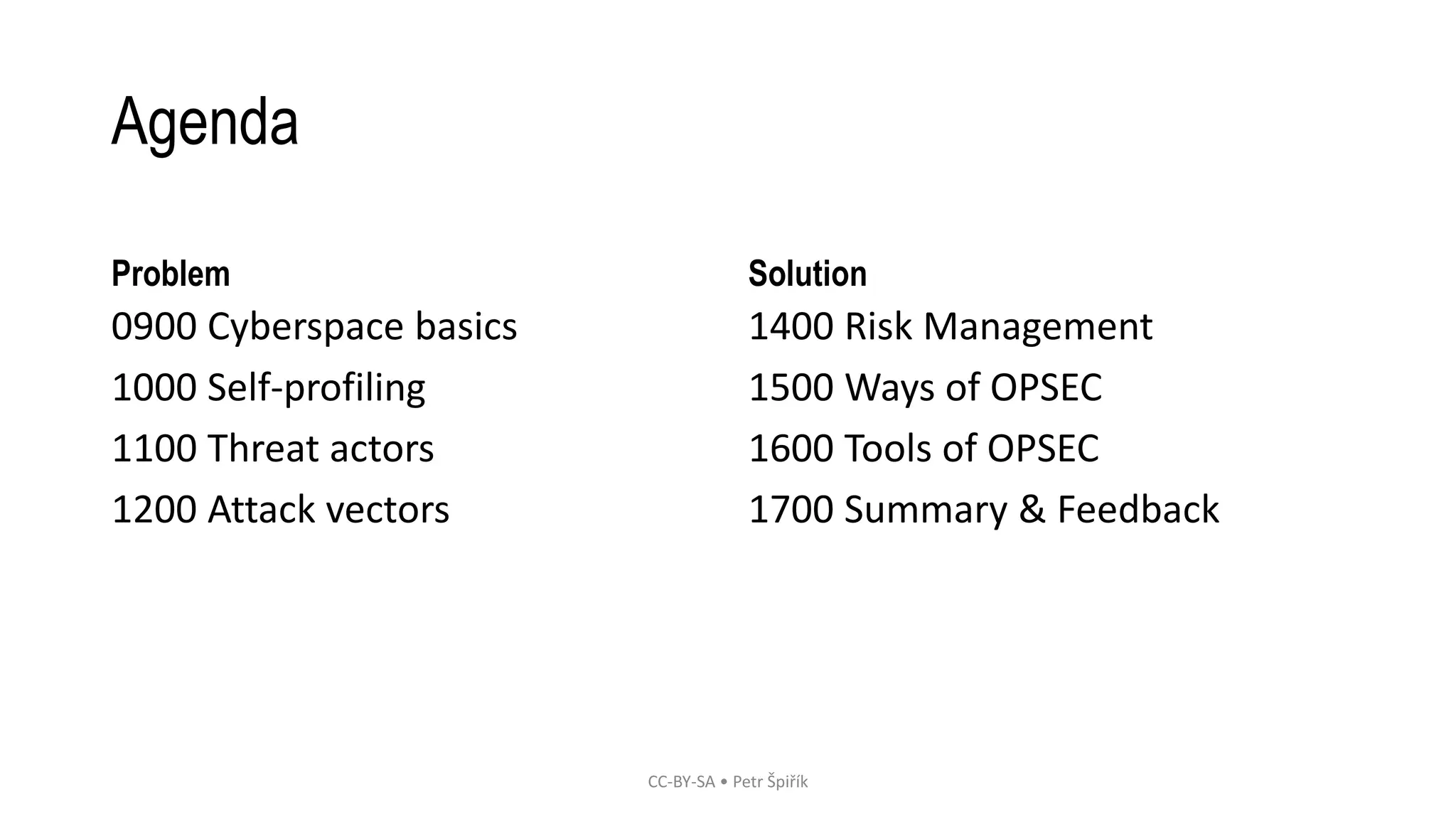 Agenda
Problem
0900 Cyberspace basics
1000 Self-profiling
1100 Threat actors
1200 Attack vectors
Solution
1400 Risk Management
1500 Ways of OPSEC
1600 Tools of OPSEC
1700 Summary & Feedback
CC-BY-SA • Petr Špiřík
 