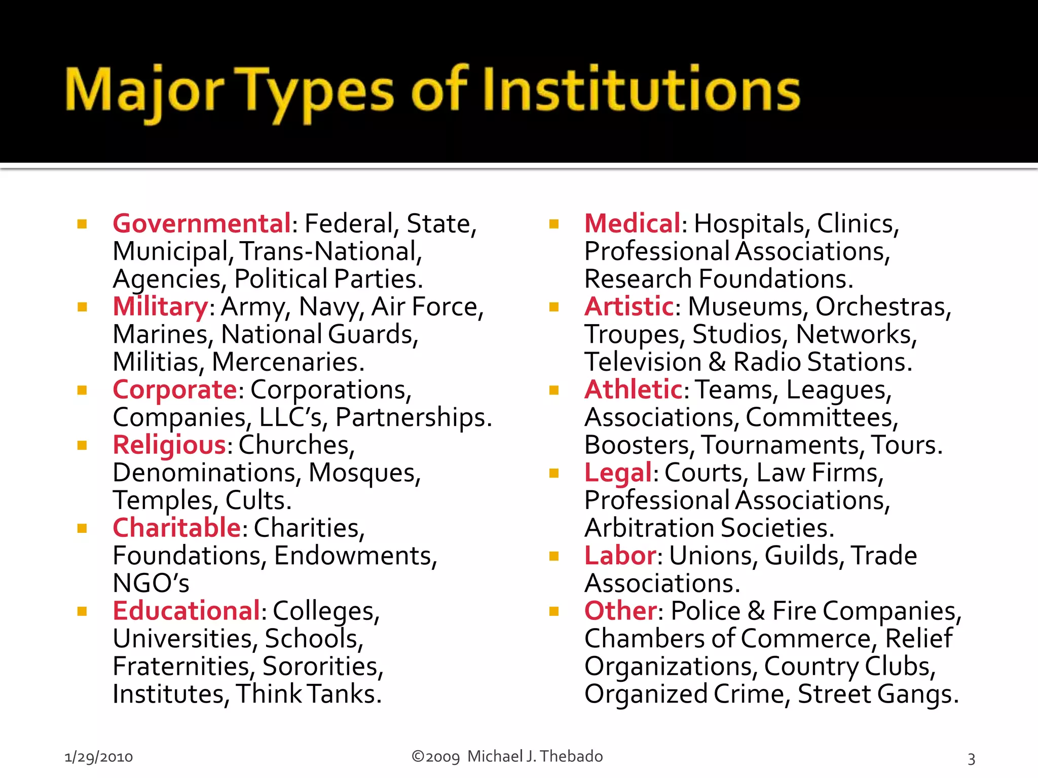 Major Types of InstitutionsGovernmental: Federal, State, Municipal, Trans-National, Agencies, Political Parties.