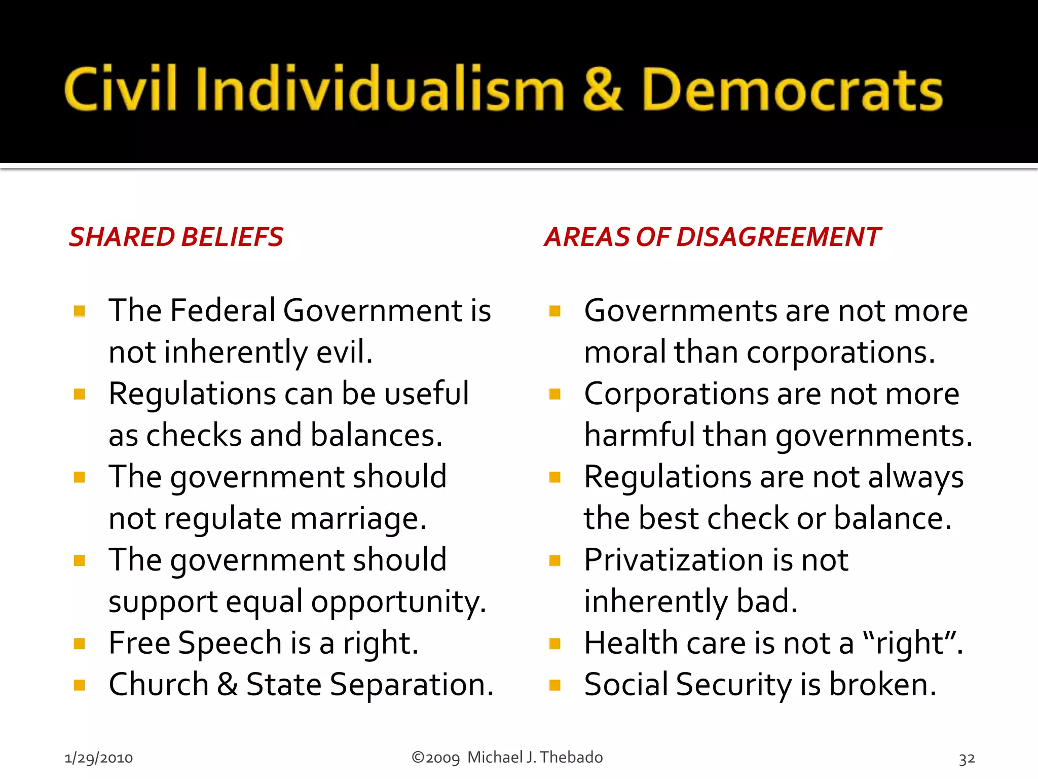Magnifying Personal FlawsInstitutions concentrate power, which can then be abused in the service of individual members of the institutional hierarchy.The effects of any personal flaw can be magnified by the application of institutional power and authority.The most typical personal flaws amplified by our institutions are greed, excessive ambition, incompetence and arrogance.1/29/2010                               ©2009  Michael J. Thebado15