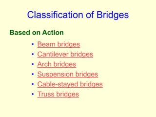 Classification of Bridges
• Beam bridges
• Cantilever bridges
• Arch bridges
• Suspension bridges
• Cable-stayed bridges
• Truss bridges
Based on Action
 