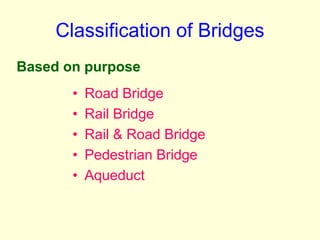 Classification of Bridges
• Road Bridge
• Rail Bridge
• Rail & Road Bridge
• Pedestrian Bridge
• Aqueduct
Based on purpose
 