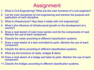 Assignment
1. What is Civil Engineering? What are the main functions of a civil engineer?
2. List the main disciplines of civil engineering and mention the purpose and
application of each discipline.
3. What is infrastructure? How does it relate with civil engineering?
4. What is the influence of infrastructural growth on the development of a
country?
5. Draw a neat sketch of road cross section and list the components of road.
Mention the use of each component
6. Classify the roads according to different classification systems.
7. Draw a neat sketch of a dam and label its parts. Mention the use of each
component.
8. Classify the dams according to different classification systems.
9. What are the functions of roads, bridges & dams
10.Draw a neat sketch of a bridge and label its parts. Mention the use of each
component.
11.Classify the bridges according to different classification systems.
 