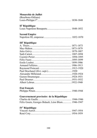 Monarchie de Juillet
(Bourbons-Orléans)
Louis-Philippe Ier..................................................... 1830-1848

IIe République
Louis Napoléon Bonaparte...................................... 1848-1852

Second Empire
Napoléon III, empereur............................................ 1852-1870

IIIe République
A. Thiers.................................................................. 1871-1873
Mac-Mahon............................................................. 1873-1879
Jules Grévy.............................................................. 1879-1887
Sadi-Carnot.............................................................. 1887-1894
Casimir-Perier.......................................................... 1894-1895
Félix Faure................................................................1895-1899
Emile Loubet........................................................... 1899-1906
Armand Fallières..................................................... 1906-1913
Raymond Poincaré....................................................1913-1920
Paul Deschanel (févr.-sept.)......................................1920
Alexandre Millerand.................................................1920-1924
Gaston Doumergue...................................................1924-1931
Paul Doumer.............................................................1931-1932
Albert Lebrun...........................................................1932-1940

Etat français
Philippe Pétain......................................................... 1940-1944

Gouvernement provisoire de la République
Charles de Gaulle..................................................... 1944-1946
Félix Gouin, Georges Bidault, Léon Blum.............. 1946-1947

IVe République
Vincent Auriol......................................................... 1947-1954
René Coty................................................................ 1954-1959




                                    188
 