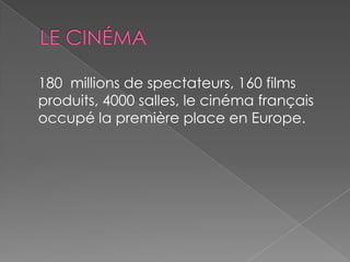 180 millions de spectateurs, 160 films
produits, 4000 salles, le cinéma français
occupé la première place en Europe.
 