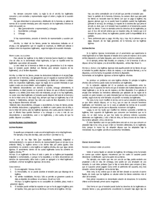 40
No siempre concurren todos. La regla la da el art.1183 los legitimarios
concurren y son excluidos y representados según el orden y reglas de la sucesión
intestada.
Así, para determinar la concurrencia y distribución de la herencia, se aplican las
normas de la sucesión intestada, pero sólo respecto de los legitimarios. Entonces el
orden desucesión es:
1. Hijos [personalmente orepresentados] y cónyuges.
2. Ascendientes ycónyuge.
3. Cónyuge.
Si hay representantes, procede el derecho de representación y suceden por
estirpe.
Art.1184. La mitad de los bienes, previas las deducciones indicadas en el
art.959, y las agregaciones que en seguida se expresan, se dividirá por cabezas o
estirpes entre losrespectivos legitimarios, segúnlasreglas delasucesión intestada.
MONTO GLOBAL DELA LEGÍTIMA
Para calcular las legítimas la ley divide la herencia [acervo líquido] en mitades.
Una de ellas es la denominada mitad legitimaria, la que se repartirá entre los
legitimarios queexistan delcausante.
La otra mitad de la herencia se divide en dos, generándose la 4ª de mejoras
[que el testador puede distribuir con libertad, pero siempre respecto de los
legitimarios] yla4ª delibre disposición.
Art.1184. La mitad de los bienes, previas las deducciones indicadas en el art.959 [bajas
generales de la herencia], y las agregaciones que en seguidase expresan [arts.1185a
1187; acervos imaginarios, posibles acumulaciones], se dividirá por cabezas o estirpes
entre los respectivos legitimarios, según las reglas de la sucesión intestada; lo que
cupiere acada uno enesadivisión serásulegítima rigorosa.
No habiendo descendientes con derecho a suceder, cónyuge sobreviviente, ni
ascendientes, la mitad restante es la porción de bienes de que el difunto hapodido
disponer a su arbitrio. [Este inciso está mal redactado, ya que si no hay legitimarios,
no existe estamitad legitimariay el testador puede disponer del total de laherenciay
no de la mitad como se dice aquí]. Hoy, siempre que haya un legitimario, hay 4ª de
mejoras. Y habiéndolos, siempre hay sólo una cuarta de libre disposición. Si no los
hay, sedispone libremente deltotal.
Habiendo tales descendientes, cónyuges o ascendientes, la masa de bienes, previas
las referidas deducciones y agregaciones, se dividirá en cuatro partes: dos de ellas, o
sea la mitad del acervo, para las legítimas rigurosas; otra cuarta, paralas mejoras con
que el difunto haya querido favorecer a su cónyuge o a uno o más de sus
descendientes o ascendientes, sean o no legitimarios, y otra cuarta, de que ha
podido disponer asuarbitrio.
LEGÍTIMA RIGOROSAYLEGÍTIMAEFECTIVA
LEGÍTIMA RIGOROSA
Es aquella que corresponde a cada unodeloslegitimarios enla mitadlegitimaria.
Por ejemplo, sihay sólo doshijos, cada uno lleva¼ [lamitad es½].
Si uno de los hijos falta [por repudiación, incapacidad, indignidad o
desheredamiento] y no opera el derecho de representación [pues en tal caso no se
entiende faltar], su legítima acrece a los demás hijos por partes iguales. Este
acrecimiento no convierte a esta legítima en legítima efectiva, sino que sigue siendo
rigorosa. El acrecimiento dentro de las cuotas legitimarias nunca las convierte en
legítima efectiva. **
Art.1190. Si un legitimarlo no lleva el todo o parte de su legítima por incapacidad,
indignidad o exheredación, o porque la ha repudiado, y no tiene descendencia con
derecho de representarlo, dicho todo o parte se agregará a la mitad legitimaria y
contribuirá aformar laslegítimas rigorosas delosotros.
CARACTERÍSTICAS
i. Esunaasignación forzosa. Art.1167.
ii. Es irrenunciable, no se puede autorizar al testador para que disponga de la
legítima.
iii. No admite modalidades. Art.1192.1. Sólo se permite un gravamen cuando se
deja undepósito deconfianza enunbanco. Art.48 no.7 LGB.
Art.1192.1. La legítima rigorosa no es susceptible de condición, plazo, modo o
gravamen alguno.
iv. El testador puede señalar las especies en que se hade pagar lalegítima, pero
sin tasarlas. Esto, para quenosedisminuya elmonto delalegítima. Art.1197.
Hay una cierta contradicción con el art.1318 que permite al testador para
hacer la partición de la herencia. Entonces, los autores dicen que para partir
los bienes es necesario tasar los bienes con que se paga la legítima. Así,
algunos piensan que no se puede hacer la partición cuando hay legitimarios
[primaría el art.1197]. Sin embargo, la mayoría de la doctrinadice que prima el
art.1318, es decir, que si el testador hace lapartición en el testamento, puede
tasar los bienes. Y esto no atentaríacontralos derechos de los legitimarios, ya
que el inc.2 del art.1318 ordena que se respeten ellas, de manera que si el
testador las pasa a llevar, los legitimarios pueden pedir la inoponibilidad de la
partición.
v. Tiene preferencia para su pago. Art.1189, 1193 y 1194. Así, lo primero que se
paga, después de las bajas generales de la herencia, son las legítimas
rigorosa.
LEGÍTIMA EFECTIVA
Es la legítima rigorosa incrementada con el acrecimiento que experimenta la
mitad legitimaria al no haber dispuesto el testador de la cuarta de mejoras o de la cuarta
delibre disposición o,de haber dispuesto, pero nolohahecho conforme aderecho.
En el ejemplo, ambos hijos llevarían, en conjunto, ½ de la herencia. Si sólo se
dispuso dela4ª demejoras yno deladelibre disposición, ambos hijos llevan ¾.
Art.1191.1.2. Acrece a las legítimas rigorosas todaaquellaporción de los bienes de que
el testador ha podido disponer a título de mejoras, o con absoluta libertad, y no ha
dispuesto, osilohahecho, haquedado sinefecto ladisposición.
Aumentadas así laslegítimas rigorosas sellaman legítimas efectivas.
Se produce un problema con esta legitima efectiva. En principio la legítima
efectiva sólo seformacuando todos losherederos son legitimarios.
En la redacción originaria del CC se producía una contradicción entre los
arts.996 y 1191. El supuesto de hecho eraque el testador sólo hubieradispuesto de la
mitad legitimaria y no de las 4as de mejoras y de libre disposición. Si se aplicaba el
art.996 eran llamados los herederos abintestato por aplicación de las reglas de la
sucesión en parte testada y en parte intestada [por ser éstaunasucesión mixta]. En
cambio, segúnelart.1191 eran llamados alaporción no testada, loslegitimarios.
Por esto, la ley 10.271 modificó el art.1191, con lo cual se solucionó el problema,
ya que dicho artículo dispuso, en su inc.3, que en caso de concurrir herederos
legitimarios con herederos que no lo sean, se aplicarían las normas de la sucesión
intestada, demanera quelas 4asno dispuestas noacrecen alalegítima.
Luego, la con ley 19.585 que modificó los órdenes sucesorios y también las
legítimas, este supuesto de legitimarios que concurran con herederos que no lo
sean, no se dará nunca, ya que hoy todos los primeros órdenes sucesorios
abintestato son legitimarios, y sólo a falta de ellos, se llama al resto de los órdenes.
Así, notiene aplicación elinc.3 delart.1191.
El único hipotético caso en que podríadarse esto aún es sies que concurre un
adoptado bajo la ley 7.613, ya que si bien es heredero abintestato, no es legitimario.
Esto, porque la nueva ley de adopción dispuso que los adoptados bajo la
mencionada ley,seregirían porellaensusderechos hereditarios.
CÁLCULO DELASLEGÍTIMAS
NOCIONES GENERALES SOBRE LOS ACERVOS
Sobre el acervo líquido se calculan las legítimas. Sin embargo, laley hatomado
en cuenta que existen algunos mecanismos por los cuales el causante puede
distorsionar ladistribución quelaleyquiere desusbienes.
Por ejemplo, una madre que vive con una de sus hijas, podría venderle una
propiedad a ella en vida. Sin embargo, esto podría ser una simulación de una
donación, lo cual debe probarse [que la hija no tenía dinero para comprar el bien,
que el supuesto precio pagado nunca entró al patrimonio del causante, etc]. Esta
donación vulnera laslegítimas delosdemás hijos.
Ante esto, la ley ordena que el valor del bien donado se acumule al acervo
líquido, de modo que las legítimas se calculan sobre los bienes existentes más el
valor delodonado.
Este primer mecanismo es denominado colación de donaciones. En ladoctrina
chilena selehallamado primer acervo imaginario.
Otra forma en que el testador puede burlar los derechos de los legitimarios es
donando bienes a 3os, generalmente encubriendo la donación bajo algún tipo de
 